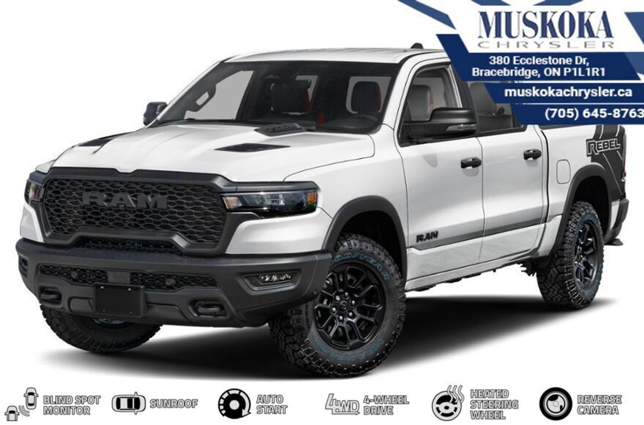 This RAM 1500 Rebel, with a 5.7L HEMI V-8 engine engine, features a 8-speed automatic transmission, and generates 11.6 highway/14.7 city L/100km. Find this vehicle with only 0 kilometers!  RAM 1500 Rebel Options: This RAM 1500 Rebel offers a multitude of options. Technology options include: Disassociated Touchscreen Display, GPS Antenna Input, GPS Navigation, Voice Recorder, 2 LCD Monitors In The Front.  Safety options include Airbag Occupancy Sensor, Curtain 1st And 2nd Row Airbags, Dual Stage Driver And Passenger Front Airbags, Dual Stage Driver And Passenger Seat-Mounted Side Airbags, ParkSense Front And Rear Parking Sensors.  Visit Us: Find this RAM 1500 Rebel at Muskoka Chrysler today. We are conveniently located at 380 Ecclestone Dr Bracebridge ON P1L1R1. Muskoka Chrysler has been serving our local community for over 40 years. We take pride in giving back to the community while providing the best customer service. We appreciate each and opportunity we have to serve you, not as a customer but as a friend