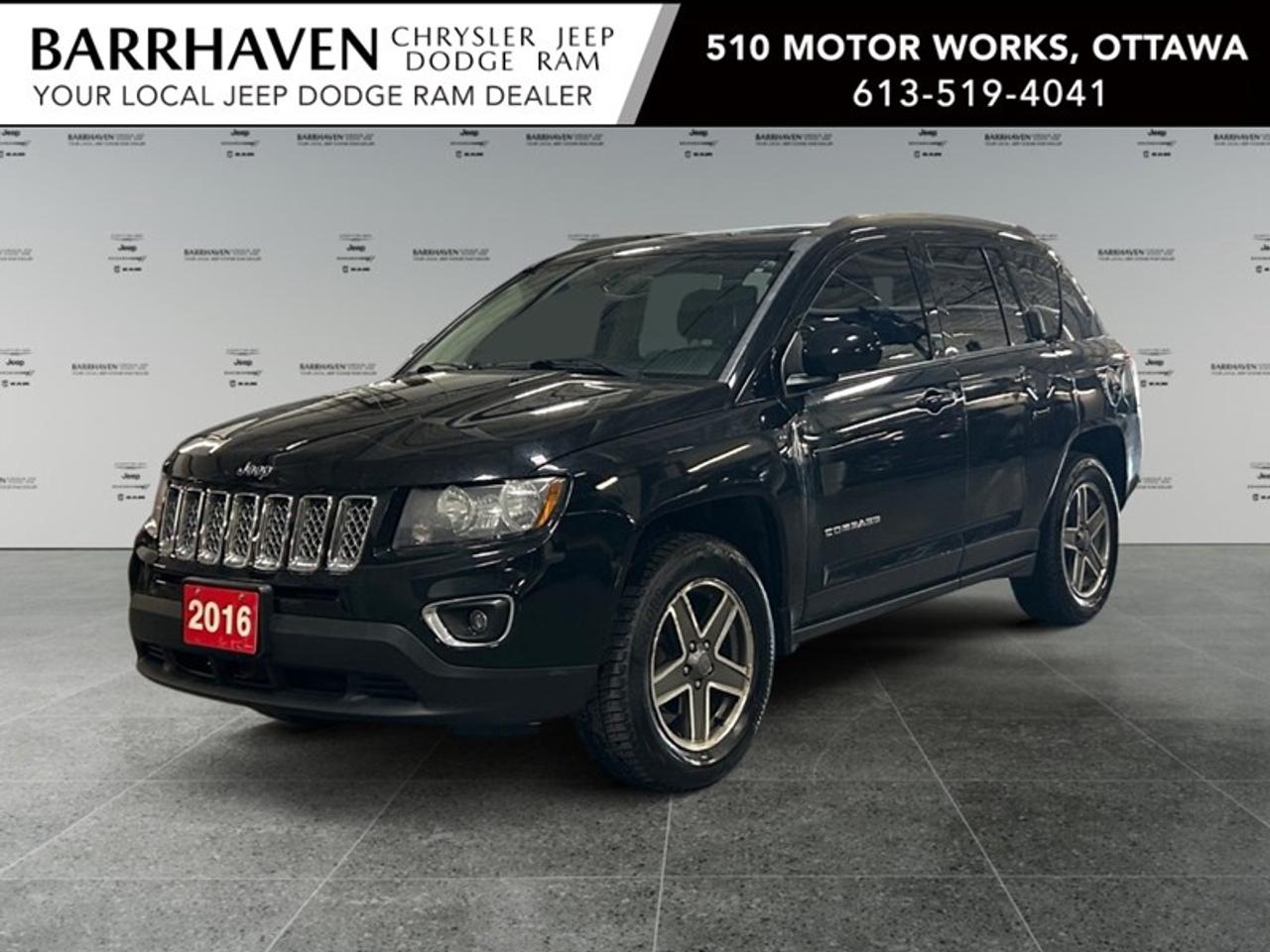 Introducing the 2016 Jeep Compass High Altitude in stunning Black with a robust 4×4 drivetrain, offering an above-average handling for those versatile road conditions. The exterior of this SUV comes with unique features such as Body-Colour Fascia with a Bright Insert, Bright Side Roof Rails, and Body-Colour Liftgate Applique that enhance its bold looks. The Bright Grille and Body-Colour Door Handles add a touch of sophistication, while the Power Sunroof completes the package, allowing sunlight to brighten up your drive. Inside, the Compass boasts a refined cabin with Silver Interior Accents and Deep Tint Sunscreen Glass that provides both style and comfort. It features a Power 6-Way Adjustable Driver Seat and Heated Front Seats wrapped in fine leather, along with a Leather-Wrapped Steering Wheel for that remarkable touch of luxury. The Rear 60/40 Folding & Reclining Seat ensures versatility for cargo space and passenger comfort. Tech-savvy buyers will appreciate the Steering Wheel-Mounted Audio Control for a seamless driving experience, and for those seeking safety, the brake assist feature provides added security on the road. Equipped with air conditioning and cruise control, every journey is set to be as comfortable as possible. This SUV is perfectly suited for families, adventurers, and those with a love for off-road exploration who value style and capability. Get in touch with our dealership today for more information and to schedule a test drive in this exquisite Jeep Compass High Altitude. *Advertised price is for finance purchases only. All cash purchases will be subject to an additional surcharge of $2,000.00. Paying retail price for purchase plus taxes and licensing* FREE CARFAX, NO ADMIN FEES, NON SMOKER, CERTIFIED PRICE PLUS TAX ONLY!!