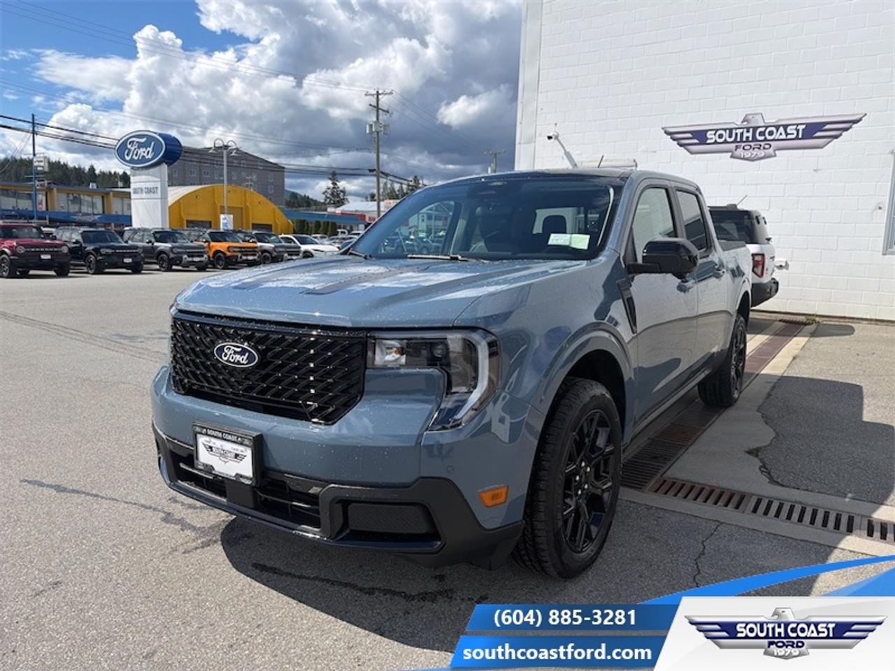 <b>Sunroof, 502A Equipment Group, Heated Seats, 19 Aluminum Wheels, Tow Package!</b><br> <br> The 2026 Ford Maverick delivers compact utility, bold styling and versatile capability in a pickup built for modern life.<br> <br>The 2026 Ford Maverick balances the utility of a pickup with the size and maneuverability tailored for daily use and light-duty tasks. Inside, the cabin features thoughtful materials, simple modern tech and seating designed to support every passenger comfortably. With its versatile footprint, confident styling and Fords reputation for dependability, the Maverick stands out as a smart choice for lifestyle-driven truck buyers.<br> <br>This Azure Grey Metallic Tri-coat Crew Cab 4X4 pickup has a 8 Speed Automatic transmission and is powered by a 250HP 2.0L 4 Cylinder Engine. <br> <br> Our Mavericks trim level is Lariat. This advanced hybrid pickup truck blends capability, efficiency, and premium technology, offering all-wheel drive, Class I towing with trailer sway control, spray-in bed liner, integrated storage, and a 1,500 lb maximum payload for confident hauling and utility. Inside, ActiveX heated front bucket seats with power lumbar, a heated leatherette steering wheel, voice-activated dual-zone automatic climate control, and a 13.2 SYNC 4 display with B&O sound, wireless Apple CarPlay/Android Auto, SiriusXM Traffic, connected navigation, 5G Wi-Fi hotspot, and keyfob remote start create a connected and comfortable cabin. Safety is exceptional with Ford Co-Pilot360 technologies including blind-spot assist, lane centering and lane-keeping aid, adaptive cruise with stop-and-go, aerial view and multiple cameras, reverse brake assist, pre-collision assist with automatic emergency braking and intersection support, front cross-traffic mitigation, front/rear parking sensors, Safety Canopy airbags, and electronic stability control with roll stability management. This vehicle has been upgraded with the following features: Sunroof, 502A Equipment Group, Heated Seats, 19 Aluminum Wheels, Tow Package, Black Appearance Package, Power Sliding Rear Window.<br><br> View the original window sticker for this vehicle with this url <b><a href=http://www.windowsticker.forddirect.com/windowsticker.pdf?vin=3FTTW8SA4TRA51425 target=_blank>http://www.windowsticker.forddirect.com/windowsticker.pdf?vin=3FTTW8SA4TRA51425</a></b>.<br> <br>To apply right now for financing use this link: <a href=https://www.southcoastford.com/financing/ target=_blank>https://www.southcoastford.com/financing/</a><br> <br/>4.99% financing for 84 months. <br> Buy this vehicle now for the lowest bi-weekly payment of <b>$388.49</b> with $0 down for 84 months @ 4.99% APR O.A.C. ( taxes included, $695 Administration Fee included / Total Obligation of $64316 ). Incentives expire 2026-07-31. See dealer for details. <br><br>Call South Coast Ford Sales or come visit us in person. Were convenient to Sechelt, BC and located at 5606 Wharf Avenue. and look forward to helping you with your automotive needs. <br><br> Come by and check out our fleet of 20+ used cars and trucks and 100+ new cars and trucks for sale in Sechelt.  o~o