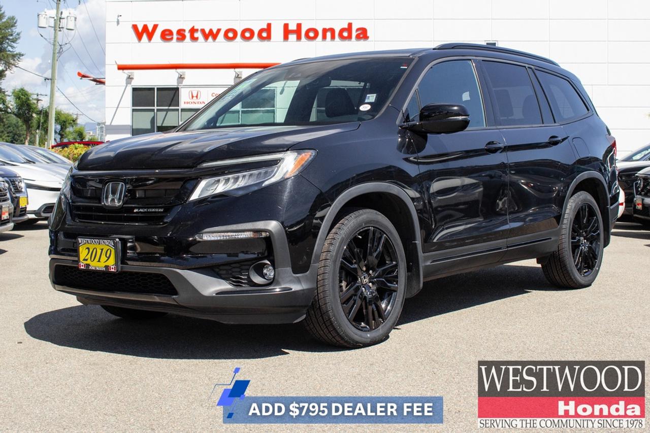 2019 Honda Pilot Black Edition Premium Family SUV with Exclusive Styling and ComfortThe 2019 Honda Pilot Black Edition combines three-row versatility with upscale styling, making it an excellent choice for families across Metro Vancouver. With distinctive Black Edition design elements and a spacious cabin, this Pilot delivers comfort for daily commuting, weekend sports schedules, and BC road trips alike.Key highlights include:* Black Edition exclusive exterior and interior styling* Leather-trimmed seating* Heated front and rear seats* Power tailgate* Apple CarPlay? and Android Auto? integration* Premium audio system* Three-row seating with flexible cargo spaceThe Black Edition sits at the top of the Pilot lineup, offering premium touches that elevate every drive. Whether youre navigating Coquitlam traffic, heading through Burnaby, or planning a Sea-to-Sky getaway, the Pilots refined ride and spacious interior help make every journey more enjoyable.Families will appreciate the versatile seating configurations, generous cargo capacity, and comfortable accommodations for passengers in all three rows. Its strong road presence and premium appointments make it equally suited for school runs and long-distance travel.At Westwood Honda in Port Moody, were proud to serve drivers throughout the Tri-Cities and Metro Vancouver with a transparent, customer-first experience.Every pre-owned vehicle includes our **BuySmart Program**, featuring a **Full CarProof vehicle history report**, **Mechanical inspection**, **2-month / 5,000km powertrain warranty**, **6-month tire, brake, battery, and bulb coverage**, **Professional detailing**, **Full tank of gas or full EV charge**, and **Market-based no-haggle pricing**. **Book your test drive today.****Apply for financing online today.****Reserve this vehicle before its gone.**## FAQs**Q: Is the 2019 Honda Pilot Black Edition good for families?**A: Yes, its three-row seating and flexible cargo area make it well-suited for growing families.**Q: How many passengers can the Pilot seat?**A: The Pilot offers seating for up to eight passengers, depending on configuration.**Q: Is this SUV comfortable for BC road trips?**A: The spacious cabin and premium interior features make longer drives more enjoyable.**Q: Can the Pilot handle Metro Vancouver commuting?**A: Yes, it provides a comfortable ride with excellent visibility and everyday practicality.**Q: Do you accept trade-ins at Westwood Honda?**A: Yes, we welcome trade-ins and can provide a vehicle appraisal as part of your purchase.**Q: Are financing options available?**A: Yes, Westwood Honda offers financing solutions for qualified buyers throughout the Tri-Cities and Metro Vancouver.