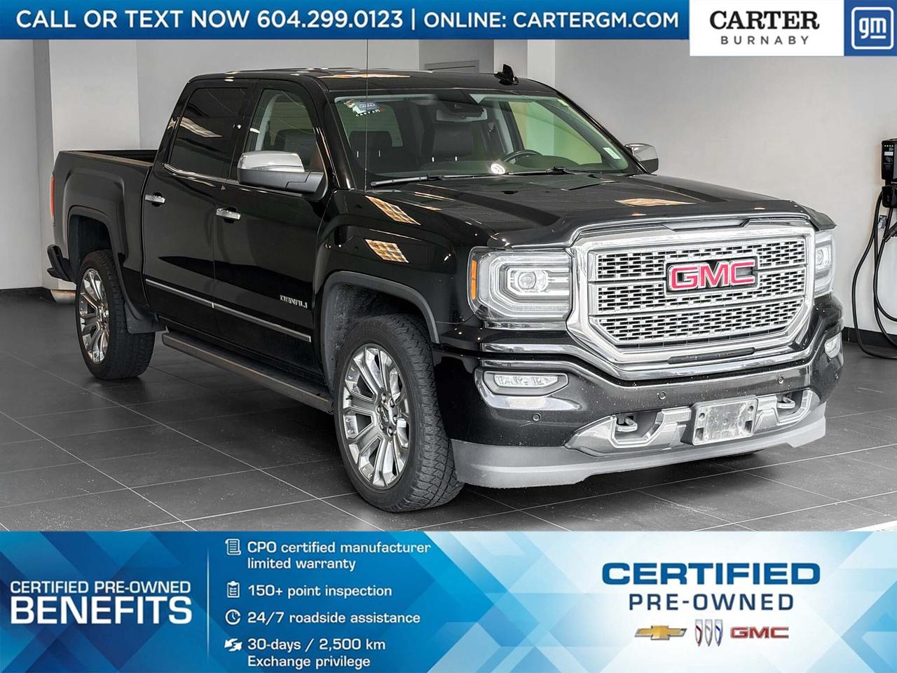 NO ACIDENTS | ONE OWNER. Experience premium power and capability in this 2017 GMC Sierra 1500 Denali 4WD. Equipped with a commanding 6.2L EcoTec3 V8 engine and MagneRide Magnetic Ride Control suspension, this truck delivers smooth handling and confident performance. Trailering equipment with 7-pin and 4-pin connectors makes towing easy, while features like the EZ-Lift and Lower tailgate, remote locking tailgate, Rear Vision Camera, Front and Rear Park Assist, and heated power-folding chrome mirrors add everyday convenience. HD Radio and advanced StabiliTrak safety technology complete this refined pickup. Come take it for a test drive today and experience all this stylish vehicle has to offer!

WHY CARTER GM BURNABY?

- An unrivalled vehicle purchasing experience!
- Exceeding our loyal customers expectations since 1963
- 4.5 Google star rating (with 2,300+ customer reviews)
- Cargurus Top-rated Dealer 2025 Award
- Cargurus Top Value Dealer 2025 Award
- 30-day / 2,500 km exchange privilege
- Peace of mind - 150-point vehicle inspection
- CARFAX - full vehicle service history - purchase with confidence!
- Vehicle trades welcome! Best price guaranteed!
- We provide upfront pricing, zero hidden fees, and 100% transparency
- Fast approvals and 99% acceptance rates (no matter your current credit status!)
- Multilingual staff (many languages spoken)
- Comfortable non-pressured environment with in-store television, WIFI and a childrens play area!
- In-store restaurant: fresh daily menu





Were here to help you drive the vehicle you want, the vehicle you deserve!
QUESTIONS? GREAT! WEVE GOT ANSWERS!
To speak with a friendly vehicle specialist - CALL NOW!
The advertised price includes all standard dealer fees and any applicable manufacturer or dealer incentives. It does not include applicable taxes, licensing, insurance, or optional products or services. Dealer fees will be clearly broken out and itemized on the bill of sale, maximum total of fees $595.00. Prices are shown in Canadian dollars. While we make every effort to ensure accuracy, vehicle details, pricing, options, and availability are subject to change without notice. Please confirm all information with dealership sales management before purchase. Dealer Code: 81129