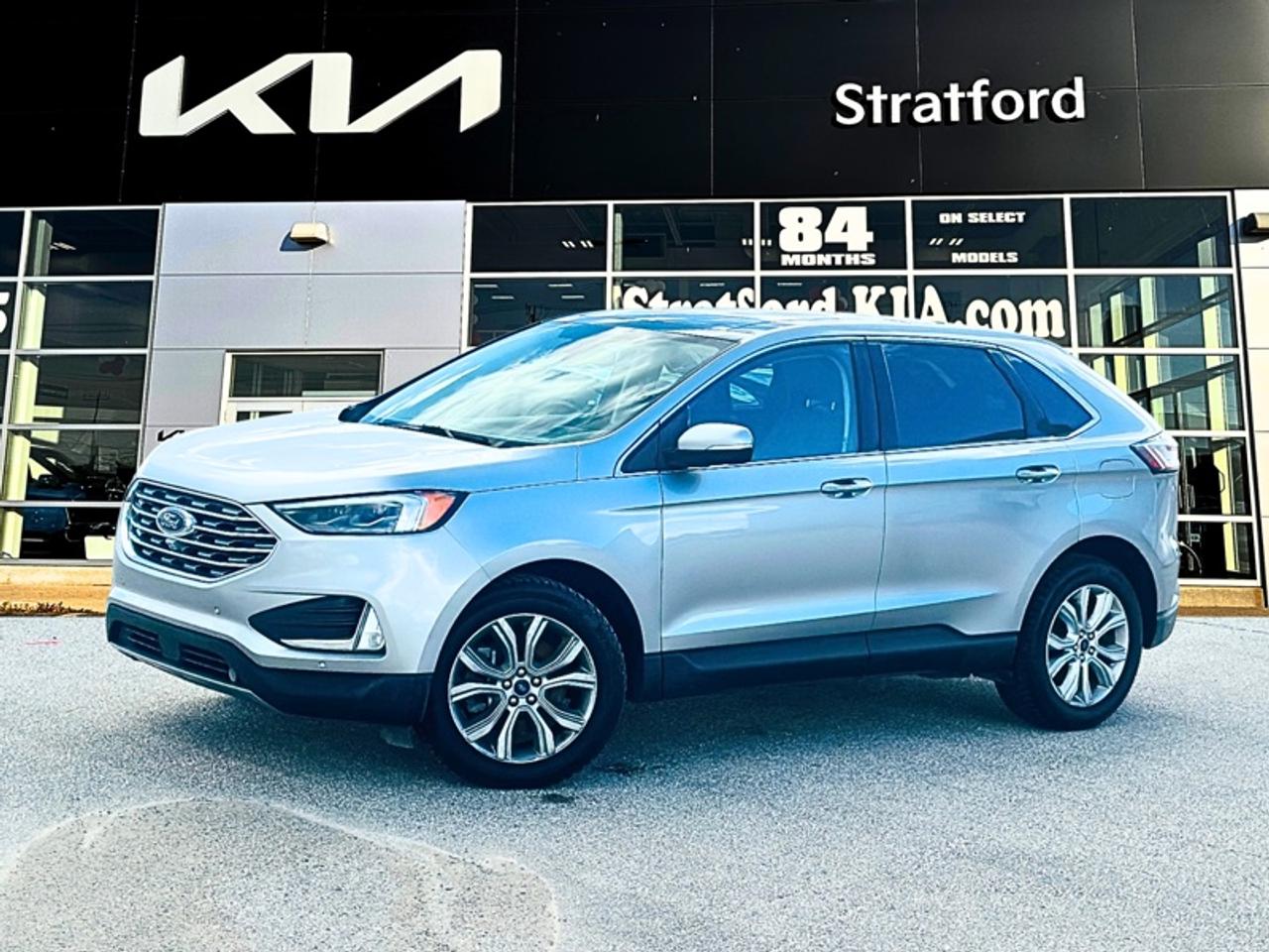 <b>Leather Seats,  Premium Audio,  Heated Seats,  Power Liftgate,  Apple CarPlay!</b><br> <br> Stratford Kia Used Cars & Pre-Owned Superstore: We sell all makes and models.<br><br>Audi, Acura, Alfa Romeo, BMW, Buick, Cadillac, Chevrolet, Chrysler, Dodge, Ram, Ferrari, Ford, GMC, Genesis, Honda, Hyundai, Infiniti, Jaguar, Jeep, Kia, Lamborghini, Land Cruiser, Lexus, Lincoln, Land Rover, Maserati, Mazda, Mercedes AMG, Mercedes Benz, Mini, Mitsubishi, Nissan, Porsche, Ram, Subaru, Tesla, Toyota, Volkswagen, Volvo.<br> <br>Fuel efficient with unstoppable performance, the Ford Edge is here to get you where ever you want to go. This 2022 Ford Edge is for sale today in Stratford.<br> <br>With meticulous attention to detail and amazing style, the Ford Edge seamlessly integrates power, performance and handling with awesome technology to help you multitask your way through the challenges that life throws your way. Made for an active lifestyle and spontaneous getaways, the Ford Edge is as rough and tumble as you are. Push the boundaries and stay connected to the road with this sweet ride!<br> <br>This SUV has 84,000 km. Its Iconic Silver Metallic in colour. It has an Automatic transmission and is powered by a 2.0L I4 16V GDI DOHC Turbo engine. It may have some remaining factory warranty, please check with dealer for details. <br> <br> Our Edges trim level is Titanium. Upgrading to this Edge Titanium is a great choice as it comes loaded with an impressive list of features including unique aluminum wheels and exterior chrome trim, a premium 12 speaker Bang & Olufsen sound system, a power rear liftgate, power and heated leather seats, FordPass Connect with a 4G LTE hotspot, a 12 inch touchscreen featuring SYNC 4, wireless Apple CarPlay and Android Auto, a leather wrapped steering wheel and dual zone automatic climate control. For added safety and convenience, you will also get Ford Co-Pilot360 with blind spot assist, lane keep assist, automatic emergency braking, lane departure warning, a proximity key for push button start, rear parking sensors, front fog lights, a remote engine start plus so much more. This vehicle has been upgraded with the following features: Leather Seats, Premium Audio, Heated Seats, Power Liftgate, Apple CarPlay, Android Auto, Remote Start.<br> To view the original window sticker for this vehicle view this <a href=http://www.windowsticker.forddirect.com/windowsticker.pdf?vin=2FMPK4K9XNBA49266 target=_blank>http://www.windowsticker.forddirect.com/windowsticker.pdf?vin=2FMPK4K9XNBA49266</a>. <br/><br> <br>To apply right now for financing use this link: <a href=https://www.stratfordkia.com/credit-application/ target=_blank>https://www.stratfordkia.com/credit-application/</a><br> <br/><br>While every effort is made to ensure accuracy, we are not responsible for any errors and omissions. ***In-stock vehicle may differ from online listing— Please confirm details with dealerPlease see your dealer for current pricing. <br><br>Stratford Kia is a proud member of the Trinity Auto Group. Serving Stratford and South Western Ontario. We invite you to experience our unparalleled Customer Service and truly enjoy your Car Buying experience, the way it should be. WE NEED YOUR TRADE! We offer top market value for trade ins. We also offer a great selection of Pre-Owned Vehicles. Our second-to-none reconditioning process and attention to detail are why our customers know they can buy with confidence. Experience the Stratford Kia difference today! 863 Erie Street. Stratford Ont. N5A 6S4<br> Come by and check out our fleet of 30+ used cars and trucks and 110+ new cars and trucks for sale in Stratford.  o~o