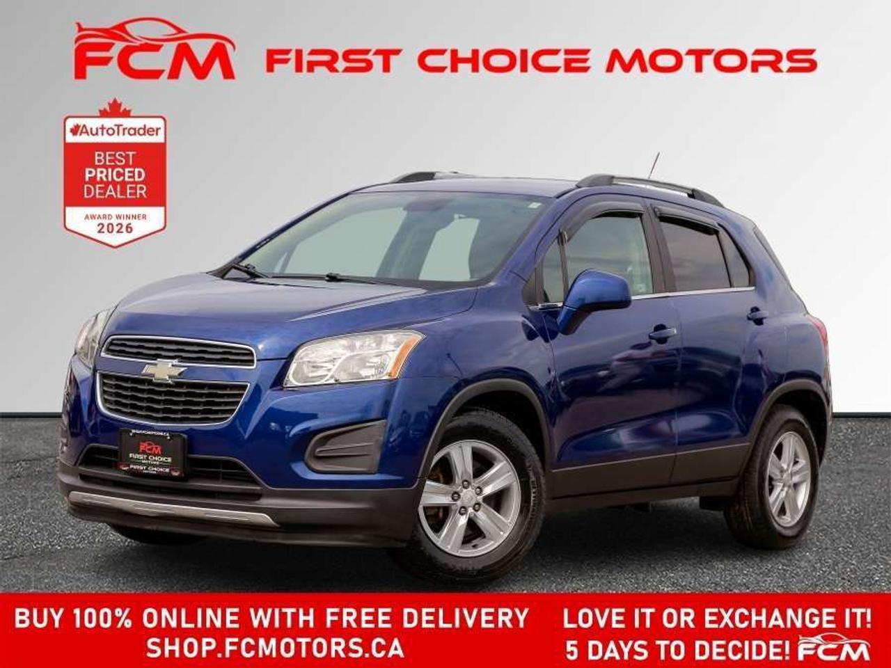 ** ** SPECIAL LIMITED TIME OFFER ** ** PURCHASE ANY VEHICLE THIS WEEK AND RECEIVE 4 BRAND-NEW ALL-SEASON TIRES AT NO ADDITIONAL COST!!! DONT MISS THIS EXCLUSIVE CHANCE TO UPGRADE YOUR RIDE AND STAY PREPARED FOR ANY WEATHER!!!       EXCITING NEWS FROM FIRST CHOICE MOTORS! Our brand-new online showroom is now open to the public, bringing the ultimate car shopping experience right to your fingertips! Enjoy a 100% online car shopping experience, with over 500 certified vehicles in stock, comprehensive protection plans, and thousands of new auto parts & accessories available! Plus, for a limited time, were offering FREE deliveries across Ontario on all vehicle purchases! Dont miss outvisit Shop.fcmotors.ca to find and upgrade your perfect vehicle today!      Welcome to First Choice Motors, the largest car dealership in Toronto of pre-owned cars, SUVs, and vans priced between $5000-$15,000. With an impressive inventory of over 300 vehicles in stock, we are dedicated to providing our customers with a vast selection of affordable and reliable options.       Were thrilled to offer a used 2015 Chevrolet Trax LT, blue color with 45,000km (STK#9990) This vehicle was $12990 NOW ON SALE FOR $11990. It is equipped with the following features:   - Automatic Transmission   - Heated seats   - Bluetooth   - Alloy wheels   - Power windows   - Power locks   - Power mirrors   - Air Conditioning      At First Choice Motors, we believe in providing quality vehicles that our customers can depend on. All our vehicles come with a 36-day guarantee on all safety related items. We also offer additional warranty options up to 5 years for our customers who want extra peace of mind.      Furthermore, all our vehicles are sold fully certified with brand new brakes rotors and pads, a fresh oil change, and brand new set of all-season tires installed & balanced. You can be confident that this car is in excellent condition and ready to hit the road.      At First Choice Motors, we believe that everyone deserves a chance to own a reliable and affordable vehicle. Thats why we offer financing options with low interest rates starting at 7.9% O.A.C. Were proud to approve all customers, including those with bad credit, no credit, students, and even 9 socials. Our finance team is dedicated to finding the best financing option for you and making the car buying process as smooth and stress-free as possible.      Our dealership is open 7 days a week to provide you with the best customer service possible. We carry the largest selection of used vehicles for sale under $9990 in all of Ontario. We stock over 300 cars, mostly Hyundai, Chevrolet, Mazda, Honda, Volkswagen, Toyota, Ford, Dodge, Kia, Mitsubishi, Acura, Lexus, and more. With our ongoing sale, you can find your dream car at a price you can afford. Come visit us today and experience why we are the best choice for your next used car purchase!      All prices include $22.00 OMVIC Fee.  Excludes, license plates, ownership registration and ONTARIO HST (13%)   *No Credit Card payments can be accepted for Vehicle Purchases*    *No Credit Card payments can be accepted for Vehicle Purchases*