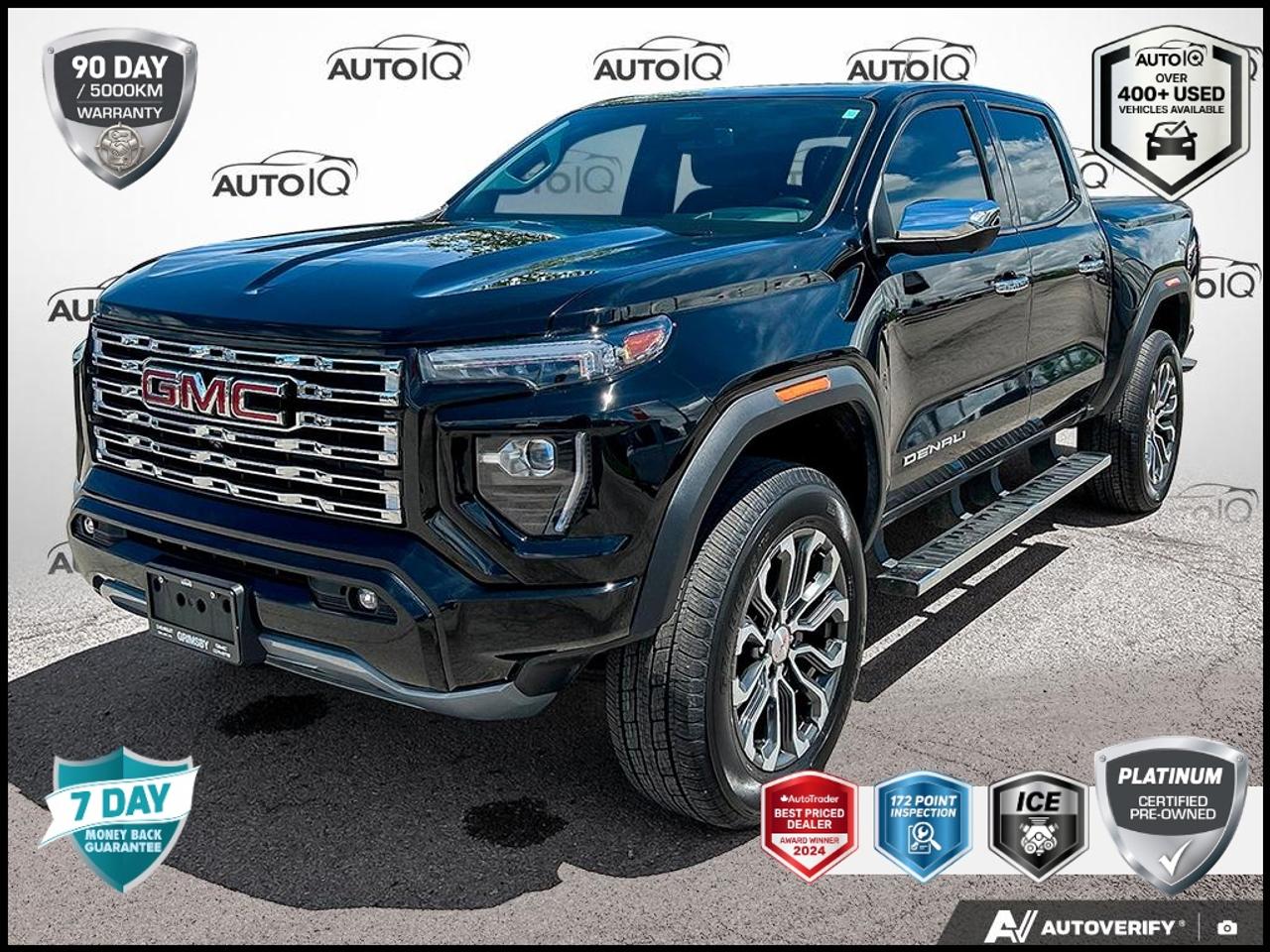 Recent Arrival!<br><br><br>CERTIFIED PREOWNED VEHICLE, One Owner, | No Accidents, | Apple CarPlay/Android Auto, | Non-Smoker, LOCAL TRADE, NEW TIRES, DETAILED, OIL CHANGE, 4WD, 120-Volt Bed Mounted Power Outlet, 2 1st Row USB Charge/Data Ports, 2 Rear USB Ports in Centre Console (Charge-Only), 220 Amps Alternator, 5 Rectangular Chrome Assist Steps, 6-Way Power Passenger Seat Adjuster, 8-Way Power Driver Seat Adjuster, Adaptive Cruise Control, Alloy wheels, AM/FM radio: SiriusXM with 360L, Apple CarPlay/Android Auto, Auto High-beam Headlights, Auto-dimming Rear-View mirror, Automatic Emergency Braking, Automatic Locking Rear Differential, Automatic Stop/Start, Blind Zone Steering Assist, Blind Zone Steering Assist w/Trailering, Canyon Pro Safety, Delay-off headlights, Driver & Front Passenger Illuminated Visors, Driver & Front Passenger Ventilated Seats, Driver Memory, Driver Seatback Map Pocket, Dual front impact airbags, Dual front side impact airbags, Dual-Zone Automatic Air Conditioning, Emergency communication system: OnStar, EZ-Lift & Lower Tailgate, Following Distance Indicator, Forward Collision Alert, Front anti-roll bar, Front Bucket Seats, Front fog lights, Front LED Fog Lamps, Front Pedestrian & Bicyclist Braking, Front wheel independent suspension, Genuine wood door panel insert, Hard Folding Truck Bed Cover (LPO), HD Surround Vision, Heads-Up Display, Heated Driver & Front Passenger Seats, Heated Power-Adjustable Outside Mirrors, Heated Steering Wheel, Inside Rear-View Auto-Dimming Mirror, Integrated Trailer Brake Controller, IntelliBeam Automatic High Beam On/Off, Interior Overhead Courtesy Light w/Dual Reading Lamp, Lane Keep Assist w/Lane Departure Warning, Low tire pressure warning, Manual Rear-Sliding Window, Memory seat, Multicolour 6.3 Diagonal Head-Up Display, MultiStow Tailgate, Navigation System, Occupant sensing airbag, Overhead airbag, Panic alarm, Perforated Leather-Appointed Seat Trim, Power Driver Lumbar Control Seat Adjuster, Power driver seat, Power Inner Sliding Glass Sunroof w/Manual Shade, Power Passenger Lumbar Control Seat Adjuster, Preferred Equipment Group 5SB, Premium 7-Speaker Bose Sound System, Premium audio system: Premium GMC Infotainment System, ProGrade Trailering System, Radio data system, Radio: 11.3 Diagonal Premium GMC Infotainment Sys, Rear Centre Fold-Down Armrest w/2 Cupholders, Rear Cross Traffic Braking, Rear of Console 120-Volt Power Outlet, Rear Pedestrian Alert, Rear-Window Electric Defogger, Remote Vehicle Starter System, Safety Alert Seat, Security system, SiriusXM w/360L, Split folding rear seat, Spray-On Bedliner, Stop/Start System Disable Button Engine Control, Tailgate Keyed Cylinder Lock, Tilt & Telescopic Manual Steering Column, Trailering App System, Trailering Package, Ultrasonic Rear Park Assist, Ventilated front seats, Wheels: 20 x 9 Diamond Cut Dark Grey Aluminum, Wireless Apple CarPlay/Wireless Android Auto, Wireless Charging.<br><br>Onyx Black Denali<br>PROGRADE TRAILERING PKG | HARD FOLDING TONNEAU COVER | POWER SUNTROOF | BLACK BADGES | VENTILATED AND HEATED SEATS | HEATED STEERING WHEEL 2024 GMC Canyon Denali  2.7L I4 Turbocharged DOHC 16V LEV3-SULEV30 310hp<br>8-Speed Automatic<br>4WD<p> </p>

<h4>PLATINUM CERTIFIED PRE-OWNED VEHICLE</h4>

<p>
- 36-point Provincial Safety Inspection<br>
- 172-point inspection combined mechanical, aesthetic, functional inspection including a vehicle report card<br>
- Warranty: 90-days or 5,000 KM on inspected mechanical items, factory extended options eligible for warranty up to 200,000 KM<br>
- Complimentary CARFAX Vehicle History Report<br>
- 3X Provincial safety standard for tire tread depth<br>
- 3X Provincial safety standard for brake pad thickness<br>
- 7 Day Money Back Guarantee*<br>
- Market Value Report provided<br>
- Guaranteed 2 keys/key fobs and door code (if equipped)<br>
- Equipped vehicles include a complimentary 3 month Sirius satellite radio subscription!<br>
- Complimentary full interior detailing and carpet shampoo<br>
- Paintless dent repair and/or touch-ups for applicable body panels<br>
- Vehicle scanned for open recall notifications from manufacturer
</p>

<p>SPECIAL NOTE: This vehicle is reserved for AutoIQs retail customers only. Please, no dealer calls. Errors & omissions excepted.</p>

<p>*As-traded, specialty or high-performance vehicles are excluded from the 7-Day Money Back Guarantee Program (including, but not limited to Ford Shelby, Ford mustang GT, Ford Raptor, Chevrolet Corvette, Camaro 2SS, Camaro ZL1, V-Series Cadillac, Dodge/Jeep SRT, Hyundai N Line, all electric models)</p>