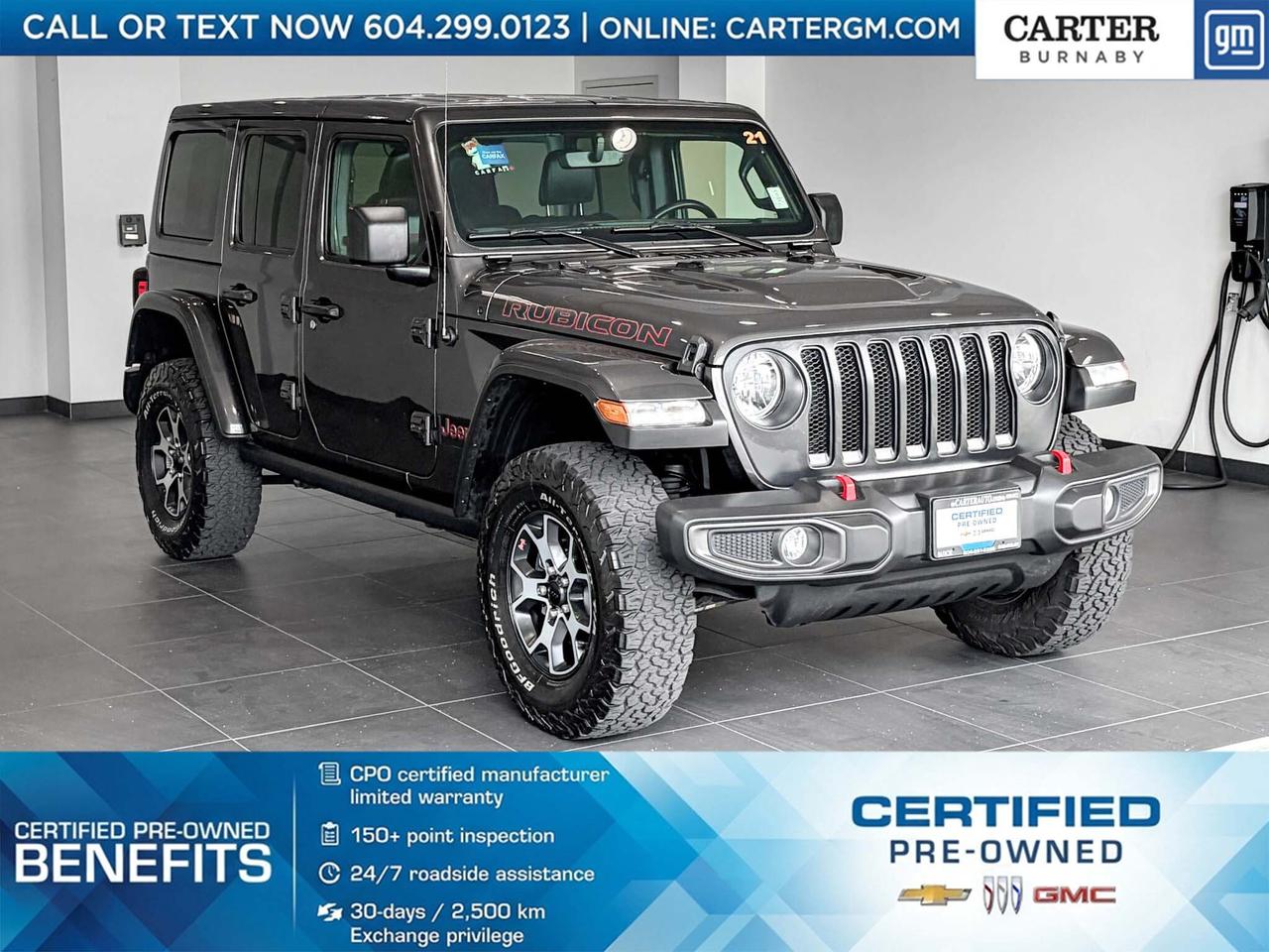 ONE OWNER
Built for adventure and ready for the trails, this 2021 Jeep Wrangler Unlimited Rubicon 4WD combines rugged capability with everyday comfort. Powered by a responsive 2.0L DOHC Turbocharged I-4 engine with ESS, it delivers confident performance on and off the road. HD gas-pressurized shocks, off-road suspension, and front and rear anti-roll bars help tackle challenging terrain with ease. Inside, enjoy a leather steering wheel, voice-activated dual-zone automatic climate control, and the added convenience of a ParkView Back-Up Camera. This iconic SUV is ready for your next journey. Come take it for a test drive today and experience all this stylish vehicle has to offer!

WHY CARTER GM BURNABY?

- An unrivalled vehicle purchasing experience!
- Exceeding our loyal customers expectations since 1963
- 4.5 Google star rating (with 2,300+ customer reviews)
- Cargurus Top-rated Dealer 2025 Award
- Cargurus Top Value Dealer 2025 Award
- 30-day / 2,500 km exchange privilege
- Peace of mind - 150-point vehicle inspection
- CARFAX - full vehicle service history - purchase with confidence!
- Vehicle trades welcome! Best price guaranteed!
- We provide upfront pricing, zero hidden fees, and 100% transparency
- Fast approvals and 99% acceptance rates (no matter your current credit status!)
- Multilingual staff (many languages spoken)
- Comfortable non-pressured environment with in-store television, WIFI and a childrens play area!
- In-store restaurant: fresh daily menu





Were here to help you drive the vehicle you want, the vehicle you deserve!
QUESTIONS? GREAT! WEVE GOT ANSWERS!
To speak with a friendly vehicle specialist - CALL NOW!
The advertised price includes all standard dealer fees and any applicable manufacturer or dealer incentives. It does not include applicable taxes, licensing, insurance, or optional products or services. Dealer fees will be clearly broken out and itemized on the bill of sale, maximum total of fees $595.00. Prices are shown in Canadian dollars. While we make every effort to ensure accuracy, vehicle details, pricing, options, and availability are subject to change without notice. Please confirm all information with dealership sales management before purchase. Dealer Code: 81129