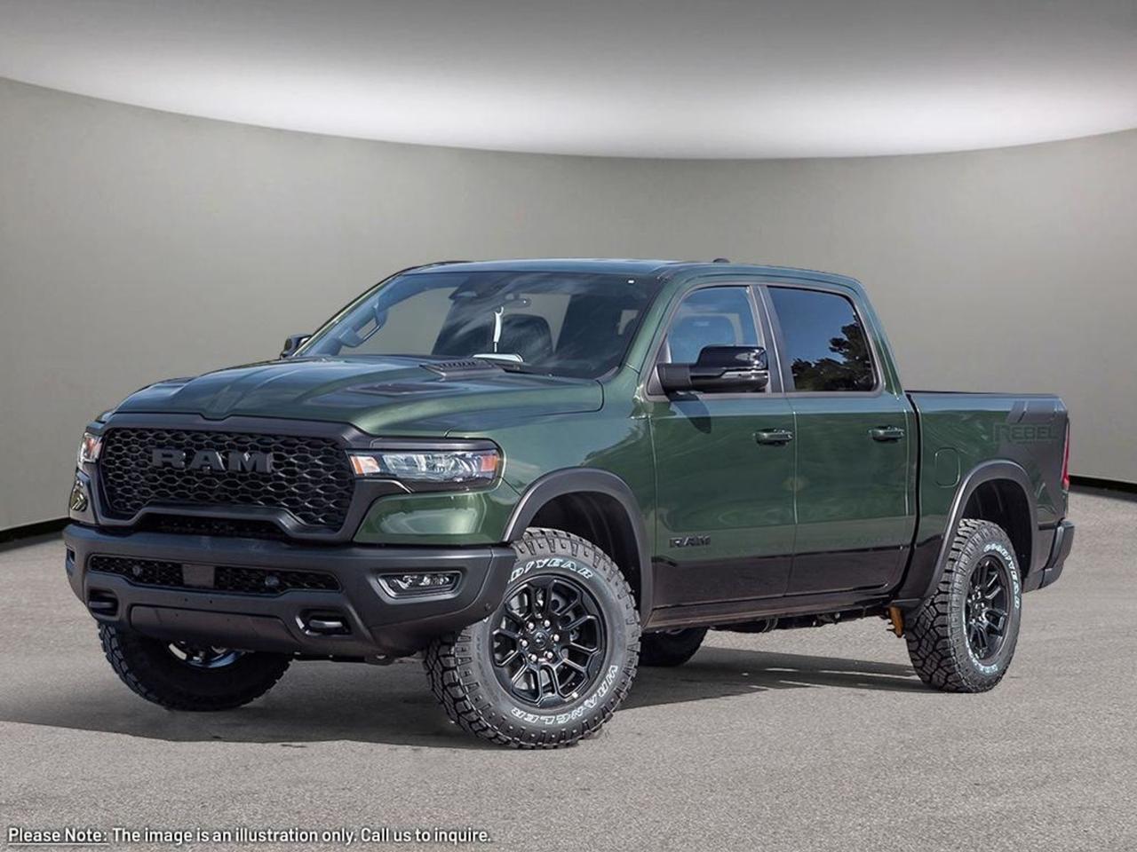 Experience the all-new 2026 Ram 1500 Rebel 4x4 Crew Cab  rugged capability meets refined luxury in stunning Serrano Green Metallic. Powered by a robust 5.7L HEMI V8 with eTorque and paired with an 8-speed automatic transmission, this Rebel delivers impressive performance and a smooth ride.Inside, enjoy premium leather-faced front bucket seats with ventilation and heating, a massive 14.4 Uconnect touchscreen with navigation, and advanced tech like a digital rearview mirror, head-up display, and a 19-speaker Harman Kardon sound system. Safety and convenience are top-notch with adaptive cruise control, trailer brake control, surround view cameras, and smartphone-as-key technology.Built to tow and conquer, it boasts a 7,100-lb GVWR, trailer tire pressure monitoring, and rugged LT275/70R18 all-terrain tires on bold 18 mid-gloss black wheels. The power tailgate, spray-in bedliner, and MOPAR deployable bed step make hauling effortless.Ready for any adventure with off-road suspension, advanced safety features, and a commanding presence, the 2026 Ram 1500 Rebel is the perfect blend of power, technology, and style.PRICING ADVERTISED IS REFLECTING THE CASH INCENTIVE AND CANNOT BE STACKED WITHLOW-RATEFINANCING, PRICING ADVERTISED CAN BE FINANCED. REACH OUT TO THE SALES TEAM TO GET YOUR QUOTE TAILORED TO HOW YOU WOULD LIKE TO BUYCALL AURORA DODGE NOW AT867-873-4222