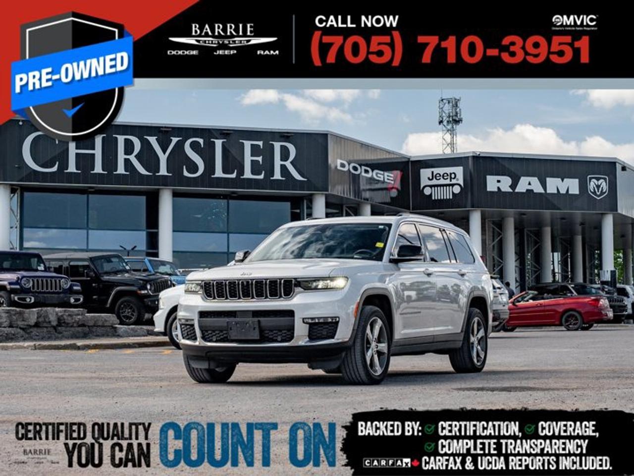 This vehicle is certified. You can trust that each certified vehicle goes through a 150-point inspection by our factory-trained master technicians. Our requirements exceed the provincial regulations of safety standards.With every detail disclosed and every standard met, confidence comes standard.Verified Vehicle History: CarFAX and UCDA reports included.Certified & Serviced: Oil, filters, and wipers replaced before delivery.Warranty You Can Trust: Up to 8 years or 200,000 KM of coverage.Finance Made Simple: Competitive rates for all credit profiles.Easy Exchange Program: Return within 7 days or 500 KM.Thank you for choosing Barrie Chrysler Dodge Jeep Ram, where the easy car-buying experience is all about you! Visit our expansive 50-car indoor showroom and view the hundreds of vehicles available, both on-site and off-site. We are located right in the heart of Barrie, on Dunlop St W, just off of Highway 400. - 395 Dunlop St W, Barrie, ON.We pay cash for cars, even if you dont buy one from us!Silver 2022 Jeep Grand Cherokee L Limited 4D Sport Utility Pentastar 3.6L V6 VVT 8-Speed Automatic 4WDWe utilize real-time third-party software to price our vehicles, ensuring they align with the daily average market price. For that reason, our vehicles are priced competitively.We have over 100 pre-owned vehicles available onsite, with extra off-site inventory available at all times. Prices are plus HST and licensing fee.