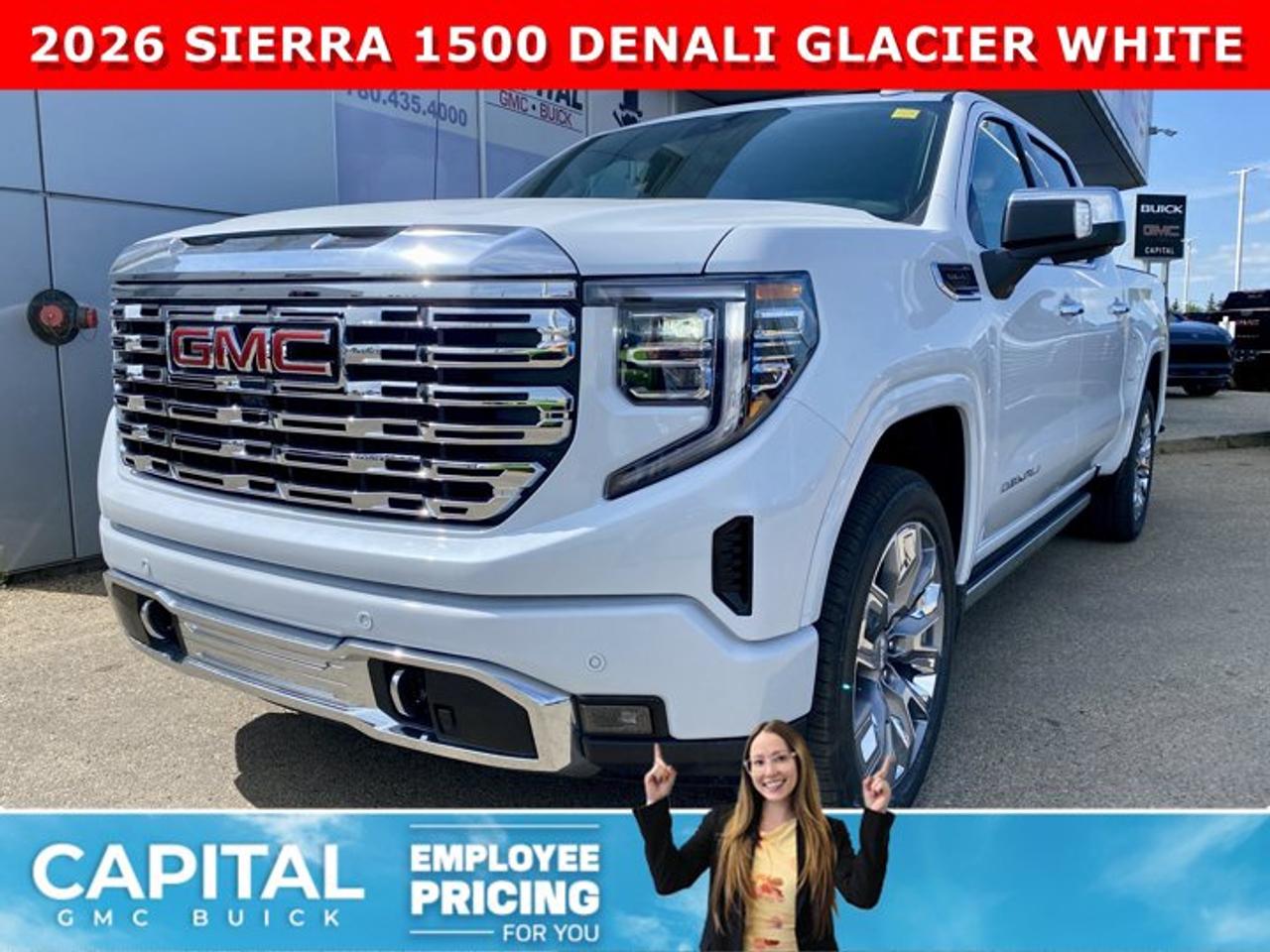 Check out this 2026 Sierra 1500 Crew Cab Denali with the RESERVE PACKAGE. Equipped with a ton of options like Heated and Cooled Seats, POWER SUNROOF, Heated Steering, Body Color Arch Moldings, 360 CAM, Rear Streaming Camera Mirror, Heads-up Display, 22 Inch Wheels, Heated Rear Seats, Massive Touchscreen, Power Assist Steps, and so much more... CALL NOWAsk for the Internet Department for more information or book your test drive today! Text 507-585-4395 for fast answers at your fingertips!AMVIC Licensed Dealer - Licence Number B1044900Disclaimer: All prices are plus GST and include all cash credits and loyalties. See dealer for details. AMVIC Licensed Dealer # B1044900