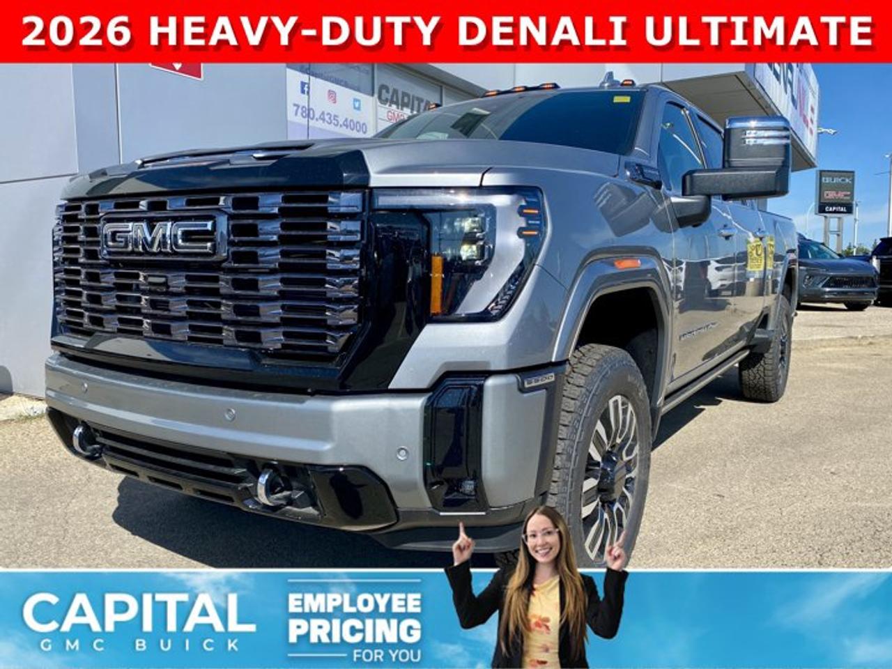 Check out this 2026 GMC SIERRA 3500 HD Denali Ultimate Duramax Diesel... This fully-loaded Heavy Duty comes equipped with every option, including Heated and Cooling Seats, Heated Steering, Power Assist Steps, Exclusive Alpine Umber Interior, Body Color Wheel Arch Moldings, 5th Wheel Prep Package, Power Sunroof, Technology Package, 360 Cam, Rear Streaming Camera Mirror, Heads-up Display, Heated Rear Seats, Adaptive Cruise Control, Wireless Charging, MultiPro Tailgate, and so much more... CALL NOW!Ask for the Internet Department for more information or book your test drive today! Text 507-585-4395 for fast answers at your fingertips!AMVIC Licensed Dealer - Licence Number B1044900