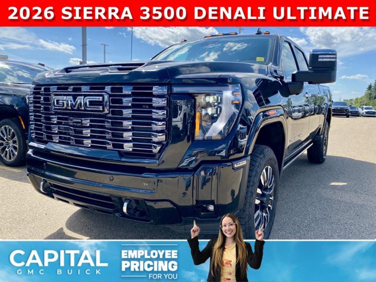 Check out this 2026 GMC SIERRA 3500 HD Denali Ultimate Duramax Diesel... This fully-loaded Heavy Duty comes equipped with every option, including Heated and Cooling Seats, Heated Steering, Power Assist Steps, Exclusive Alpine Umber Interior, Body Color Wheel Arch Moldings, 5th Wheel Prep Package, Power Sunroof, Technology Package, 360 Cam, Rear Streaming Camera Mirror, Heads-up Display, Heated Rear Seats, Adaptive Cruise Control, Wireless Charging, MultiPro Tailgate, and so much more... CALL NOW!Ask for the Internet Department for more information or book your test drive today! Text 507-585-4395 for fast answers at your fingertips!AMVIC Licensed Dealer - Licence Number B1044900