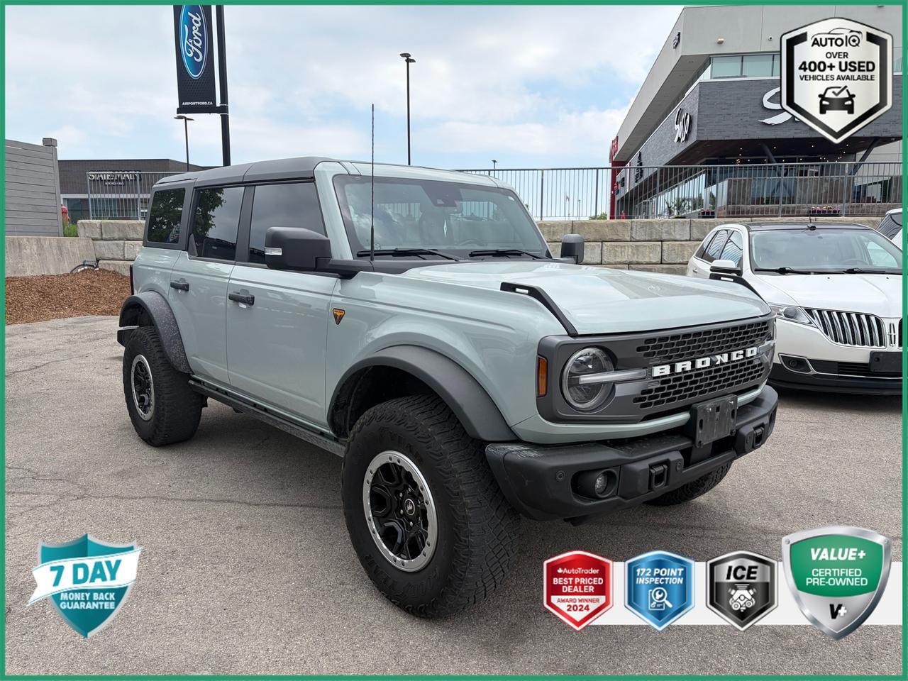 Recent Arrival!<br><br>Sasquatch Package - $6350 Option!!!!<br><br>12 LCD Capacitive Touchscreen w/Swipe Capability, 2-Door Intelligent Access w/Lock/Unlock, 360-Degree Camera, 4.7 Final Drive Ratio, Additional Sound Deadening, Ambient Footwell Lighting, Auto-Dimming Interior Rear-View Mirror, Connected Navigation, Dr & Pass Illuminated Sliding Visor Vanity Mirrors, Dual-Zone Electronic Automatic Temperature Control, Enhanced Voice Recognition, Equipment Group 333A High Package, Front Parking Sensors, Front Row Heated Seats, High Clearance Fender Flares, High Clearance Suspension, Information on Demand Panel, Position-Sensitive Bilstein Shock Absorbers, Power Outlet - Back Side of Centre Floor Console, Rear Parking Sensors, Sasquatch Package, Sideview Mirrors, Wheels: 17 Black High Gloss-Painted Aluminum.<br><br>Gray<br>2022 Ford Bronco Badlands Sasquatch Package | 2.7L V6 | No Accidents 4D Sport Utility<br>2.7L EcoBoost V6 10-Speed Automatic<br>4WD<br><br>Certification Program Details:<br><br>VALUE+ CERTIFIED PRE-OWNED VEHICLE<br><br>36-point Provincial Safety Inspection<br>172-point inspection combined mechanical, aesthetic, functional inspection including a vehicle report card<br>Warranty: 30 Days or 1500 KMS on mechanical safety-related items and extended plans are available<br>Complimentary CARFAX Vehicle History Report<br>2X Provincial safety standard for tire tread depth<br>2X Provincial safety standard for brake pad thickness<br>7 Day Money Back Guarantee*<br>Market Value Report provided<br>Complimentary 3 months SIRIUS XM satellite radio subscription on equipped vehicles<br>Complimentary wash and vacuum<br>Vehicle scanned for open recall notifications from manufacturer<br><br><br>Awards:<br>  * NACTOY 2022 North American Utility of the Year<p> </p>

<h4>VALUE+ CERTIFIED PRE-OWNED VEHICLE</h4>

<p>
- 36-point Provincial Safety Inspection<br>
- 172-point inspection combined mechanical, aesthetic, functional inspection including a vehicle report card<br>
- Warranty: 30 Days or 1500 KMS on mechanical safety-related items and extended plans are available<br>
- Complimentary CARFAX Vehicle History Report<br>
- 2X Provincial safety standard for tire tread depth<br>
- 2X Provincial safety standard for brake pad thickness<br>
- 7 Day Money Back Guarantee*<br>
- Market Value Report provided<br>
- Complimentary 3 months SIRIUS XM satellite radio subscription on equipped vehicles<br>
- Complimentary wash and vacuum<br>
- Vehicle scanned for open recall notifications from manufacturer
</p>

<p>SPECIAL NOTE: This vehicle is reserved for AutoIQs retail customers only. Please, No dealer calls. Errors & omissions excepted.</p>

<p>*As-traded, specialty or high-performance vehicles are excluded from the 7-Day Money Back Guarantee Program (including, but not limited to Ford Shelby, Ford mustang GT, Ford Raptor, Chevrolet Corvette, Camaro 2SS, Camaro ZL1, V-Series Cadillac, Dodge/Jeep SRT, Hyundai N Line, all electric models)</p>