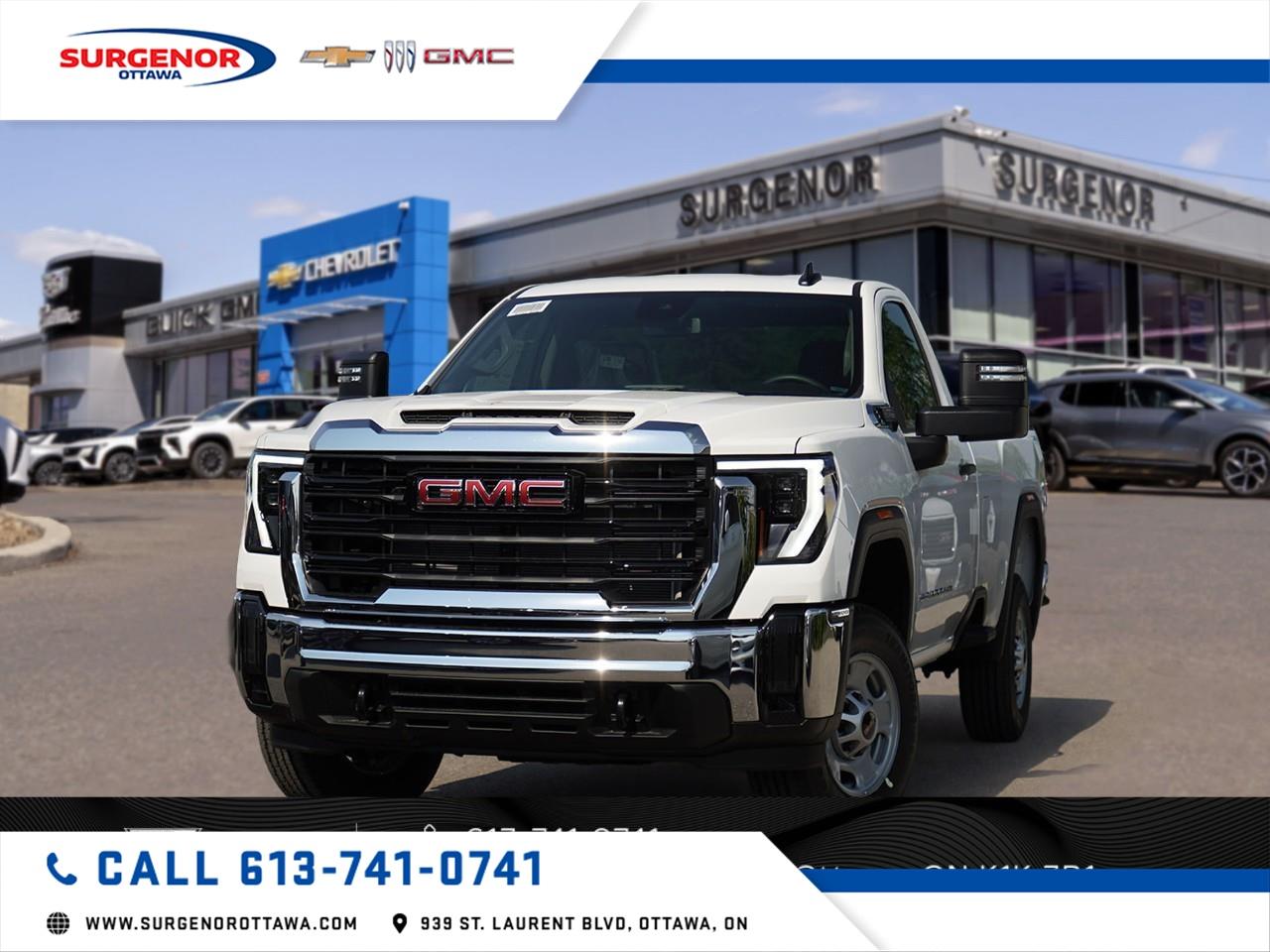 <p>Introducing the <strong>2026 GMC Sierra 2500HD Pro Regular Cab Long Box 4-Wheel Drive</strong> in a classic Summit White, designed for those who demand both strength and style. This new truck offers an impressive 6.6L V8 engine with direct injection and variable valve timing, providing you with 401 horsepower and 464 lb-ft of torque, all managed through a smooth 10-speed automatic transmission. Experience robust handling with a 4×4 drivetrain thats ready to conquer tough terrains.</p><p>The truck's dynamic exterior is complemented by 17-inch painted steel wheels, all-season tires, and a durable spray-on bedliner. Its spacious interior is appointed in Jet Black cloth upholstery, with a front 40/20/40 split-bench seat for added practicality. The Pro Preferred Equipment Group ensures all the essentials are fitted, from convenient running boards to the robust pickup bed equipped with an assist step.</p><p>Stay seamlessly connected with the GMC Infotainment System's 7-inch touchscreen, compatible with wireless Apple CarPlay and Android Auto. Essential convenience features include Bluetooth connection, smart device integration, cruise control, and power windows. Advanced safety and driver assistance are ensured with lane assist, a rear-window defogger, rearview auto-dimming mirrors, and more.</p><p>This versatile truck is perfect for drivers seeking a dependable vehicle for work or personal pursuits. Contact <strong>Surgenor Chevrolet Buick GMC Cadillac</strong> today to learn more about this powerful machine and explore purchasing options.</p>