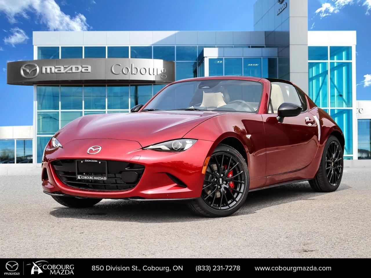 <p>Get ready to turn heads with the 2026 Mazda MX-5 RF, proudly presented in an eye-catching Soul Red Crystal Metallic. This stunning convertible, equipped with a manual transmission and rear-wheel drive, promises an exhilarating driving experience with its agile handling.</p><p>The Mazda MX-5 RF GT dazzles with a distinctive exterior, featuring Gunmetal finish BBS forged alloy wheels and a power retractable hard top. The sleek design is accentuated by a Piano Black contrasting roof and power exterior mirrors, giving it a sophisticated edge. Slide into the luxurious interior and enjoy the comfort of leather seats, a leather-wrapped steering wheel, and a leather gear shifter. You'll appreciate the convenience of keyless entry, power windows, and air conditioning.</p><p>State-of-the-art technology meets superior safety in this convertible. Stay connected with Bluetooth, satellite radio, and smart device integration. Find your way easily with the integrated navigation system. Safety is paramount with equipped features such as a backup camera, brake assist, and lane assist for a more secure drive.</p><p>Perfect for enthusiasts and those who appreciate style and performance, the 2026 Mazda MX-5 RF GT is made for the driving purist who values precision and comfort. Experience the thrill of this remarkable vehicle yourselfcontact Cobourg Mazda today for more information and schedule your test drive.</p>