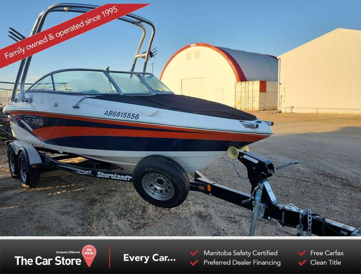 2015 CAMPION CHASE 600 / VOLVO PENTA 300 V8 18ft Fiberglass- with Only 30 hours!!! 
 
 
 Shorelandr Tandem Axle Trailer, tire info below: 
 8/32 | 215/75/14T | 14 
 8/32 | 215/75/14T | 14 
 8/32 | 215/75/14T | 14 
 8/32 | 215/75/14T | 14 
 
 
 We are a local Family Owned business and we try to do things a little different. 
 
 There is no Gimmicks or games, we are always aggressive on our prices and try to separate ourselves from the rest. 
 We also have an on-site Certified Banker who shops to get the best possible interest rates in with all Major Banks and Credit Unions! 
 
 Come to our Brand New modern showroom and see what makes us Uniquely Different! 
 
 Located on Main St. just North of Chief Peguis Trail. 
 
 To schedule an appointment call us directly at 204-669-1248 or email sales@thecarstore.ca 
 
 The Car Store on Main 
 -Uniquely Different- 
 
 www.thecarstore.ca 
 Local: 204-669-1248 
 Toll Free: 877-634-2975 
 
 A local family owned business unlike typical car lots, there are no pressure tactics, no games, no gimmicks, no Sales Manager, General Manager or Used Car Manager, just straight answers and fair deals all the time! 
 
 *PRICE DOES NOT INCLUDE TAXES (G.S.T &amp; P.S.T) 
 Dealer Permit # 4481