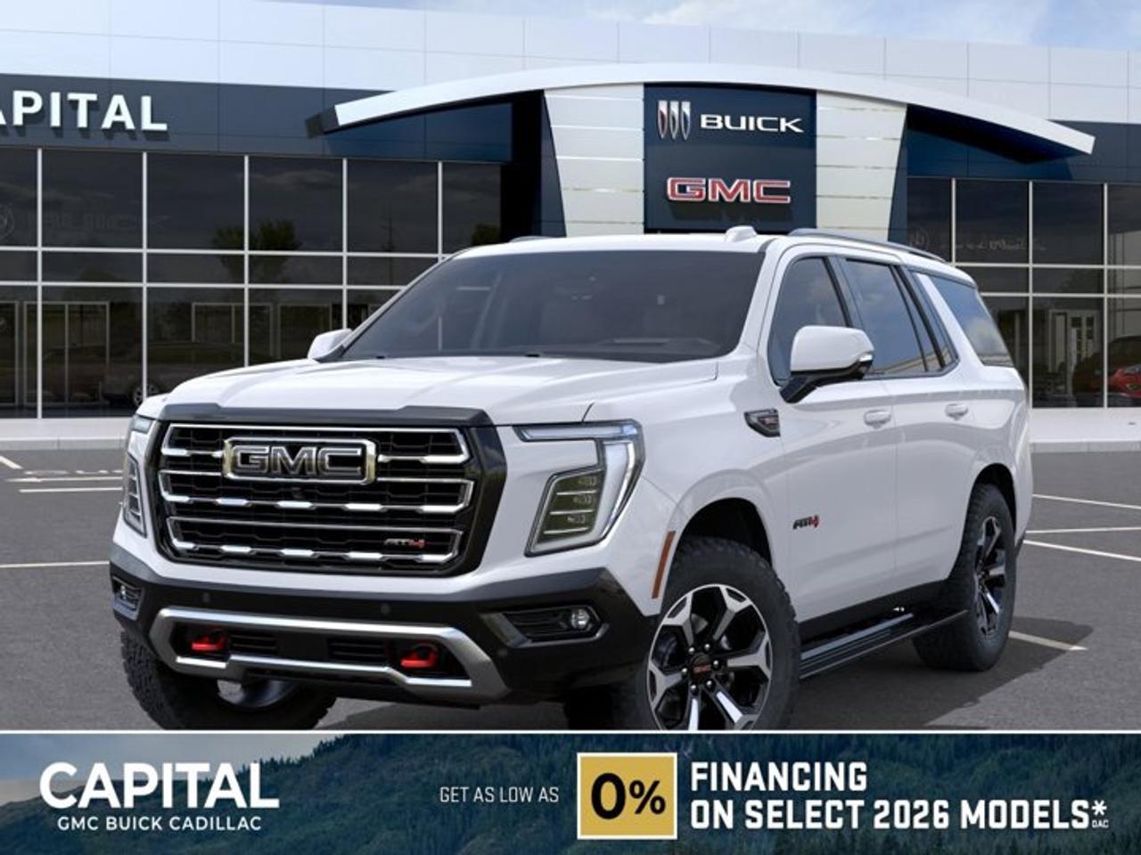 This 2026 GMC Yukon in Summit White is equipped with 4WD and Gas V8 5.3L/ engine.The GMC Yukon is designed with power and purpose. Bold exterior styling cues and refined details give it an unmistakable presence on the road. From its three-dimensional grille, advanced lighting and stylish wheels to its active grille shutters, rainsense front wipers and hidden rear wiper, youll find innovative features both inside and out. With seating for up to nine, premium materials and inspiring capability, this SUV offers a perfect blend of craftsmanship, comfort and functionality. The interior features optional heated and ventilated seats, heated steering wheel, a quiet cabin, keyless open and start and climate controls. Not to mention the innovative seating and storage, from third-row power fold flat seats and second-row power-release fold and tumble seats to a large center console, articulating screen with hidden storage and 1113 L /39.3 cu. ft. (XL model; Yukon 433 L /15.3 cu. ft.) of cargo space behind the third row. The Yukon comes with 5.3L V-8 EcoTec3 Engine, can tow up to 3856 KG (8500 LB.) And to deliver a refined, solid and smooth drive, youll find hydraulic mounts, improved handling and automatic locking rear differential. Technology and infotainment innovations let you stay conveniently connected and in control, with features like multiple USB ports and an 8-inch infotainment system with available navigation. Not to mention a customizable driver information center, rear vision camera, rear seat reminder and access to the myGMC app. This SUV is equipped with an array of available advanced safety features to help prepare you for the unexpected, including available forward collision alert, low speed forward automatic braking, front and rear park assist, and much more.Check out this vehicles pictures, features, options and specs, and let us know if you have any questions. Helping find the perfect vehicle FOR YOU is our only priority.P.S...Sometimes texting is easier. Text (or call) 306-801-9090 for fast answers at your fingertips!Dealer License #914248Disclaimer: All prices are plus taxes & fees. See dealer for Details. Dealer Permit # 914248 See dealer for Details.