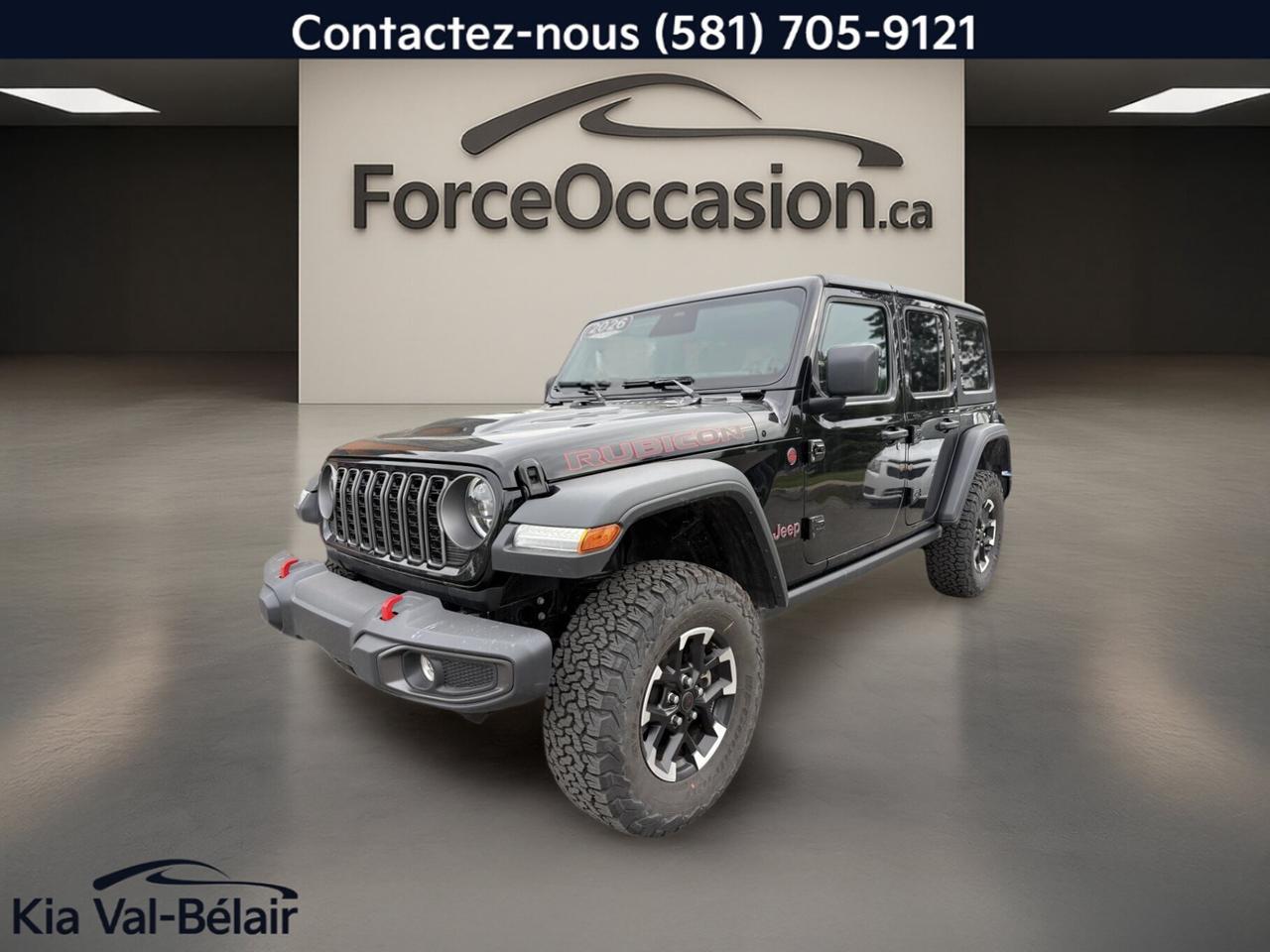 Jamais accidenté // Un seul propriétaire // Inspecté en 135 points

Le Jeep Wrangler 2026 Rubicon se présente ici dans une configuration recherchée, avec carrosserie noire, habitacle noir, 4 portes, toit décapotable et transmission manuelle 6 vitesses. Avec 14 963 km à lodomètre, ce VUS usagé offre le moteur 2,0 litres sans plomb, le rouage 4x4 et des équipements utiles au quotidien à Québec.

CARACTÉRISTIQUES DU Wrangler Rubicon * 4X4 * V6 * CAMÉRA * CARPLAY * CRUISE * BI-ZONE *
»» Rouage 4x4 pour adhérence sur surfaces variées
»» Différentiel à glissement limité inclus
»» Pneus hors-route pour terrains plus exigeants
»» Crochet de remorquage arrière installé

CARACTÉRISTIQUES DE SÉCURITÉ AVANCÉES
»» Caméra de recul pour manoeuvres simplifiées
»» Contrôle de stabilité de série
»» Freins antiblocage avec système ABS
»» Coussins gonflables latéraux et latéraux de tête

PERFORMANCE ET EFFICACITÉ
»» Moteur 2,0 litres sans plomb
»» Transmission manuelle 6 vitesses
»» Traction intégrale 4x4 pour meilleure motricité
»» Direction assistée pour conduite plus précise

CONFORT
»» Climatisation avant avec réglage bi-zone
»» Démarrage par bouton-poussoir pratique
»» Support lombaire au siège conducteur
»» Vitres électriques et vitres teintées

TECHNOLOGIE ET CONNECTIVITÉ
»» Intégration Bluetooth pour appels et audio
»» Commandes audio directement au volant
»» Point daccès WiFi intégré
»» Radio satellite et phares à DEL

ESPACE DE CHARGEMENT
»» Configuration 4 portes plus pratique au quotidien
»» Accès au coffre arrière facilité
»» Pneu de secours inclus
»» Banquette arrière utile pour effets personnels

RÉCOMPENSES ET RECONNAISSANCES
»» Meilleure valeur de revente, Guide de lauto, 2024

APPRÉCIÉ DES AUTRES PROPRIÉTAIRES
»» Format décapotable apprécié en saison estivale
»» Capacité 4x4 utile hors des routes pavées
»» Style Wrangler distinctif et intemporel
»» Version 4 portes pratique pour la famille

GARANTIE
»» Garantie légale seulement
»» Garantie dusage
»» Garantie de durée raisonnable
»» Garantie contre les vices cachés

Ce Jeep Wrangler 2026 Rubicon usagé mis en vente par Kia Val-Bélair combine une présentation noire sobre, une mécanique 2,0 litres, une boîte manuelle et un rouage 4x4 adapté aux conducteurs qui aiment garder le contrôle. Il ajoute aussi des éléments concrets comme la caméra de recul, les rétroviseurs chauffants, le régulateur de vitesse, les phares automatiques et les antibrouillards.

Son habitacle noir mise sur des commandes simples et une utilisation directe. La climatisation à deux zones, le volant réglable, les miroirs de courtoisie éclairés, les serrures de sécurité enfant et le verrouillage automatique des portes ajoutent des fonctions pratiques pour les trajets de tous les jours. Le toit décapotable contribue aussi à lexpérience de conduite propre au modèle.

À Québec, ce VUS peut convenir autant aux déplacements urbains quaux sorties de fin de semaine. Son kilométrage de 14 938 km demeure bas pour un modèle usagé, et sa combinaison de transmission manuelle, de pneus hors-route et de différentiel à glissement limité plaira à lamateur de conduite plus engagée. Chez Kia Val-Bélair, ce Jeep Wrangler 2026 Rubicon représente une option distinctive et bien équipée.

Le NIV de ce Jeep Wrangler Rubicon * 4X4 * V6 * CAMÉRA * CARPLAY * CRUISE * BI-ZONE * 2026 est le 1C4PJXFN1TW191484 .

Garantie prolongée disponible, livraison en 48h