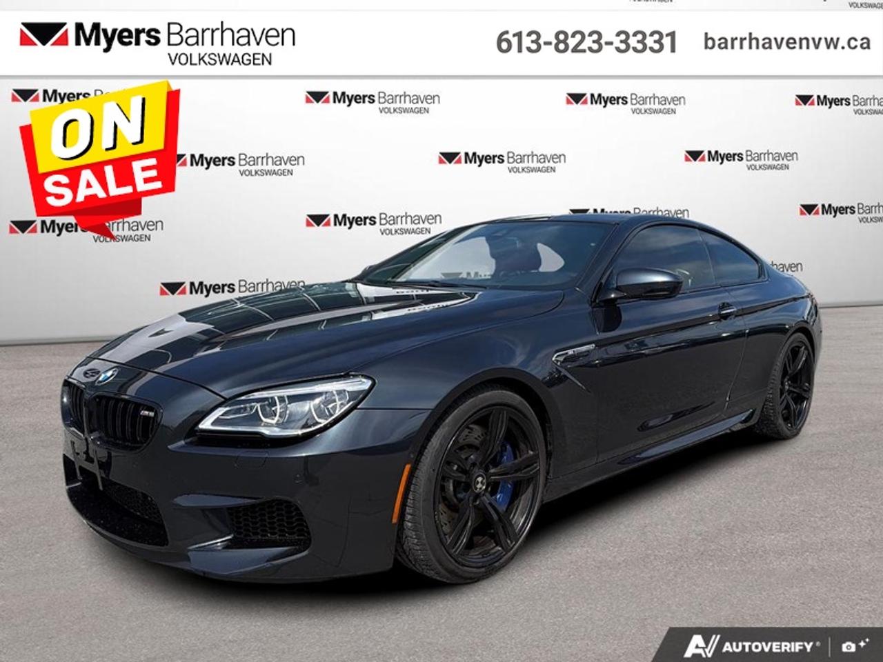 <b>Low Mileage, Ultimate Package!</b><br> <br>  SPECIAL!  Was $62998. Now $59998! $3000 discount until Jul 31!  <br> <br/>The flagship of the performance BMW lineup, this M6 delivers on all it is supposed to as the granddaddy of M performance vehicles. This 2017 BMW M6 is for sale today in Nepean.<br> <br>While performance is the primary focus of this 2017 BMW M6, attention to detail in the luxurious interior is widely evident. This model provides elegance in every curve and ensures optimal comfort with dynamic charge of the road. High quality materials offer sophistication, and numerous features ensure this M6 is well-equipped to meet the demands of every high profile buyer.<br> <br>This low mileage coupe has just 38,200 km. Its Singapore Grey Metallic in colour and is completely accident free based on the <a href=https://vhr.carfax.ca/?id=etheBeOkgOpQpUDP4rwgc5mHwkLDPocp target=_blank>CARFAX Report</a>. It has an Automatic transmission and is powered by a 560HP 4.4L 8 Cylinder Engine. It may have some remaining factory warranty, please check with dealer for details. <br> <br> Our M6s trim level is 2dr Coupe. BMWs largest M car, the M6 is a fine mix of luxury and performance packed in one stylish design driven vehicle. A massively more powerful drivetrain alongside M specific design, suspension, and brakes really set this M6 apart as a real performance coupe. The flagship for 2 door BMWs, this luxurious coupe offers unmatched luxury with features like heated and cooled leather seats with memory, a heads up display, heated multifunction steering wheel, dynamic cruise control with braking function, DVD/MP3 stereo with hard disc drive and USB port, Bluetooth connectivity, BMW Assist with blind spot detection and lane departure warning, navigation system, iDrive with LCD display, aluminum wheels, automatic climate control with solar and fogging sensor, LED fog lights, front and rear park assist, and keyless entry with Comfort Access. This vehicle has been upgraded with the following features: Ultimate Package.<br> <br>To apply right now for financing use this link: <a href=https://www.barrhavenvw.ca/financing-request/ target=_blank>https://www.barrhavenvw.ca/financing-request/</a><br> <br/>Buy this vehicle now for the lowest bi-weekly payment of <b>$512.03</b> with $0 down for 72 months @ 9.99% APR O.A.C. ((Plus applicable taxes and fees - Some conditions apply to get approved at the mentioned rate) ). See dealer for details. <br><br>We are your premier Volkswagen dealership in the region. If youre looking for a new Volkswagen or a car, check out Barrhaven Volkswagens new, pre-owned, and certified pre-owned Volkswagen inventories. We have the complete lineup of new Volkswagen vehicles in stock like the GTI, Golf R, Jetta, Tiguan, Atlas Cross Sport, Volkswagen ID.4 electric vehicle, and Atlas. If you cant find the Volkswagen model youre looking for in the colour that you want, feel free to contact us and well be happy to find it for you. If youre in the market for pre-owned cars, make sure you check out our inventory. If you see a car that you like, contact 844-914-4805 to schedule a test drive.<br> Come by and check out our fleet of 40+ used cars and trucks and 130+ new cars and trucks for sale in Nepean.  o~o