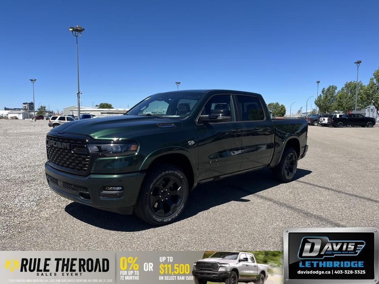 <b>Aluminum Wheels, Adaptive Cruise Control, Remote Start, Blind Spot Detection, Lane Keep Assist!</b><br /> <br /> The 2026 Ram 1500 redefines strength and sophistication with advanced tech, premium comfort, and unstoppable capability.<br /> <br />The Ram 1500's unmatched luxury transcends traditional pickups without compromising its capability. Loaded with best-in-class features, it's easy to see why the Ram 1500 is so popular. With the most towing and hauling capability in a Ram 1500, as well as improved efficiency and exceptional capability, this truck has the grit to take on any task.<br /> <br />This Serrano Green Metallic Crew Cab 4X4 pickup has an Automatic transmission and is powered by a 395HP 5.7L 8 Cylinder Engine. <br /> <br /> Our 1500's trim level is Big Horn. This Ram 1500 Big Horn steps things up with aluminum wheels, front fog lamps, and other standard features such as class IV towing equipment, heated exterior power mirrors, mobile hotspot internet access, adaptive cruise control and remote engine start. Safety features also include ParkSense front and rear parking sensors, lane keeping assist with lane departure warning, blind spot detection, and collision mitigation. This vehicle has been upgraded with the following features: Aluminum Wheels, Adaptive Cruise Control, Remote Start, Blind Spot Detection, Lane Keep Assist, Lane Departure Warning, Heated Mirrors.<br /><br /> <br />To apply right now for financing use this link: <a href=https://lethbridge.davisdodge.ca/free-credit-check/ target=_blank rel=nofollow noopener noreferrer>https://lethbridge.davisdodge.ca/free-credit-check/</a><br /> <br /><br />As a premier Chrysler, Dodge, Jeep and RAM dealership, Davis Dodge proudly offers an extensive selection of new and used vehicles to meet every drivers needs. Customers across Lethbridge, Fort Macleod, Taber, Claresholm, Coaldale, and beyond trust us for daily vehicle specials, certified service and parts, and a seamless online inventory experience. <br /><br /> With competitive financing options and expert support, we make car buying easy and enjoyable. <br /><br /> Ready to hit the road? Schedule your test drive today at Davis Dodge, your trusted Chrysler, Dodge, Jeep and RAM dealer in Lethbridge, Alberta.<br /><br /> Vehicle pricing offer shown expires 2026-07-31. <br /> Come by and check out our fleet of 50+ used cars and trucks and 110+ new cars and trucks for sale in Lethbridge. o~o