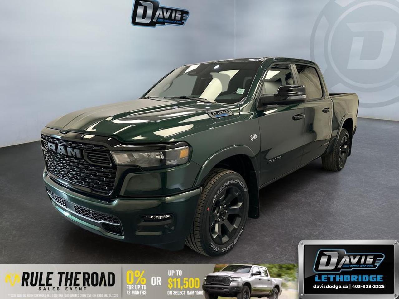<p><strong>2026 Ram 1500 Big Horn 4x4 Crew Cab 5'7" Box</strong></p> <p>Introducing a robust green workhorse that combines the rugged dependability of a truck with the sleek drivability of a 4x4 drivetrain. Command the road with ease thanks to the enhanced handling provided by the QUICK ORDER PACKAGE 27Z BIG HORN, featuring the impressive 5.7L HEMI VVT V8 engine with MDS & eTorque coupled with an 8-Speed Automatic Transmission.</p> <p><strong>Interior Features:</strong></p> <ul><li>Black interior with premium materials</li><li>Leather wrapped steering wheel for added comfort</li><li>Front heated seats for those cold Canadian winters</li><li>Heated steering wheel</li><li>Smart device integration keeping you connected</li><li>Secondary active grille shutters enhancing performance</li></ul> <p><strong>Exterior Features:</strong></p> <ul><li>Serrano green metallic exterior with monotone paint</li><li>20" x 9" aluminum painted clad wheels accentuated by black badging</li><li>Black Rams grille badge matching the sleek black mesh grille</li><li>Body-colour fender flares and bumpers</li><li>Black headlamp and tail lamp bezels enhancing its bold look</li><li>Power adjustable boards for that perfect ride height</li></ul> <p><strong>Technology & Safety Features:</strong></p> <ul><li>Incorporates adaptive cruise control for effortless driving</li><li>Lane assist for enhanced safety</li><li>Remote start, so your trucks ready on command</li><li>Parking sensors to make backing up a breeze</li><li>State-of-the-art backup camera</li><li>Wi-Fi hotspot for superior connectivity</li><li>SiriusXM Satellite Radio for entertainment on the go</li></ul> <p>Ideal for adventure seekers, this truck meets the demands of both daily commuting and weekend explorations. Visit <strong>Davis Dodge Lethbridge</strong> today to experience this impressive combination of power, technology, and style. The ride of your dreams is just a phone call away!</p>