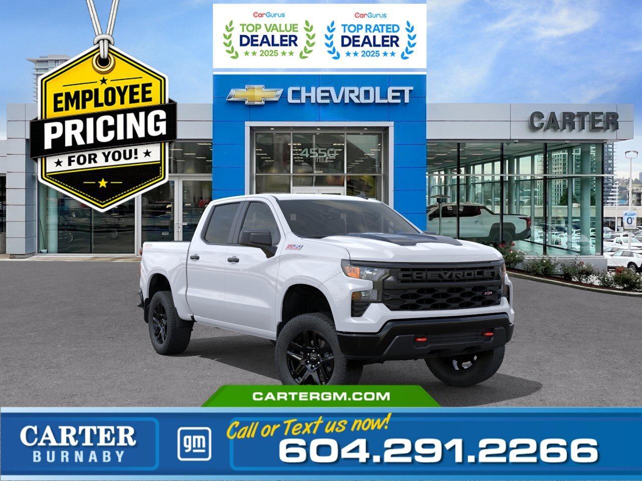 GREAT NEWS! THE EMPLOYEE PRICING EVENT IS BACK! Take advantage of exclusive Employee Pricing on eligible new vehicles and enjoy exceptional value for a limited time. This is your opportunity to save on the vehicle youve been waiting for while inventory lasts. Contact us today to confirm your eligibility and discover the available offers on your preferred model.  Built for bold capability, the 2026 Chevrolet Silverado 1500 Custom Trail Boss 4WD pairs rugged style with confident performance. Its 2.7L TurboMax engine delivers impressive power, while the Z71 Off-Road Suspension with a 2" factory lift and Hill Descent Control is ready for tough terrain. Trailering is made easy with a trailer brake controller, Hitch Guidance, and HD Rear Vision Camera. Inside, enjoy a 10-way power driver seat and heated power mirrors for everyday comfort.  Come take it for a test drive today and experience all this stylish vehicle has to offer!  WHY CARTER GM BURNABY?  - An unrivalled vehicle purchasing experience! - Exceeding our loyal customers expectations since 1963 - 4.5 Google star rating with 2,300+ customer reviews) - CarGurus Top-Rated Dealer 2025 Award - CarGurus Top Value Dealer 2025 Award - Vehicle trades welcome! Best price guaranteed! - We provide upfront pricing, zero hidden fees, and 100% transparency - Fast approvals and 99% acceptance rates (no matter your current credit status!) - Multilingual staff (many languages spoken) - Comfortable non-pressured environment with in-store television, WIFI and a childrens play area! - In-store restaurant: fresh daily menu        Were here to help you drive the vehicle you want, the vehicle you deserve! QUESTIONS? GREAT! WEVE GOT ANSWERS! To speak with a friendly vehicle specialist - CALL NOW! The advertised price includes all standard dealer fees and any applicable manufacturer or dealer incentives. It does not include applicable taxes, licensing, insurance, or optional products or services. Dealer fees will be clearly broken out and itemized on the bill of sale, maximum total of fees $699.00. Prices are shown in Canadian dollars. While we make every effort to ensure accuracy, vehicle details, pricing, options, and availability are subject to change without notice. Please confirm all information with dealership sales management before purchase. Dealer Code: 81129