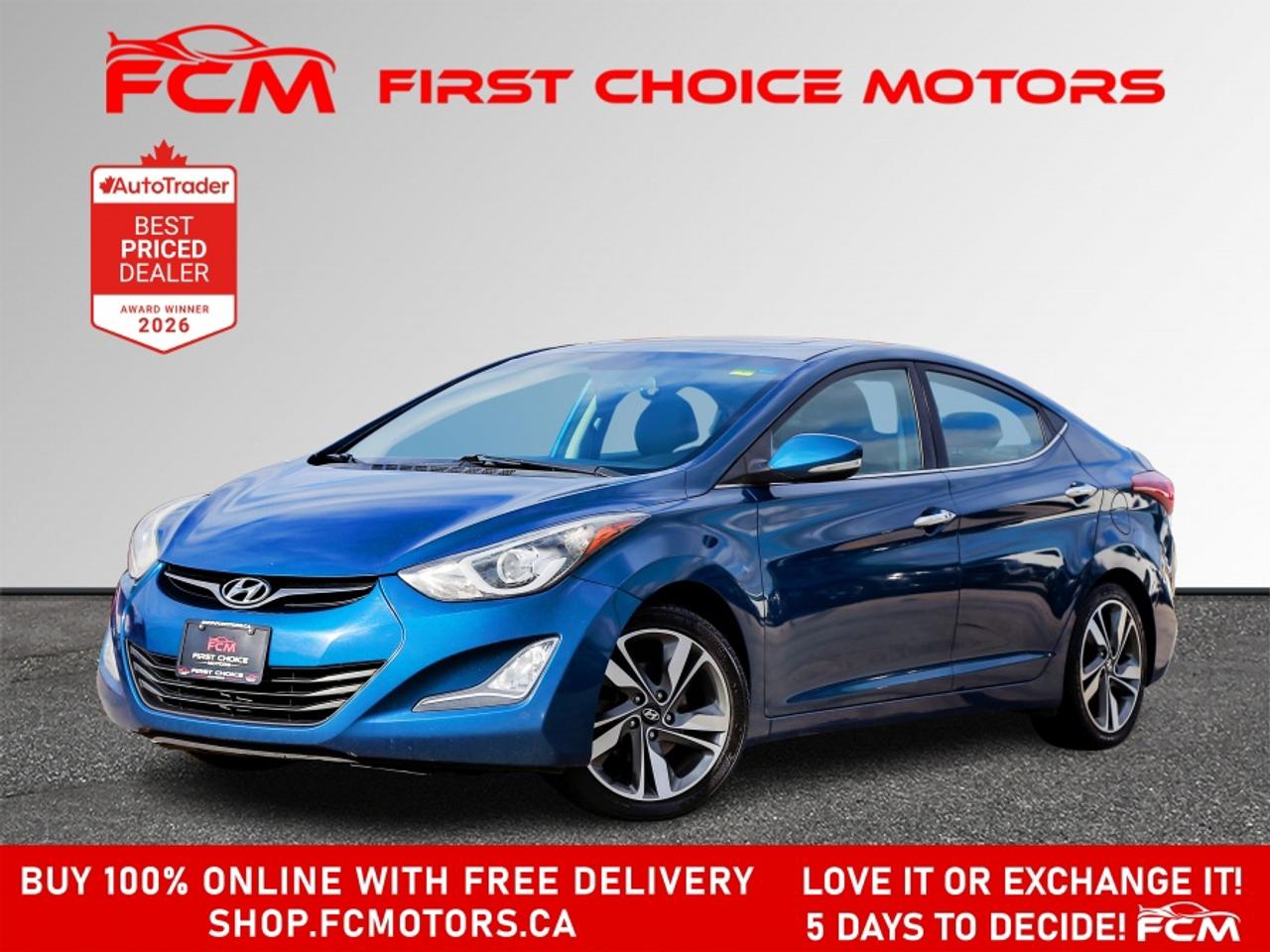 ** ** SPECIAL LIMITED TIME OFFER ** ** PURCHASE ANY VEHICLE THIS WEEK AND RECEIVE 4 BRAND-NEW ALL-SEASON TIRES AT NO ADDITIONAL COST!!! DON   T MISS THIS EXCLUSIVE CHANCE TO UPGRADE YOUR RIDE AND STAY PREPARED FOR ANY WEATHER!!! <br><br>EXCITING NEWS FROM FIRST CHOICE MOTORS! Our brand-new online showroom is now open to the public, bringing the ultimate car shopping experience right to your fingertips! Enjoy a 100% online car shopping experience, with over 500 certified vehicles in stock, comprehensive protection plans, and thousands of new auto parts & accessories available! Plus, for a limited time, were offering FREE deliveries across Ontario on all vehicle purchases! Dont miss out   visit Shop.fcmotors.ca to find and upgrade your perfect vehicle today!<br><br>Welcome to First Choice Motors, the largest car dealership in Toronto of pre-owned cars, SUVs, and vans priced between $5000-$15,000. With an impressive inventory of over 300 vehicles in stock, we are dedicated to providing our customers with a vast selection of affordable and reliable options. <br><br>Were thrilled to offer a used 2016 Hyundai Elantra LIMITED, blue color with 192,000km (STK#9989) This vehicle was $9490 NOW ON SALE FOR $8990. It is equipped with the following features:<br>- Automatic Transmission<br>- Leather Seats<br>- Sunroof<br>- Heated seats<br>- Navigation<br>- Bluetooth<br>- Reverse camera<br>- Alloy wheels<br>- Power windows<br>- Power locks<br>- Power mirrors<br>- Air Conditioning<br><br>At First Choice Motors, we believe in providing quality vehicles that our customers can depend on. All our vehicles come with a 36-day guarantee on all safety related items. We also offer additional warranty options up to 5 years for our customers who want extra peace of mind.<br><br>Furthermore, all our vehicles are sold fully certified with brand new brakes rotors and pads, a fresh oil change, and brand new set of all-season tires installed & balanced. You can be confident that this car is in excellent condition and ready to hit the road.<br><br>At First Choice Motors, we believe that everyone deserves a chance to own a reliable and affordable vehicle. Thats why we offer financing options with low interest rates starting at 7.9% O.A.C. Were proud to approve all customers, including those with bad credit, no credit, students, and even 9 socials. Our finance team is dedicated to finding the best financing option for you and making the car buying process as smooth and stress-free as possible.<br><br>Our dealership is open 7 days a week to provide you with the best customer service possible. We carry the largest selection of used vehicles for sale under $9990 in all of Ontario. We stock over 300 cars, mostly Hyundai, Chevrolet, Mazda, Honda, Volkswagen, Toyota, Ford, Dodge, Kia, Mitsubishi, Acura, Lexus, and more. With our ongoing sale, you can find your dream car at a price you can afford. Come visit us today and experience why we are the best choice for your next used car purchase!<br><br>All prices include $22.00 OMVIC Fee.  Excludes, license plates, ownership registration and ONTARIO HST (13%)<br>*No Credit Card payments can be accepted for Vehicle Purchases*