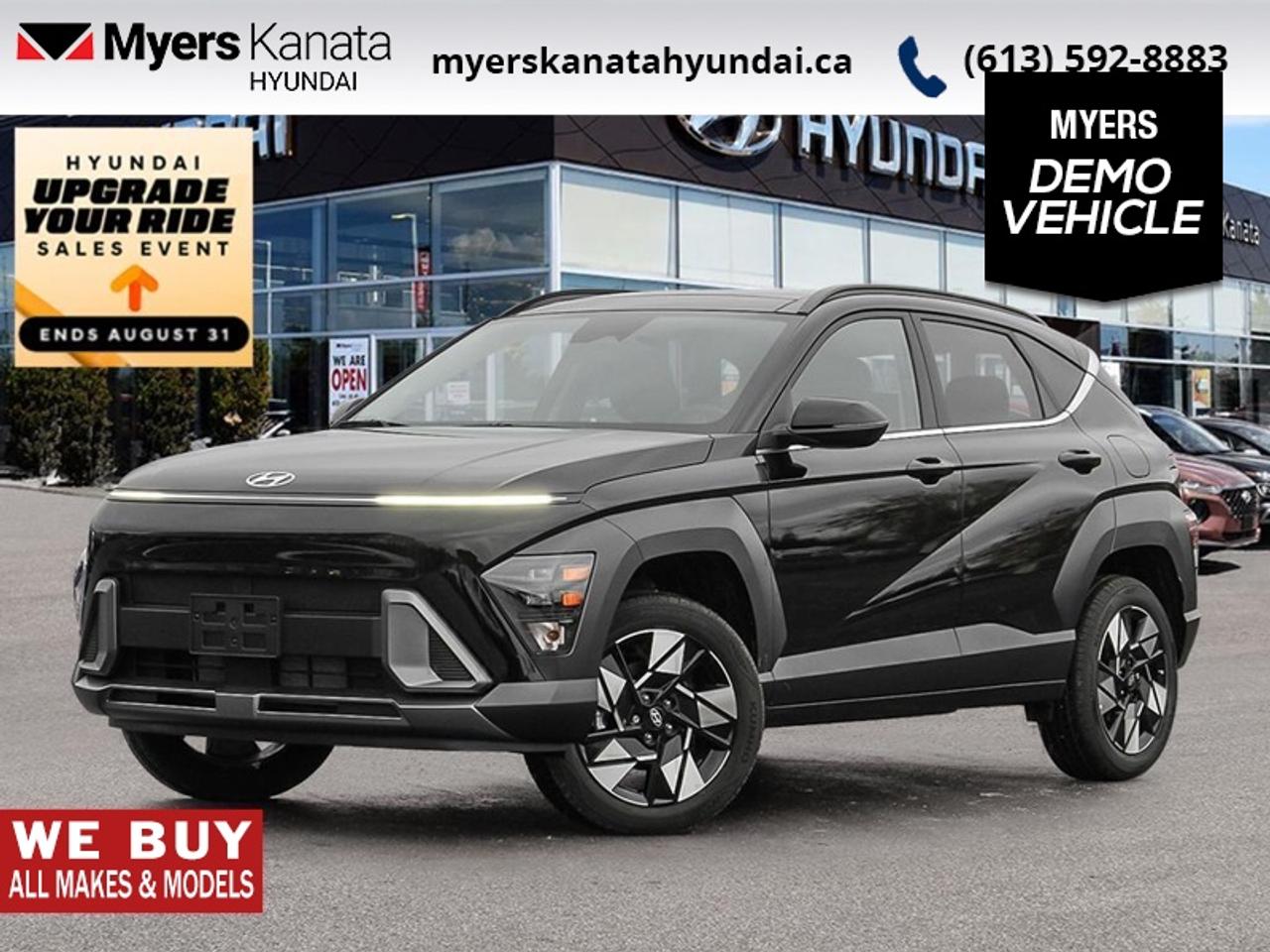 <b>Sunroof,  Power Liftgate,  Heated Seats,  Adaptive Cruise Control,  Heated Steering Wheel!</b><br> <br> This high tech SUV is compatible with pretty much anything, even adventure.<br> <br>With more versatility than its tiny stature lets on, this Kona is ready to prove that big things can come in small packages. With an incredibly long feature list, this Kona is incredibly safe and comfortable, compatible with just about anything, and ready for lifes next big adventure. For distilled perfection in the busy crossover SUV segment, this Kona is the obvious choice.<br> <br>This Abyss Blk coupe has an Automatic transmission and is powered by a 147HP 2.0L 4 Cylinder Engine. <br> <br> Our Konas trim level is Preferred AWD w/Trend Package. This capable all-wheel-drive SUV combines confident performance with refined comfort and cutting-edge technology. Its exterior design features a sleek black grille, power liftgate, deep-tinted glass, and a panoramic sunroof that fills the cabin with natural light. Inside, premium touches include heated front seats, dual-zone automatic climate control, a heated leather steering wheel, and a 12.3-inch touchscreen with Apple CarPlay, Android Auto, and remote start. Advanced safety systems such as Forward Collision Avoidance, Blind-Spot Warning, Rear Cross-Traffic Collision-Avoidance, and Lane Keep Assist provide peace of mind on every journey. Designed for comfort, control, and everyday versatility, its an SUV that feels equally at home in the city or on the open road. This vehicle has been upgraded with the following features: Sunroof, Power Liftgate, Heated Seats, Adaptive Cruise Control, Heated Steering Wheel, Remote Start, Lane Keep Assist.<br><br> <br>To apply right now for financing use this link: <a href=https://www.myerskanatahyundai.com/finance/ target=_blank>https://www.myerskanatahyundai.com/finance/</a><br> <br/>This vehicle may qualify for $500 Military Program Bonus. 5.99% financing for 96 months. <br> Buy this vehicle now for the lowest weekly payment of <b>$126.40</b> with $0 down for 96 months @ 5.99% APR O.A.C. ( Plus applicable taxes - $2596 and licensing fees **Rebates may not be applicable on all purchase types [cash, lease, or finance]. Eligibility and conditions may vary. Please see dealer for full details and confirmation of eligibility. ). Incentives expire 2026-08-31. See dealer for details. <br><br>This vehicle is located at Myers Kanata Hyundai 400-2500 Palladium Dr Kanata, Ontario. <br><br> Come by and check out our fleet of 40+ used cars and trucks and 190+ new cars and trucks for sale in Kanata.  o~o