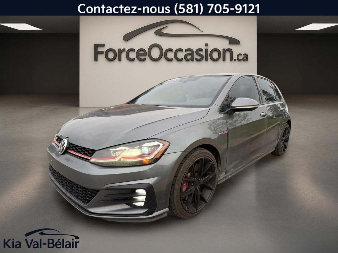 Très propre // Excellent état // Inspecté en 135 points

La Volkswagen Golf GTI 2018 Autobahn offerte chez Kia Val-Bélair à Québec combine une conduite vive, une boîte manuelle à 6 vitesses et un moteur 2,0 litres turbo. Avec 80 312 km à lodomètre, sa carrosserie grise, son intérieur noir, son toit ouvrant et son équipement complet en font un hatchback sportif bien équipé.

CARACTÉRISTIQUES DU GOLF GTI AUTOBAHN * TURBO * 220HP * CUIR * GPS * TOIT * FENDER® *
»» Moteur turbo de 220 chevaux
»» Boîte manuelle à 6 rapports
»» Navigation intégrée et toit ouvrant
»» Système audio FenderMD installé

CARACTÉRISTIQUES DE SÉCURITÉ AVANCÉES
»» Caméra de recul pour manoeuvres quotidiennes
»» Coussins gonflables latéraux et latéraux de tête
»» Freins antiblocage et contrôle de stabilité
»» Surveillance de la pression des pneus

PERFORMANCE ET EFFICACITÉ
»» Moteur 2,0 litres sans plomb turbocompressé
»» Transmission manuelle à 6 vitesses
»» Traction avant et différentiel à glissement limité
»» Direction assistée et pneus haute performance

CONFORT
»» Sièges avant chauffants pour lhiver
»» Siège conducteur à réglage électrique
»» Siège passager à réglage électrique
»» Climatisation automatique à deux zones

TECHNOLOGIE ET CONNECTIVITÉ
»» Intégration Bluetooth pour appels mains libres
»» Système de navigation GPS intégré
»» Commandes audio directement au volant
»» Radio satellite et radio HD

ESPACE DE CHARGEMENT
»» Hayon arrière pratique à large ouverture
»» Banquette arrière utile pour objets variés
»» Couvre-bagage inclus pour plus de discrétion
»» Format compact facile à stationner

RÉCOMPENSES ET RECONNAISSANCES
»» Meilleure voiture compacte sportive, Auto123, 2018
»» Top Safety Pick, Insurance Institute for Highway Safety, 2018

APPRÉCIÉ DES AUTRES PROPRIÉTAIRES
»» Tenue de route précise et rassurante
»» Moteur turbo souple au quotidien
»» Boîte manuelle agréable à utiliser
»» Confort appréciable pour usage journalier

GARANTIE
»» Garantie légale seulement
»» Garantie dusage
»» Garantie de durée raisonnable
»» Garantie contre les vices cachés

Cette Volkswagen Golf GTI 2018 Autobahn se distingue par son équilibre entre agrément de conduite, équipement recherché et format pratique à 4 portes. On y retrouve entre autres les sièges avant chauffants, les sièges en cuir, les rétroviseurs chauffants, les vitres électriques, les phares automatiques, les phares à DEL et le démarrage par bouton-poussoir.

Son habitacle noir propose une présentation soignée et des commandes simples à utiliser. Le volant réglable gainé de cuir, le régulateur de vitesse, le rétroviseur intérieur électrochromatique, les miroirs de courtoisie éclairés et léclairage ambiant ajoutent au confort de tous les jours. Le toit ouvrant en verre apporte aussi plus de luminosité à bord.

Sur la route, ce modèle profite dune configuration reconnue pour le plaisir de conduire. Le moteur turbo de 220 chevaux, la traction avant, le différentiel à glissement limité et la boîte manuelle donnent un comportement direct et engageant. Pour un acheteur qui cherche une compacte sportive usagée bien équipée, cette Golf GTI représente une option sérieuse et bien pensée.

Le NIV de ce Volkswagen Golf GTI AUTOBAHN * TURBO * 220HP * CUIR * GPS * TOIT * FENDER® * 2018 est le 3VW547AU3JM272171 .

Garantie prolongée disponible, livraison en 48h