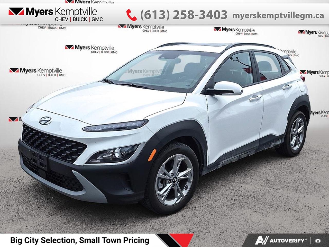 <b>Low Mileage, Sunroof,  Leather Seats,  Lane Keep Assist,  Heated Seats,  Android Auto!</b><br> <br> This 2023 Hyundai Kona is for sale today.<br> <br>With more versatility than its tiny stature lets on, this Kona is ready to prove that big things can come in small packages. With an incredibly long feature list, this Kona is incredibly safe and comfortable, compatible with just about anything, and ready for lifes next big adventure. For distilled perfection in the busy crossover SUV segment, this Kona is the obvious choice.<br> <br>This low mileage SUV has just 20,034 km. Its nice in colour. It has an Automatic transmission and is powered by a 147HP 2.0L 4 Cylinder Engine. <br> <br> Our Konas trim level is 2.0L Preferred AWD w/Sun & Leather Package. This Sun and Leather Package adds a stylish sunroof and luxurious leather seats. This Preferred Kona upgrades you to wi-fi, a heated steering wheel, remote start, and blind spot assist for added driver assistance. This Kona is also equipped with an advanced safety suite that includes lane keep assist, collision avoidance assist, and driver monitoring. Additional features for comfort and convenience include heated seats, power windows, remote keyless entry, cruise control, and a rearview camera. The cozy cabin stays connected with a touchscreen infotainment system including Android Auto, Apple CarPlay, wireless connectivity, hands free Bluetooth, and streaming audio. This vehicle has been upgraded with the following features: Sunroof, Leather Seats, Lane Keep Assist, Heated Seats, Android Auto, Apple CarPlay, Wi-Fi.<br> <br>To apply right now for financing use this link: <a href=https://www.myerskemptvillegm.ca/finance/ target=_blank>https://www.myerskemptvillegm.ca/finance/</a><br> <br/>Buy this vehicle now for the lowest bi-weekly payment of <b>$214.72</b> with $0 down for 84 months @ 9.99% APR O.A.C. ( Plus applicable taxes - Plus applicable fees ). See dealer for details. <br><br>Myers deals with almost every major lender and can offer the most competitive financing options available. All of our premium used vehicles are fully detailed, subjected to a minimum 150 point inspection and are fully backed by the dealership and General Motors. <br><br>For more details on our Myers Exclusive Engine Transmission for life coverage, follow this link: <a href=https://www.myerskanatagm.ca/myers-engine-transmission-for-life/>Life Time Coverage</a>*LIFETIME ENGINE TRANSMISSION WARRANTY NOT AVAILABLE ON VEHICLES WITH KMS EXCEEDING 140,000KM, VEHICLES 8 YEARS & OLDER, OR HIGHLINE BRAND VEHICLE(eg. BMW, INFINITI. CADILLAC, LEXUS...) o~o