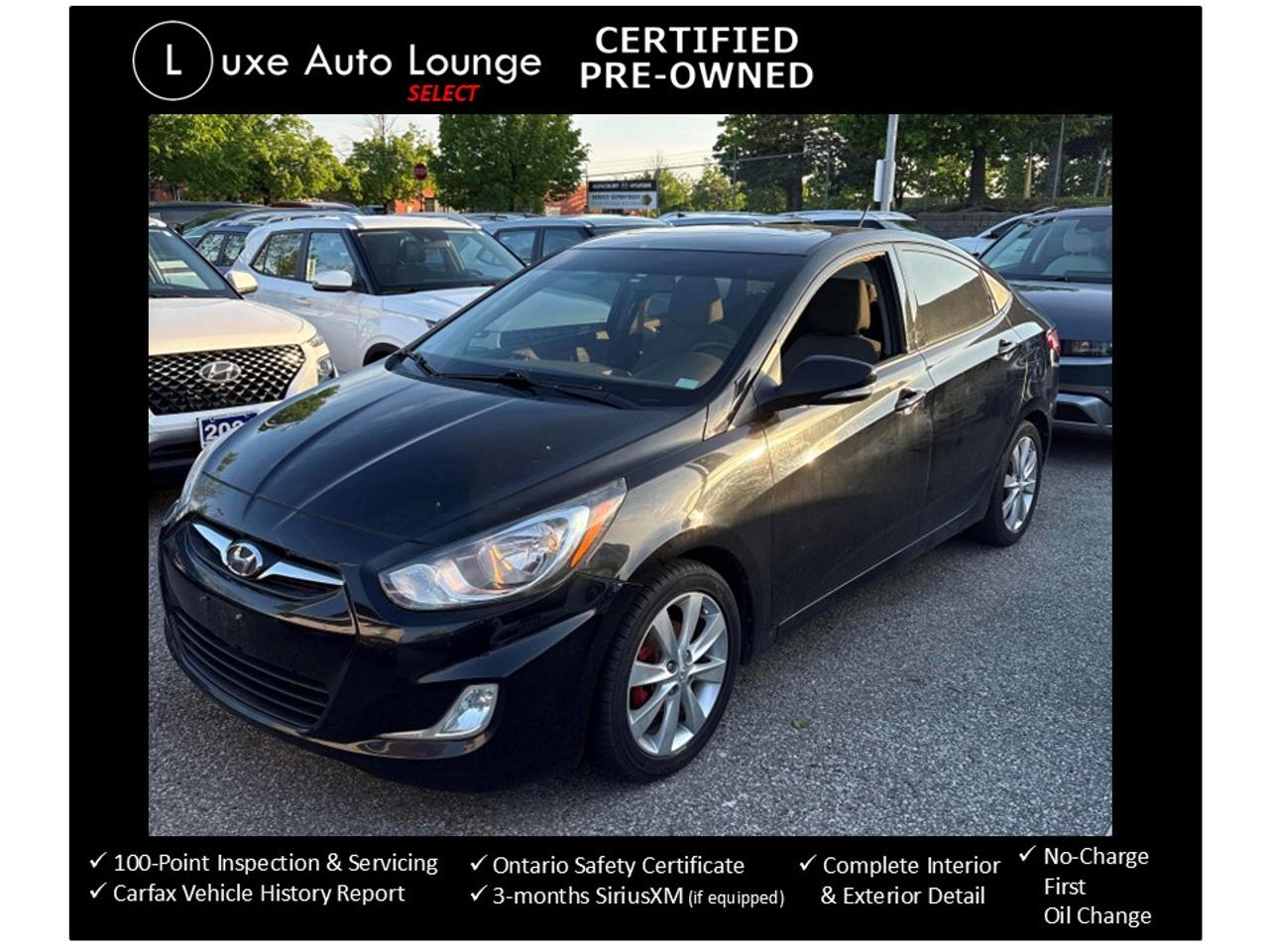 <p>Budget-friendly!! That is what this 2013 Hyundai Accent GLS sedan is all about!!! Has all the features you could ever need including: automatic transmission, heated seats, power sunroof, power group, cruise control, air conditioning, bluetooth hands-free, alloy wheels, remote keyless entry and more!</p><p><span style=color: #333333; font-family: Work Sans, sans-serif; font-size: 16px; white-space: pre-wrap; caret-color: #333333; background-color: #ffffff;>This vehicle comes Luxe certified select pre-owned, which includes: 100-point inspection & servicing, oil lube and filter change, Ontario safety certificate, <em><span style=text-decoration: underline;><strong>Available</strong></span></em> Luxe Assurance Package, complete interior and exterior detailing, <em><span style=text-decoration: underline;><strong>No-charge first oil change!</strong></span></em>, Carfax Verified vehicle history report, guaranteed one key (additional keys may be purchased at time of sale) and FREE 90-day SiriusXM satellite radio trial (on factory-equipped vehicles)! </span><span style=background-color: #ffffff; color: #333333; font-family: Work Sans, sans-serif; font-size: 16px; caret-color: #333333; white-space-collapse: preserve;>Remember, we built our business on quality, trust, service, and we deliver. PERIOD. <strong>**<em>Ask about our U-select Standard Plus Extended Powertrain Warranty Covearge!!**</em> </strong></span><span style=background-color: #ffffff; color: #333333; font-family: Work Sans, sans-serif; font-size: 16px; caret-color: #333333; white-space-collapse: preserve;><strong>Proudly </strong></span><strong><span style=background-color: #ffffff; color: #333333; font-family: Work Sans, sans-serif; font-size: 16px; caret-color: #333333; white-space-collapse: preserve;>Family Owned and Operated in the Orleans community for over 16 years!</span></strong></p><p><strong>Priced at ONLY $8995 plus hst and licensing! Ask about our in-house lease options!! Only $459 per month with $2000 down over 30 months with 2-year/40,000km powertrain warranty included!!!! Call today and ask us for details!!</strong></p>