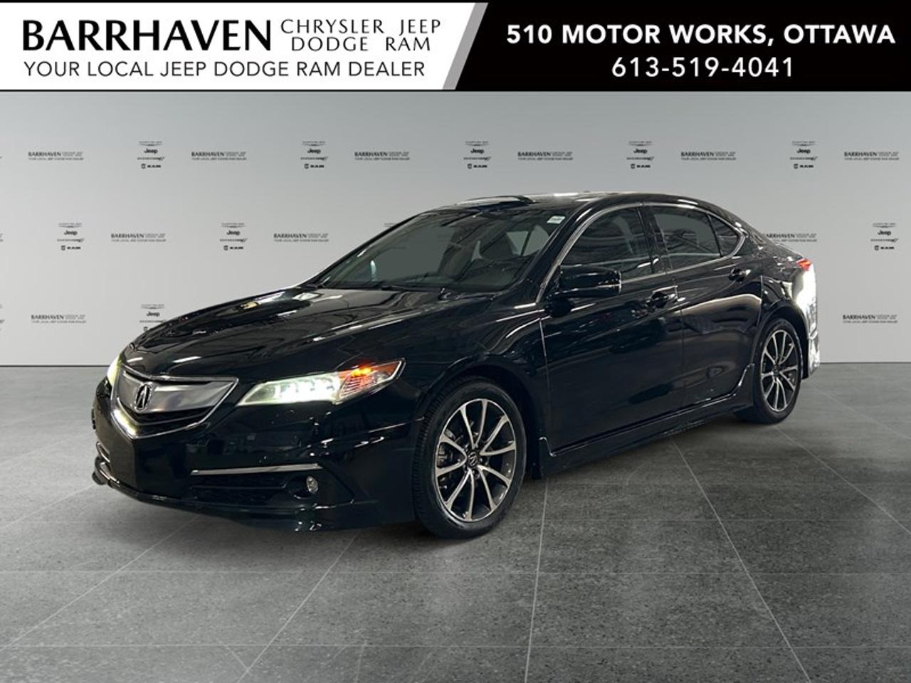 Experience the refined elegance of the 2017 Acura TLX V6 Elite in its striking black exterior, paired beautifully with the confidence of an AWD system and smooth handling courtesy of its automatic transmission. This sedan not only exudes style but is designed to provide a driving experience thats both dynamic and assured. The TLX V6 Elites exterior is adorned with alloy wheels that complement its sophisticated look, while the sunroof adds a touch of luxury to its silhouette. Slide into the cabin, where heated and cooled leather seats envelop you in comfort, and a leather-wrapped steering wheel underscores the attention to quality and detail. This Acura is equipped with an impressive array of technology and safety features designed to keep you connected and protected. The navigation system and smart device integration keep you on course and entertained, while adaptive cruise control and a suite of driver assistance features like lane assist and parking sensors ensure a relaxed journey. Heated mirrors and a backup camera further enhance the convenience and safety. Ideal for those who value both performance and luxury in their ride, the 2017 Acura TLX V6 Elite is the perfect companion for families and professionals alike. Contact Barrhaven Jeep Dodge Chrysler Ram to learn more and discuss how this exceptional sedan can be yours today.