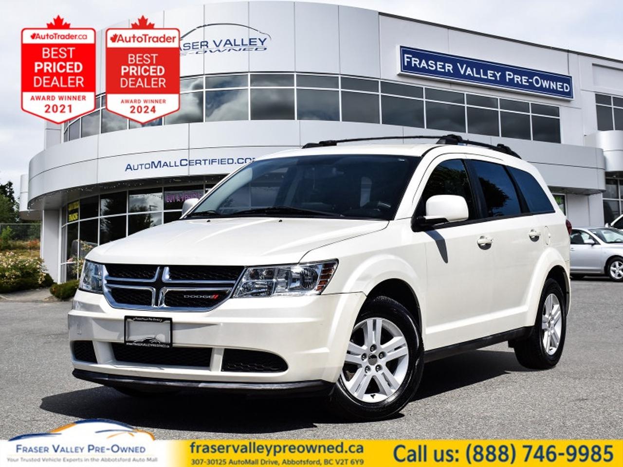 2012 DODGE JOURNEY SE PLUS - 7 PASSENGER - 4 CYLINDER - BACKUP CAMERA - NO ACCIDENT - AFFORDABLE
 
2.4L 4-Cylinder, FWD, 7-Passenger, 3rd Row Seating, Back-Up Camera, Rear Parking Aid, Heated Mirrors, Bluetooth, Satellite Radio, Cruise Control, Alloy Wheels
 
Fraser Valley Pre-Owned is proud to present this 2012 Dodge Journey SE Plus in Pearl White Tri-Coat - real 7-passenger space, real fuel economy, and a real price that makes sense for buyers who need room for the whole family without the payment that usually comes with it. The fuel-efficient 2.4L four-cylinder keeps running costs down while the flexible 3rd row seating and rear climate control make this Journey genuinely practical for everyday life. Carfax Canada confirms this vehicle is accident free with 14 service records and consistent BC registration with normal branding throughout. High kilometres, yes - but this Journey has been cared for and it shows.
 
Highlights
 
2012 Dodge Journey SE Plus
Pearl White Tri-Coat exterior
Black cloth interior
201,910 km
2.4L 4-Cylinder engine
4-Speed automatic transmission
FWD
7-passenger seating with 3rd row
Back-up camera
Rear parking aid
Satellite radio
Bluetooth connectivity
Heated power mirrors
Alloy wheels
Privacy glass
Cruise control
Steering wheel audio controls
Auxiliary audio input
Rear air conditioning - multi-zone climate control
Power windows and locks
Keyless entry
Engine block heater
Tire pressure monitor
Electronic stability and traction control
Front and rear head airbags
Anti-lock 4-wheel disc brakes
 
Restoration Notes
 
Carfax Canada confirms this vehicle is accident free with 14 service records and consistent BC registration with normal branding throughout - no collisions, no structural concerns. Regular oil changes and maintenance inspections have been carried out consistently through to April 2025, including alternator replacement, crankshaft position sensor replacement, and tune-up service performed over the years to keep this Journey running right. Despite the kilometres on the odometer, this is a mechanically sound, fully serviced vehicle that simply offers a lot of usable space and economy for the money. Serviced and inspected to Fraser Valley Automall standards before hitting the lot.
 
Trades welcome.
 
Finance and warranty options available for all types of credit situations.
 
Dealership:
 
Not every vehicle on our lot needs to be flashy - some just need to work, and work well, for a fair price. Fraser Valley Pre-Owned is the only dedicated pre-owned store inside the Fraser Valley Automall, and our reputation for honest value is backed by multiple AutoTrader Lowest Priced Dealer awards and the 2025 and 2026 Canadian Consumer Choice Award for Pre-Owned Auto Dealership of the Year in Abbotsford. This Journey is a smart, affordable choice for a growing family or anyone who needs the extra seats. Come see what real value looks like.
 
307-30125 Auto Mall Drive, Abbotsford, BC V2T 6Y9
Fraser Valley Automall
www.fraservalleypreowned.ca
 
All finance/lender options available - cash purchases welcome
 
To apply right now for financing use this link: https://www.fraservalleypreowned.ca/abbotsford-car-loan-application-british-columbia
 

| Our Quality Guarantee: We maintain the highest standard of quality that is required for a Pre-Owned Dealership to operate in an Auto Mall. We provide an independent 360-degree inspection report through licensed 3rd Party mechanic shops. Thus, our customers can rest assured each vehicle will be a reliable, and responsible purchase.  |  Purchase Disclaimer: Your selected vehicle may have a differing finance and cash prices. When viewing our vehicles on third party  marketplaces, please click over to our website to verify the correct price for the vehicle. The Sale Price on third party websites will always reflect the Finance Price of our vehicles. If you are making a Cash Purchase, please refer to our website for the Cash Price of the vehicle.  | All prices are subject to and do not include, a $995 Finance Fee, a $995 Document Fee, and a $499 GPS Lot Pack. VSA Security Fee of $10 is applicable as we are a Certified VSA Dealer (#40190).  These fees as well as taxes, are included in all listed listed payment quotes. Please speak with Dealer for full details and exact numbers.  o~o