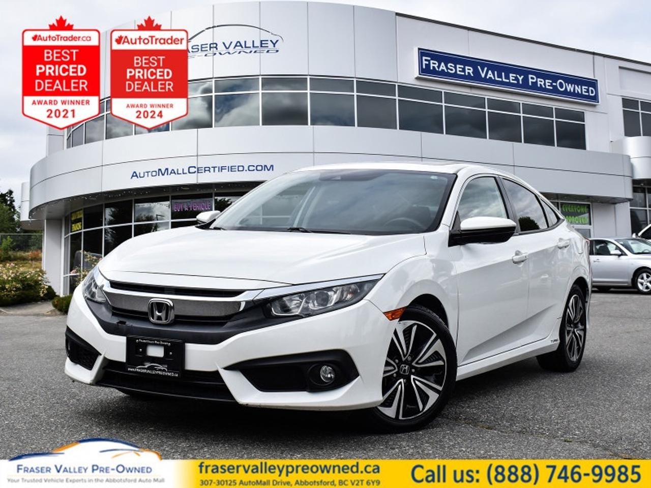 2016 HONDA CIVIC EX-T SEDAN - TURBOCHARGED - MOONROOF - NAVIGATION THROUGH APPLE CARPLAY / ANDROID AUTO - LANE KEEP - LOW KM
 
1.5L Turbocharged 4-Cylinder, CVT, EX-T, Moonroof, Apple CarPlay, Android Auto, Adaptive Cruise, Lane Departure Warning, Heated Seats, Push Button Start, 17 Alloy Wheels, Fog Lights
 
Fraser Valley Pre-Owned is proud to present this 2016 Honda Civic EX-T Sedan in White - a genuinely low-kilometre example of one of the best redesigns Honda has ever produced. The tenth-generation Civic was a full reset for the nameplate - sharper styling, a more composed chassis, and a turbocharged engine that made the segment sit up and pay attention. At 107,451 km with 15 service records on Carfax Canada including consistent visits to The Honda Way right here in Abbotsford, this is exactly the kind of Civic that comes along once and sells fast. Fuel efficient, fun to drive, loaded with tech, and backed by Hondas legendary long-term reliability - this one checks every box.
 
Highlights
 
2016 Honda Civic EX-T Sedan
White exterior
Black sport cloth interior
107,451 km
1.5L Turbocharged 4-Cylinder - 174HP
CVT transmission
Moonroof
Push button start
Apple CarPlay
Android Auto
Bluetooth connectivity
7 touchscreen infotainment
Dual-zone automatic climate control
Heated front seats
17 alloy wheels
Fog lights
Rear spoiler
Lane departure warning
Collision mitigation braking system
Adaptive cruise control
Rear view camera
Honda Sensing safety suite
 
Restoration Notes
 
Carfax Canada confirms 15 service records, lifelong BC registration originating right here in Abbotsford, and normal branding throughout - no written-off history, no structural concerns. Maintenance has been performed consistently at The Honda Way in Abbotsford from new through to May 2026, with supplemental Jiffy Lube visits in between. This is a well-documented, well-maintained Civic with the service history to back it up. Serviced and inspected to Fraser Valley Automall standards before hitting the lot.
 
Trades welcome.
 
Finance and warranty options available for all types of credit situations.
 
Dealership:
 
Fraser Valley Pre-Owned is the only dedicated pre-owned store inside the Fraser Valley Automall - and we have the track record to prove why that matters. Multiple-time AutoTrader Lowest Priced Dealer award winners and proud recipients of the 2025 and 2026 Canadian Consumer Choice Award for Pre-Owned Auto Dealership of the Year in Abbotsford. A low-km, Honda dealer-maintained Civic EX-T at a below-market price does not sit around. Come see it before someone else does.
 
307-30125 Auto Mall Drive, Abbotsford, BC V2T 6Y9
Fraser Valley Automall
www.fraservalleypreowned.ca
 
All finance/lender options available - cash purchases welcome
 
To apply right now for financing use this link: https://www.fraservalleypreowned.ca/abbotsford-car-loan-application-british-columbia
 

| Our Quality Guarantee: We maintain the highest standard of quality that is required for a Pre-Owned Dealership to operate in an Auto Mall. We provide an independent 360-degree inspection report through licensed 3rd Party mechanic shops. Thus, our customers can rest assured each vehicle will be a reliable, and responsible purchase.  |  Purchase Disclaimer: Your selected vehicle may have a differing finance and cash prices. When viewing our vehicles on third party  marketplaces, please click over to our website to verify the correct price for the vehicle. The Sale Price on third party websites will always reflect the Finance Price of our vehicles. If you are making a Cash Purchase, please refer to our website for the Cash Price of the vehicle.  | All prices are subject to and do not include, a $995 Finance Fee, a $995 Document Fee, and a $499 GPS Lot Pack. VSA Security Fee of $10 is applicable as we are a Certified VSA Dealer (#40190).  These fees as well as taxes, are included in all listed listed payment quotes. Please speak with Dealer for full details and exact numbers.  o~o
