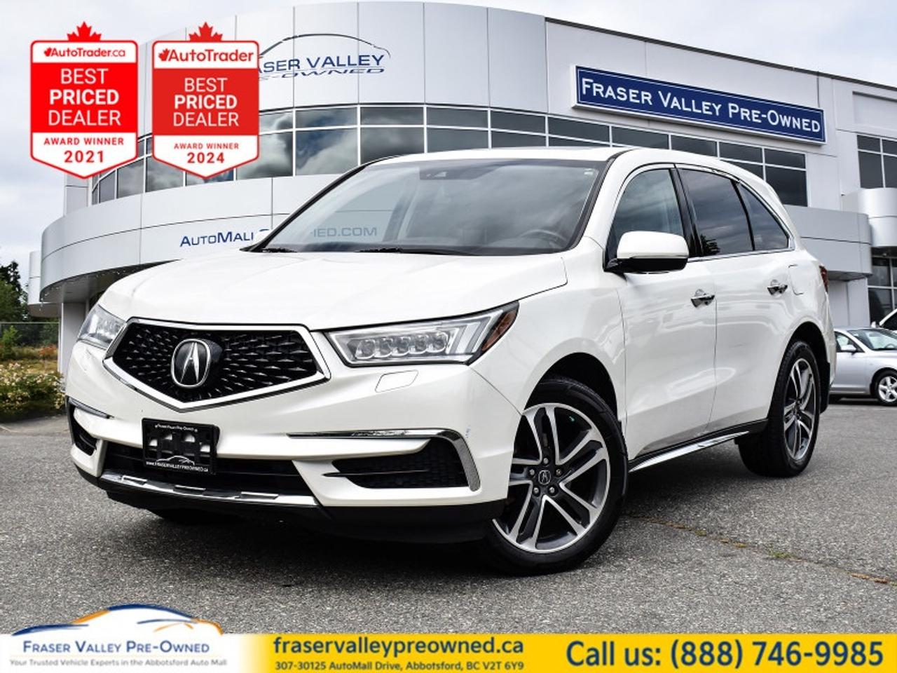 2017 ACURA MDX TECHNOLOGY AWD - REAR ENTERTAINMENT - NAVIGATION - HEATED SEATS - ADAPTIVE CRUISE - LOADED
 
3.5L V6, AWD, Technology Package, Rear DVD Entertainment, Navigation, Heated Leather Seats, Heated Steering Wheel, Power Moonroof, Adaptive Cruise Control, Lane Keep Assist, Forward Collision Warning, Blind Spot Detection, Power Tailgate, Remote Start
 
Fraser Valley Pre-Owned is proud to present this 2017 Acura MDX Technology AWD in White - a fully loaded three-row luxury crossover that brings genuine family-friendly versatility together with Acuras signature precision-crafted performance. This Technology trim comes equipped with rear DVD entertainment, navigation, heated leather seats front and rear comfort, a heated steering wheel, and a power moonroof, along with Acuras full suite of driver assistance tech. The smooth 3.5L V6 paired with a 9-speed automatic and AWD delivers confident, comfortable performance in any season. At 143,529 km, this MDX has been consistently serviced at Acura of Langley throughout its life - a well-documented, well-maintained example of one of the most respected names in the luxury crossover segment.
 
Highlights
 
2017 Acura MDX Technology AWD
White exterior
Black leather interior
143,529 km
3.5L V6 - 290HP
9-Speed automatic transmission
AWD
Rear DVD entertainment system
Navigation
Heated leather seats
Smart Slide 2nd row seating
50/50 split-folding 3rd row seat
Heated steering wheel
Power moonroof
Tri-zone automatic climate control
Adaptive cruise control
Lane keep assist
Forward collision warning
Automatic emergency braking
Blind spot detection
Rearview camera
Power tailgate
Remote start
Bluetooth connectivity
SiriusXM satellite radio
8-speaker premium audio
 
Restoration Notes
 
Carfax Canada confirms 19 service records with the vast majority performed at Acura of Langley throughout the vehicles life, along with consistent BC registration and normal branding. This MDX has clearly been cared for by an owner who valued proper maintenance. Serviced and inspected to Fraser Valley Automall standards before hitting the lot.
 
Trades welcome.
 
Finance and warranty options available for all types of credit situations.
 
Dealership:
 
Fraser Valley Pre-Owned is the only dedicated pre-owned store inside the Fraser Valley Automall, and a fully loaded, dealer-maintained MDX Technology like this one is exactly why our customers keep coming back. Multiple-time AutoTrader Lowest Priced Dealer award winners and proud recipients of the 2025 and 2026 Canadian Consumer Choice Award for Pre-Owned Auto Dealership of the Year in Abbotsford. Three rows, true luxury, and a price that makes sense - come see it for yourself.
 
307-30125 Auto Mall Drive, Abbotsford, BC V2T 6Y9
Fraser Valley Automall
www.fraservalleypreowned.ca
 
All finance/lender options available - cash purchases welcome
 
To apply right now for financing use this link: https://www.fraservalleypreowned.ca/abbotsford-car-loan-application-british-columbia
 

| Our Quality Guarantee: We maintain the highest standard of quality that is required for a Pre-Owned Dealership to operate in an Auto Mall. We provide an independent 360-degree inspection report through licensed 3rd Party mechanic shops. Thus, our customers can rest assured each vehicle will be a reliable, and responsible purchase.  |  Purchase Disclaimer: Your selected vehicle may have a differing finance and cash prices. When viewing our vehicles on third party  marketplaces, please click over to our website to verify the correct price for the vehicle. The Sale Price on third party websites will always reflect the Finance Price of our vehicles. If you are making a Cash Purchase, please refer to our website for the Cash Price of the vehicle.  | All prices are subject to and do not include, a $995 Finance Fee, a $995 Document Fee, and a $499 GPS Lot Pack. VSA Security Fee of $10 is applicable as we are a Certified VSA Dealer (#40190).  These fees as well as taxes, are included in all listed listed payment quotes. Please speak with Dealer for full details and exact numbers.  o~o
