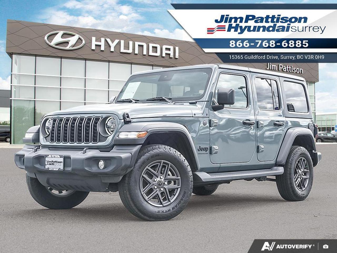 ONE OWNER!! VERY LOW KM!!! LOCAL BC VEHICLE !! Built for adventure and designed for everyday versatility, this 2024 Jeep Wrangler Sport S 4x4 delivers legendary off-road capability, iconic styling, and modern technology. Powered by a responsive 3.6L Pentastar&reg; V6 engine paired with an automatic transmission, the Wrangler offers strong performance both on and off the pavement. Jeeps renowned Command-Trac&reg; 4x4 system provides exceptional traction and confidence in all weather and terrain conditions.

The Sport S trim adds a range of comfort and convenience features, making it an ideal choice for drivers who want the rugged capability of a Wrangler without sacrificing everyday practicality. The removable doors and roof allow for an open-air driving experience, while the spacious cabin provides comfortable seating and flexible cargo space for weekend getaways, camping trips, and daily commuting.

Inside, youll find modern technology including a touchscreen infotainment system with Apple CarPlay&reg; and Android Auto, Bluetooth&reg; connectivity, multiple USB ports, steering wheel-mounted controls, and advanced vehicle information displays. Convenience features include power windows and locks, remote keyless entry, air conditioning, premium cloth seating, and alloy wheels.

Safety and driver-assistance features include a rear backup camera, electronic stability control, traction control, hill start assist, advanced multistage airbags, tire pressure monitoring, and available driver-assistance technologies designed to enhance confidence behind the wheel.

Whether youre exploring mountain trails, tackling winter roads, or cruising around town, the 2024 Jeep Wrangler Sport S offers unmatched versatility and the freedom to go wherever the roador trailtakes you

We always include a 30-day powertrain guarantee, 14-day exchange privilege and a CarFax vehicle history report with all of our pre-owned vehicles. Call 1-866-768-6885! Do you prefer text contact? You can TEXT our sales team directly @ 778-770-1084.All of our pre-owned vehicles come with our OWNER PROTECTION PLAN for your peace of mind! This will include a 30 day power train guarantee, Car Proof vehicle history report, Detailed cosmetic reconditioning, comprehensive mechanical and safety inspection, 14 day owner exchange program (subject to terms and conditions, see dealership for details) AND a lien free guarantee. http://www.jpautogroup.com/owner-protection-plan.htm 
 
You will also receive lube, oil and filter service for ONLY $9.95 within 6 months of purchase or 6000 KM PLUS complimentary Oil and Filter service and a Comprehensive Inspection after 12 months or 20,000 KM following purchase. 
 
Purchasing a Pre-Owned vehicle has never been better CALL TODAY! Jim Pattison Hyundai Surrey 1-866-768-6885 
 
  
 
FINANCING AVAILABLE 
 
***GOOD CREDIT BAD CREDIT ALL WELCOME*** ALL VEHICLES SAFETY CHECKED. CALL JIM PATTISON HYUNDAI

Price includes dealer administration fee ($595) and VSA transaction levy ($10). Finance placement fee ($595) if applicable, GST and PST are additional. D#10977