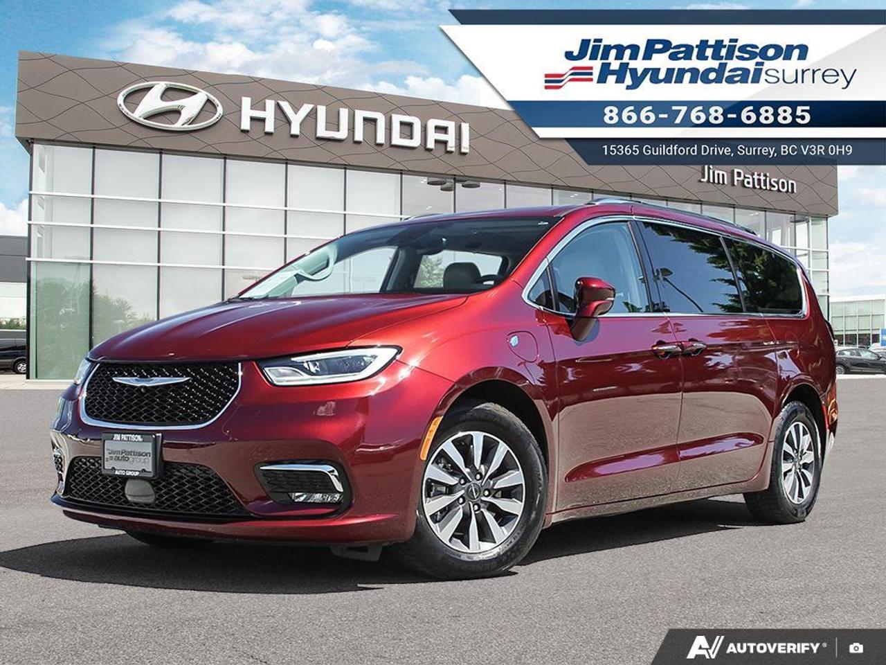 ONE OWNER!!! NO ACCIDENTS!!! LOCAL BC VEHICLE!! The 2021 Chrysler Pacifica Touring Plus Hybrid delivers the perfect balance of efficiency, comfort, and family-friendly versatility. Powered by a 3.6L Pentastar&reg; V6 engine paired with an advanced hybrid system, it offers impressive fuel economy without sacrificing performance. The spacious 7-passenger interior features premium cloth seating, heated front seats, tri-zone automatic climate control, and flexible cargo space. Technology includes a 10.1-inch Uconnect&reg; touchscreen with Apple CarPlay&reg;, Android Auto, Bluetooth&reg;, and multiple USB ports. Advanced safety features such as Adaptive Cruise Control, Blind-Spot Monitoring, Lane Keep Assist, Forward Collision Warning with Active Braking, Rear Cross-Path Detection, and a rear-view camera provide added confidence on every journey. Combining modern technology, exceptional practicality, and hybrid efficiency, the Pacifica Touring Plus Hybrid is an ideal minivan for Canadian families.

We always include a 30-day powertrain guarantee, 14-day exchange privilege and a CarFax vehicle history report with all of our pre-owned vehicles. Call 1-866-768-6885! Do you prefer text contact? You can TEXT our sales team directly @ 778-770-1084All of our pre-owned vehicles come with our OWNER PROTECTION PLAN for your peace of mind! This will include a 30 day power train guarantee, Car Proof vehicle history report, Detailed cosmetic reconditioning, comprehensive mechanical and safety inspection, 14 day owner exchange program (subject to terms and conditions, see dealership for details) AND a lien free guarantee. http://www.jpautogroup.com/owner-protection-plan.htm 
 
You will also receive lube, oil and filter service for ONLY $9.95 within 6 months of purchase or 6000 KM PLUS complimentary Oil and Filter service and a Comprehensive Inspection after 12 months or 20,000 KM following purchase. 
 
Purchasing a Pre-Owned vehicle has never been better CALL TODAY! Jim Pattison Hyundai Surrey 1-866-768-6885 
 
  
 
FINANCING AVAILABLE 
 
***GOOD CREDIT BAD CREDIT ALL WELCOME*** ALL VEHICLES SAFETY CHECKED. CALL JIM PATTISON HYUNDAI

Price includes dealer administration fee ($595) and VSA transaction levy ($10). Finance placement fee ($595) if applicable, GST and PST are additional. D#10977
