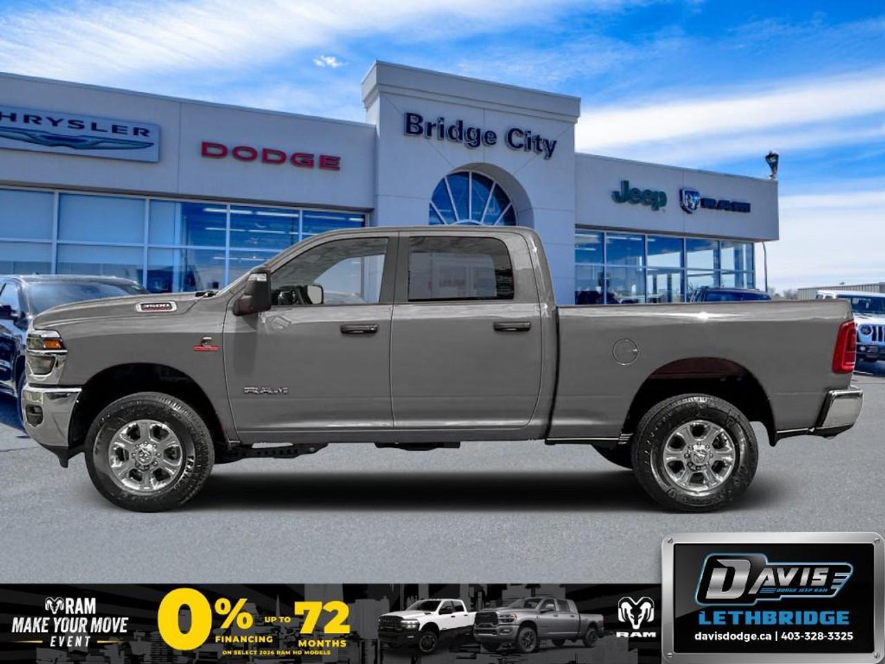 <b>Power Mirrors, ParkSense, Adaptive Cruise Control, Mobile Hotspot, Collision Mitigation!</b><br /> <br /> Whether you're on the job site, driving around town, or making a long-haul trip, this Ram 3500 gets the job done with ease.<br /> <br />Endlessly capable, this 2026 Ram 3500 pulls out all the stops, and has the towing capacity that sets it apart from the competition. On top of its proven Ram toughness, this Ram 3500 has an ultra-quiet cabin full of amazing tech features that help make your workday more enjoyable. Whether you're in the commercial sector or looking for serious recreational towing rig, this impressive 3500 is ready for anything that you are.<br /> <br />This Ceramic Grey sought after diesel Crew Cab 4X4 pickup has an Automatic transmission and is powered by a Cummins 430HP 6.7L Straight 6 Cylinder Engine. <br /> <br /> Our 3500's trim level is Big Horn. Standard features include class V tow equipment with a hitch, brake controller and trailer sway control, heated power-adjustable mirrors, heavy duty suspension, mobile hotspot internet access, adaptive cruise control, and an 8.4-inch infotainment screen powered by Uconnect 5, with Apple CarPlay and Android Auto. Safety features also include ParkSense front and rear parking sensors, forward collision warning and front collision mitigation. This vehicle has been upgraded with the following features: Power Mirrors, ParkSense, Adaptive Cruise Control, Mobile Hotspot, Collision Mitigation.<br /><br /> <br />To apply right now for financing use this link: <a href=https://lethbridge.davisdodge.ca/free-credit-check/ target=_blank rel=nofollow noopener noreferrer>https://lethbridge.davisdodge.ca/free-credit-check/</a><br /> <br /><br />As a premier Chrysler, Dodge, Jeep and RAM dealership, Davis Dodge proudly offers an extensive selection of new and used vehicles to meet every drivers needs. Customers across Lethbridge, Fort Macleod, Taber, Claresholm, Coaldale, and beyond trust us for daily vehicle specials, certified service and parts, and a seamless online inventory experience. <br /><br /> With competitive financing options and expert support, we make car buying easy and enjoyable. <br /><br /> Ready to hit the road? Schedule your test drive today at Davis Dodge, your trusted Chrysler, Dodge, Jeep and RAM dealer in Lethbridge, Alberta.<br /><br /> Vehicle pricing offer shown expires 2026-06-30. <br /> Come by and check out our fleet of 50+ used cars and trucks and 110+ new cars and trucks for sale in Lethbridge. o~o