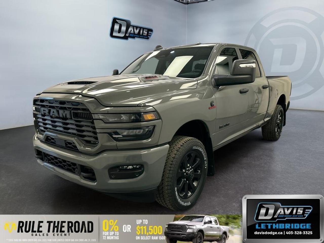 <b>Power Mirrors, ParkSense, Adaptive Cruise Control, Mobile Hotspot, Collision Mitigation!</b><br /> <br /> This Ram 3500 is class-leader in the heavy-duty truck segment thanks to its refined interior, forgiving ride, and tremendous towing and hauling capabilities.<br /> <br />Endlessly capable, this 2026 Ram 3500 pulls out all the stops, and has the towing capacity that sets it apart from the competition. On top of its proven Ram toughness, this Ram 3500 has an ultra-quiet cabin full of amazing tech features that help make your workday more enjoyable. Whether you're in the commercial sector or looking for serious recreational towing rig, this impressive 3500 is ready for anything that you are.<br /> <br />This Ceramic Grey sought after diesel Crew Cab 4X4 pickup has an Automatic transmission and is powered by a Cummins 430HP 6.7L Straight 6 Cylinder Engine. <br /> <br /> Our 3500's trim level is Big Horn. Standard features include class V tow equipment with a hitch, brake controller and trailer sway control, heated power-adjustable mirrors, heavy duty suspension, mobile hotspot internet access, adaptive cruise control, and an 8.4-inch infotainment screen powered by Uconnect 5, with Apple CarPlay and Android Auto. Safety features also include ParkSense front and rear parking sensors, forward collision warning and front collision mitigation. This vehicle has been upgraded with the following features: Power Mirrors, ParkSense, Adaptive Cruise Control, Mobile Hotspot, Collision Mitigation.<br /><br /> <br />To apply right now for financing use this link: <a href=https://lethbridge.davisdodge.ca/free-credit-check/ target=_blank rel=nofollow noopener noreferrer>https://lethbridge.davisdodge.ca/free-credit-check/</a><br /> <br /><br />As a premier Chrysler, Dodge, Jeep and RAM dealership, Davis Dodge proudly offers an extensive selection of new and used vehicles to meet every drivers needs. Customers across Lethbridge, Fort Macleod, Taber, Claresholm, Coaldale, and beyond trust us for daily vehicle specials, certified service and parts, and a seamless online inventory experience. <br /><br /> With competitive financing options and expert support, we make car buying easy and enjoyable. <br /><br /> Ready to hit the road? Schedule your test drive today at Davis Dodge, your trusted Chrysler, Dodge, Jeep and RAM dealer in Lethbridge, Alberta.<br /><br /> Vehicle pricing offer shown expires 2026-07-31. <br /> Come by and check out our fleet of 50+ used cars and trucks and 110+ new cars and trucks for sale in Lethbridge. o~o