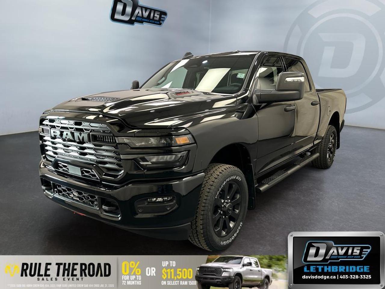 <b>Adaptive Cruise Control, Mobile Hotspot, Collision Mitigation!</b><br /> <br /> This ultra capable Heavy Duty Ram 2500 is a muscular workhorse ready for any job you put in front of it.<br /> <br />Endlessly capable, this 2026 Ram 2500 pulls out all the stops, and has the towing capacity that sets it apart from the competition. On top of its proven Ram toughness, this Ram 2500 has an ultra-quiet cabin full of amazing tech features that help make your workday more enjoyable. Whether you're in the commercial sector or looking for serious recreational towing rig, this impressive 2500 is ready for anything that you are.<br /> <br />This Diamond Black Crystal Pearl Crew Cab 4X4 pickup has an Automatic transmission and is powered by a 405HP 6.4L 8 Cylinder Engine. <br /> <br /> Our 2500's trim level is Black Express. Built to handle the toughest tasks with confidence, this heavy-duty pickup blends rugged capability with smart convenience. Its durable exterior features functional touches like tow hooks, side steps, and a practical cargo bed, while the interior offers comfort and connectivity through the Uconnect 8.4-inch touchscreen, Apple CarPlay, Android Auto, and Wi-Fi hotspot access. Adaptive cruise control, power accessories, and intuitive storage enhance everyday usability, and advanced safety systems including Forward Collision Warning, Roll Stability Control, and a ParkView backup camera provide added confidence on every drive. Designed for strength, comfort, and control, its the perfect truck for work, play, and everything in between. This vehicle has been upgraded with the following features: Adaptive Cruise Control, Mobile Hotspot, Collision Mitigation.<br /><br /> <br />To apply right now for financing use this link: <a href=https://lethbridge.davisdodge.ca/free-credit-check/ target=_blank rel=nofollow noopener noreferrer>https://lethbridge.davisdodge.ca/free-credit-check/</a><br /> <br /><br />As a premier Chrysler, Dodge, Jeep and RAM dealership, Davis Dodge proudly offers an extensive selection of new and used vehicles to meet every drivers needs. Customers across Lethbridge, Fort Macleod, Taber, Claresholm, Coaldale, and beyond trust us for daily vehicle specials, certified service and parts, and a seamless online inventory experience. <br /><br /> With competitive financing options and expert support, we make car buying easy and enjoyable. <br /><br /> Ready to hit the road? Schedule your test drive today at Davis Dodge, your trusted Chrysler, Dodge, Jeep and RAM dealer in Lethbridge, Alberta.<br /><br /> Vehicle pricing offer shown expires 2026-07-31. <br /> Come by and check out our fleet of 50+ used cars and trucks and 110+ new cars and trucks for sale in Lethbridge. o~o
