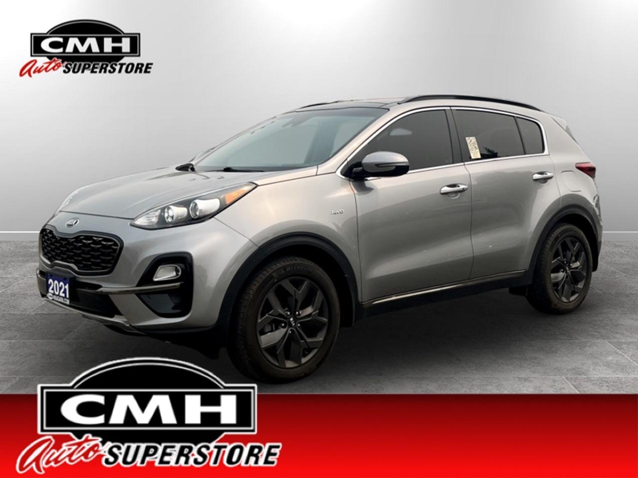 <b>ONLY 49,000 KMS !! AWD !! REAR CAMERA, LANE ASSIST, COLLISION SENSORS, BLIND SPOT MONITORING, CROSS TRAFFIC ALERT, APPLE CARPLAY, ANDROID AUTO, WIRELESS CHARGING PAD, PANORAMIC SUNROOF, POWER SEAT, HEATED SEATS, HEATED STEERING WHEEL, 18-INCH ALLOY WHEELS</b><br>  <br>CMH certifies that all vehicles meet DOUBLE the Ministry standards for Brakes and Tires. The advertised price is the promotional financing price. For all other methods of payment, the selling price is $500 higher.<br><br> <br>This 2021 Kia Sportage is for sale today.<br> <br>This 2021 Kia Sportage ranks as one of the best Crossover SUVs and with a good set of reasons. It has one of the best interiors in its class, a generous cargo space, excellent power and handling, and a modern, distinctive, ageless design. Comfortable, composed and highly capable on the road and for light off-roading, this Kia Sportage definitely deserves your consideration.<br> <br>This low mileage SUV has just 48,051 km. Its Steel Gray in colour and is completely accident free based on the <a href=https://vhr.carfax.ca/?id=4DDX9rpn0Zuzaz+I/Q/R5rbWuBf0510N target=_blank>CARFAX Report</a>. It has an Automatic transmission and is powered by a 181HP 2.4L 4 Cylinder Engine. <br> <br> Our Sportages trim level is EX-S. With style, comfort and safety upgrades like a huge glass sunroof, dark aluminum wheels, wireless charging, lane keep assist, lane departure warning, forward collision mitigation and blind spot detection this EX S takes things to a whole new level. You will also get Apple CarPlay, Android Auto, an 8 inch colour touchscreen, Bluetooth streaming audio, power heated front seats, steering wheel audio controls and a proximity key with push button start. This incredible SUV also comes with front fog lights, heated side mirrors and a heated leather steering wheel to help cement that luxurious feel.<br> <br>To apply right now for financing use this link: <a href=https://www.cmhniagara.com/financing/ target=_blank>https://www.cmhniagara.com/financing/</a><br> <br/><br>**PLEASE NOTE:** The functionality and condition of any accessories and aftermarket parts are not guaranteed by CMH Auto Superstore. Examples of such items include, but are not limited to: tonneau covers, radios, cameras, remote starts, vent visors, roof racks, winches, light bars, headlights/tail lights, center caps, running boards, etc. If an aftermarket part is safety-related and found to be defective, it will be replaced by a factory option.<br><b>**CMH Auto Superstore reserves the right to choose to repair, modify, or replace all aftermarket parts (example  headlights) or accessories at its sole discretion.**</b><br><br>Trade-ins are welcome! Financing available OAC ! Price INCLUDES a valid safety certificate! Price INCLUDES a 60-day limited warranty on all vehicles except classic or vintage cars. CMH is a Full Disclosure dealer with no hidden fees. We are a family-owned and operated business for over 30 years! o~o