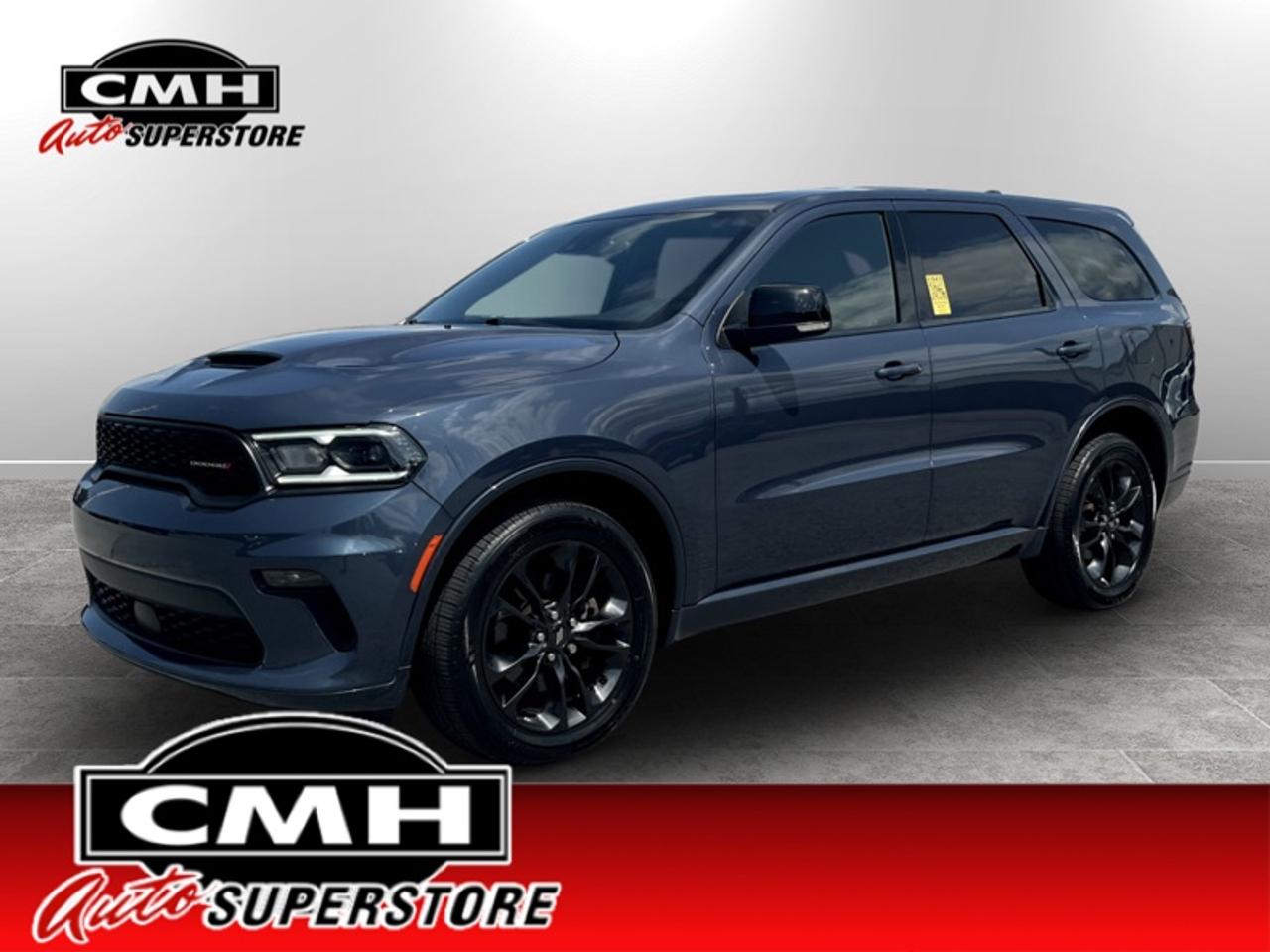 <b>TECHNOLOGY PACKAGE !! AWD !! NAVIGATION, REAR CAMERA, BLIND SPOT, ADAPTIVE CRUISE, LANE ASSIST, APPLE CARPLAY, ANDROID AUTO, SUNROOF, LEATHER/SUEDE, POWER SEAT, HEATED SEATS, HEATED STEERING WHEEL, POWER LIFTGATE, REMOTE START, 20-INCH ALLOY WHEELS</b><br>  <br>CMH certifies that all vehicles meet DOUBLE the Ministry standards for Brakes and Tires. The advertised price is the promotional financing price. For all other methods of payment, the selling price is $500 higher.<br><br> <br>This 2021 Dodge Durango is for sale today.<br> <br>Filled with impressive standard features, this family friendly 2021 Dodge Durango is a surprising and adventurous SUV. Versatile as they come, you can manage any road you find in comfort and style, while effortlessly leading the pack in this Dodge Durango. For a capable, impressive, and versatile family SUV that can still climb mountains, this Dodge Durango is ready for your familys next big adventure.<br> <br>This SUV has 101,166 km. Its Blue Shade Pearl in colour and is completely accident free based on the <a href=https://vhr.carfax.ca/?id=HhS5i0gufZYXM8jGWuBOIgiRSsHYKuU5 target=_blank>CARFAX Report</a>. It has an Automatic transmission and is powered by a 295HP 3.6L V6 Cylinder Engine. <br> <br> Our Durangos trim level is GT Blacktop. Stepping up to this incredible GT trim gets you heated leather and suede seats, a power rear liftgate, power heated mirrors with integrated turn signals, all wheel drive, automatic headlights, fog lights, LED daytime running lights, stylish aluminum wheels, and a rear view camera with rear parking assistance for convenience and style. The interior is loaded with even more style and comfort than you would believe with leather and suede seats, front passenger power flat folding seat, a leather steering wheel w/ paddle shifters, full color customizable instrument cluster display, 3rd row seating with remote folding headrests, 2nd row fold and tumble seats, 2nd row heated seats, proximity entry, Uconnect 4 with a touchscreen display, Apple CarPlay, Android Auto, and a 115 volt power outlet.<br> To view the original window sticker for this vehicle view this <a href=http://www.chrysler.com/hostd/windowsticker/getWindowStickerPdf.do?vin=1C4RDJDG1MC683212 target=_blank>http://www.chrysler.com/hostd/windowsticker/getWindowStickerPdf.do?vin=1C4RDJDG1MC683212</a>. <br/><br> <br>To apply right now for financing use this link: <a href=https://www.cmhniagara.com/financing/ target=_blank>https://www.cmhniagara.com/financing/</a><br> <br/><br>**PLEASE NOTE:** The functionality and condition of any accessories and aftermarket parts are not guaranteed by CMH Auto Superstore. Examples of such items include, but are not limited to: tonneau covers, radios, cameras, remote starts, vent visors, roof racks, winches, light bars, headlights/tail lights, center caps, running boards, etc. If an aftermarket part is safety-related and found to be defective, it will be replaced by a factory option.<br><b>**CMH Auto Superstore reserves the right to choose to repair, modify, or replace all aftermarket parts (example  headlights) or accessories at its sole discretion.**</b><br><br>Trade-ins are welcome! Financing available OAC ! Price INCLUDES a valid safety certificate! Price INCLUDES a 60-day limited warranty on all vehicles except classic or vintage cars. CMH is a Full Disclosure dealer with no hidden fees. We are a family-owned and operated business for over 30 years! o~o