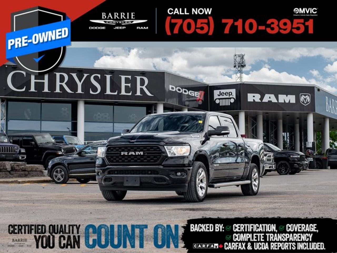 This vehicle is certified. You can trust that each certified vehicle goes through a 150-point inspection by our factory-trained master technicians. Our requirements exceed the provincial regulations of safety standards.With every detail disclosed and every standard met, confidence comes standard.Verified Vehicle History: CarFAX and UCDA reports included.Certified & Serviced: Oil, filters, and wipers replaced before delivery.Warranty You Can Trust: Up to 8 years or 200,000 KM of coverage.Finance Made Simple: Competitive rates for all credit profiles.Easy Exchange Program: Return within 7 days or 500 KM.Thank you for choosing Barrie Chrysler Dodge Jeep Ram, where the easy car-buying experience is all about you! Visit our expansive 50-car indoor showroom and view the hundreds of vehicles available, both on-site and off-site. We are located right in the heart of Barrie, on Dunlop St W, just off of Highway 400. - 395 Dunlop St W, Barrie, ON.We pay cash for cars, even if you dont buy one from us!Diamond Black 2022 Ram 1500 Big Horn/Lone Star 4D Crew Cab HEMI 5.7L V8 VVT 8-Speed Automatic 4WDWe utilize real-time third-party software to price our vehicles, ensuring they align with the daily average market price. For that reason, our vehicles are priced competitively.We have over 100 pre-owned vehicles available onsite, with extra off-site inventory available at all times. Prices are plus HST and licensing fee.