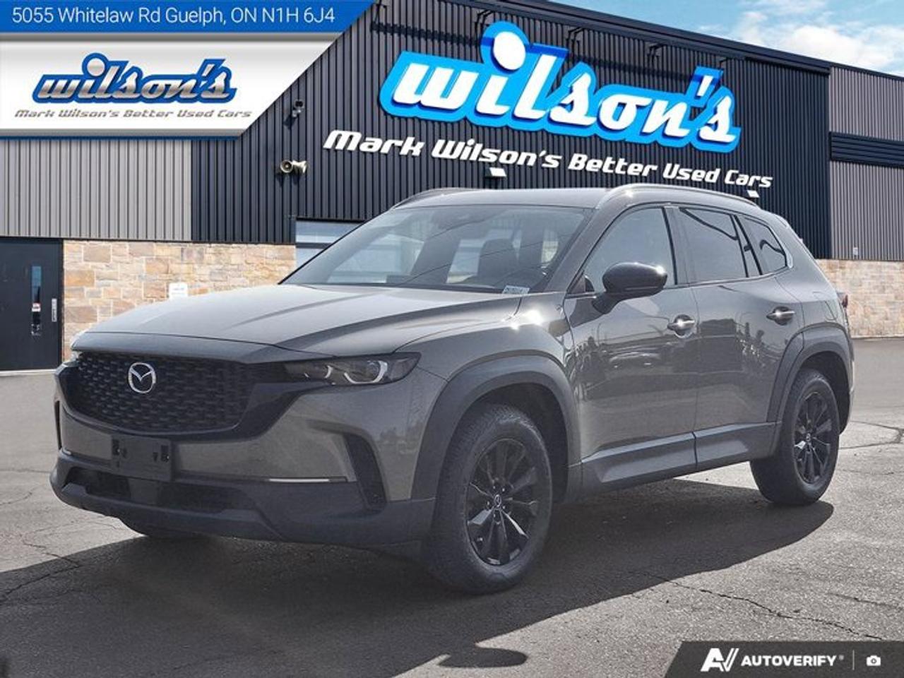 Look at this certified 2023 Mazda CX-50 GS-L AWD | Leather Trim | Sunroof | Heated Seats + Steering | Black Alloys | . Its Automatic transmission and 2.5 L engine will keep you going. This Mazda CX-50 features the following options: Sunroof, Leather Trim , Heated Steering Wheel, Air Conditioning, Heated Seats, Tilt Steering Wheel, Steering Radio Controls, Power Windows, Power Locks, and Traction Control. Stop by and visit us at Mark Wilsons Better Used Cars, 5055 Whitelaw Road, Guelph, ON N1H 6J4.MASSIVE SELECTION: 500+ vehicles in ONE LOCATION, all Live Market Priced for the best value!STRAIGHTFORWARD & TRANSPARENT PRICING: Our Advertised Price INCLUDES:Safety Certification! (No separate certification fee upcharge).FREE Carfax History Report!NO upcharge for paying cash!CONFIDENCE & PEACE OF MIND: 30-Day/3,000 km Warranty INCLUDED! Plus a 5-Day Exchange Privilege!*EASY FINANCING: Better-than-bank rates, $0 Down, and 3 Months No Payments available OAC. BAD CREDIT APPROVED HERE!WE BUY CARS: Get Top Dollar for your trade, or sell us your vehicle for CASH even if you dont buy ours!www.shopwilsons.comAn Honest, Transparent Buying Experience. Trusted in business since 1961!(Cash Prices Exclude HST and Licensing Fees only.)