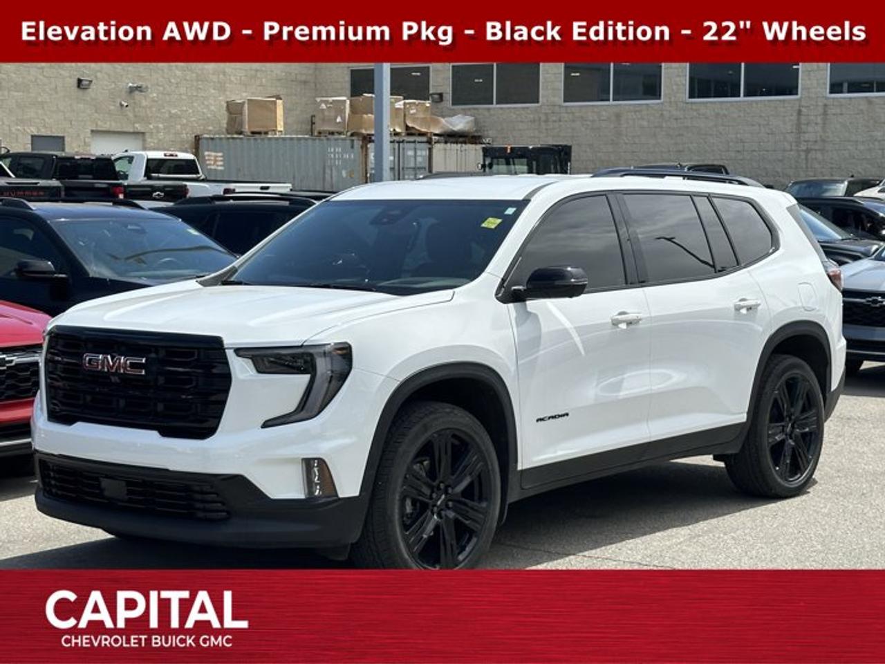 Recent Arrival! Odometer is 14197 kilometers below market average!Ask for the Internet Department for more information or book your test drive today! Call 403-256-4960 for fast answers at your fingertips! Disclaimer: All prices are plus taxes. See dealer for details. AMVIC Licensed Dealer # B2020028.2025 Acadia 8-Speed Automatic AWD Acadia Elevation, AWD, 18 x 7.5 Aluminum Wheels, 2-Way Driver Power Lumbar Seat Adjuster, 3-Channel Programmable Universal Home Remote, 4-Way Manual Front Passenger Seat Adjuster, 6-Way Power Front Passenger Seat Adjuster, 7-Passenger Seating (2-2-3 Seating Configuration), 8-Passenger Seating, 8-Way Power Driver Seat Adjuster, Auto-Dimming Inside Rear-View Mirror, Black Edition, Bose Premium 12-Speaker System with Sub-Woofer, Cloth Seat Trim, CoreTec Seat Trim, Elevation Premium Package, Front Passenger Power Lumbar Seat Adjuster, Gloss Black Roof Rails, Heated Driver and Front Passenger Seats, Performance Suspension, Preferred Equipment Group 4SD, Radio: 15 Diagonal Premium GMC Infotainment System, SiriusXM with 360L Trial Subscription, Wheels: 22 x 8.5 Gloss Black Aluminum.