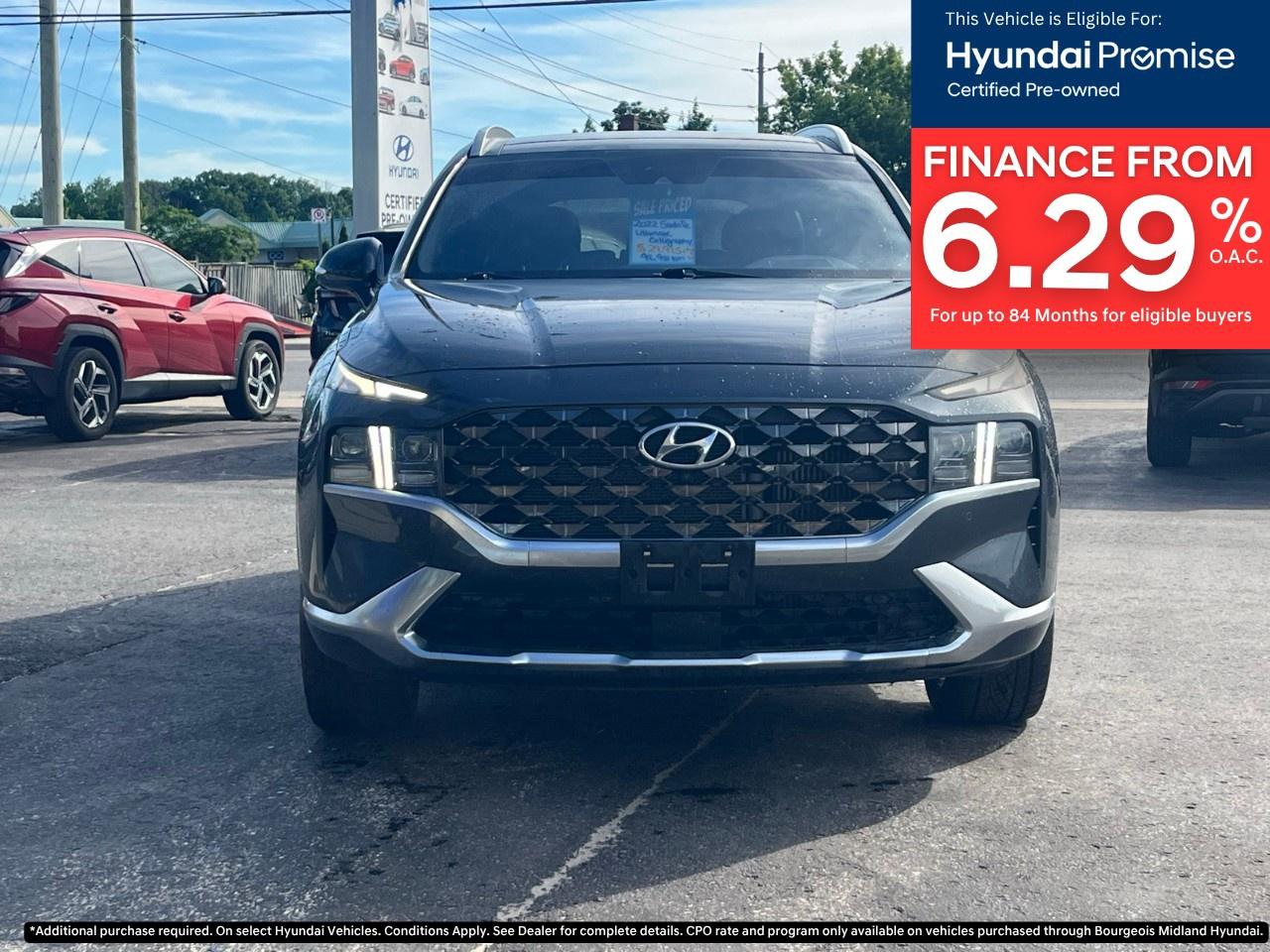 <p>Presenting the 2022 Hyundai Santa Fe Ultimate Calligraphy AWD in a striking blue finish. With an advanced all-wheel-drive system and automatic transmission, this SUV offers exceptional grip and confident handling on Canadian roads.</p><p>The exterior is adorned with sleek alloy wheels, while the spacious interior is a showcase of sophistication with black leather seats and a leather steering wheel. The vehicle ensures your comfort with features like heated and cooled front seats and a heated rear seat, while the dual-panel sunroof bathes the cabin in natural light.</p><p>Experience cutting-edge technology with the integrated navigation system, heads-up display, and smart device integration ensuring you stay connected wherever you go. Safety and convenience are paramount with features such as lane assist, brake assist, automatic parking, backup camera, adaptive cruise control, and parking sensors.</p><p>This SUV is perfect for families and adventure-seekers who value luxury and advanced safety features. Contact Bourgeois Midland Hyundai today for more details and take the Santa Fe Ultimate Calligraphy for a test drive!</p> <p><strong>Why Choose the Bourgeois Auto Group?</strong></p><p>For 80 years, Bourgeois Auto Group has been delivering exceptional automotive experiences. Our factor trained teams work to ensure you receive the shopping experience you deserve; whether you're looking for a new or new-to-you vehicle.</p><p>Shop 24/7 with our online showroom and chat service, ensuring convenience every step of the way. No hidden fees, full disclosure, and every pre-owned vehicle comes with a Carfax® report for peace of mind.</p><p>We offer a wide selection of pre-owned vehicles, all competitively priced using real-time market data. Get the best deal on your purchase and trade-in with our free Live Market Analysis report.</p><p>Looking to sell your car? We buy any make or modelno purchase required. Our simple to use online trade valuation tool will provide you with a clear, transparent selling experience whether you buy our car or not.</p><p>Backed by hundreds dedicated employees across 4 convenient locations, were here to meet all your automotive needs. Visit us in Midland or Parry Sound and explore our inventory or schedule your next service today.</p> <p><strong>Financing Your Next Vehicle with Bourgeois Midland Hyundai:</strong></p><p>At Bourgeois Midland Hyundai, we make financing your next vehicle simple and stress-free! Our team works with trusted lenders to find flexible options tailored to your budget. Drive away with confidenceapply today!</p><p>Take advantage of our online pre-qualification tool, backed by Equifax and TD Bank to find the payment that works for you. Simply <a href=https://www.bourgeoishyundai.com/pre-qualify-for-financing/ rel=nofollow><strong>CLICK HERE</strong></a> to use our secure online credit tool with no impact to your credit. </p>