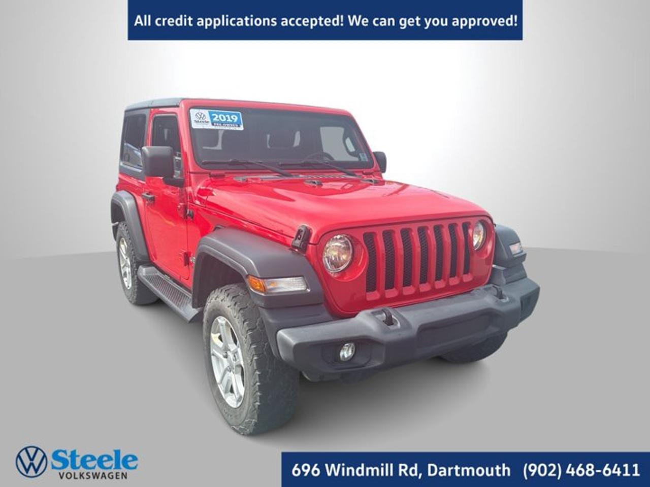 Recent Arrival!2019 Jeep Wrangler Sport S 2D Sport Utility Firecracker Red Clearcoat 4WD 8-Speed Automatic 2.0L I4 DOHCAt Steele Volkswagen, we have financing options available for all credit situations!.This 2019 Jeep Wrangler Sport S will not last long!! Call Now to reserve your Test Drive appointment!! 1-902-468-6411 or chat with us online at www.steelevw.ca.Awards:* 2019 KBB.com Our 10 Most Awarded Cars of 2019 * 2019 KBB.com 10 Coolest Cars Under $30,000 * 2019 KBB.com Best Resale Value Awards * 2019 KBB.com 10 Best SUVs Under $30,000 * 2019 KBB.com 5-Year Cost to Own Awards