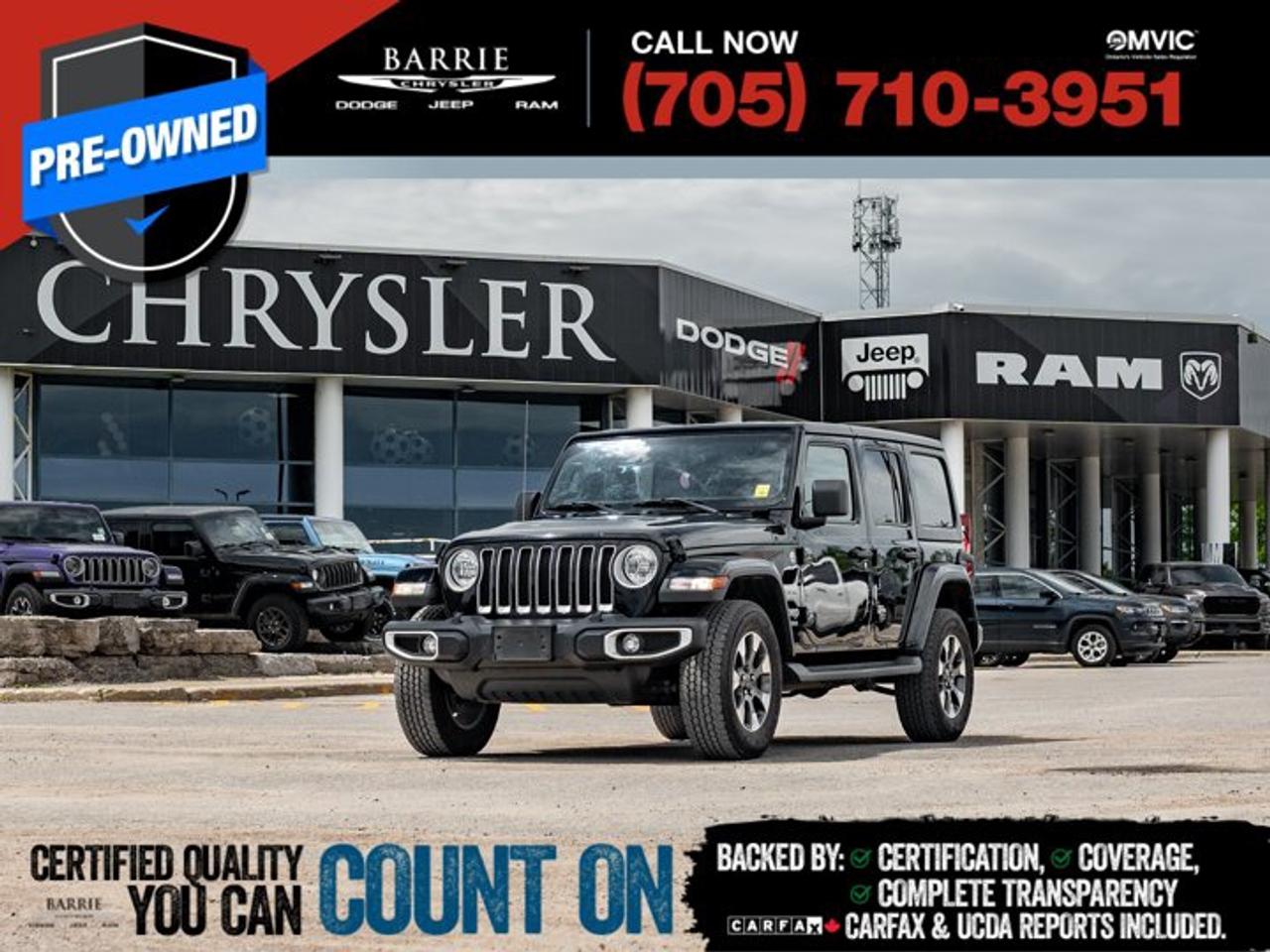 This vehicle is certified. You can trust that each certified vehicle goes through a 150-point inspection by our factory-trained master technicians. Our requirements exceed the provincial regulations of safety standards.With every detail disclosed and every standard met, confidence comes standard.Verified Vehicle History: CarFAX and UCDA reports included.Certified & Serviced: Oil, filters, and wipers replaced before delivery.Warranty You Can Trust: Up to 8 years or 200,000 KM of coverage.Finance Made Simple: Competitive rates for all credit profiles.Easy Exchange Program: Return within 7 days or 500 KM.Thank you for choosing Barrie Chrysler Dodge Jeep Ram, where the easy car-buying experience is all about you! Visit our expansive 50-car indoor showroom and view the hundreds of vehicles available, both on-site and off-site. We are located right in the heart of Barrie, on Dunlop St W, just off of Highway 400. - 395 Dunlop St W, Barrie, ON.We pay cash for cars, even if you don?t buy one from us!Black 2021 Jeep Wrangler Unlimited Sahara 4D Sport Utility Pentastar 3.6L V6 VVT 8-Speed Automatic 4WDWe utilize real-time third-party software to price our vehicles, ensuring they align with the daily average market price. For that reason, our vehicles are priced competitively.We have over 100 pre-owned vehicles available onsite, with extra off-site inventory available at all times. Prices are plus HST and licensing fee.