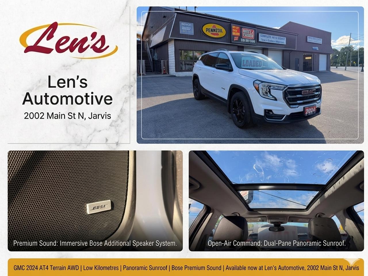 <p><strong>2024 GMC Terrain AT4 AWD | Low Kilometres | Clean Carfax | Safety Certified</strong></p><p>&nbsp;</p><p><strong>Take on every season with confidence in this rugged yet refined 2024 GMC Terrain AT4 AWD. Finished with exclusive AT4 styling, premium interior features, and enhanced all-weather capability, this Terrain is built for adventure while remaining comfortable enough for everyday driving.</strong></p><p>&nbsp;</p><p><strong>With low kilometres, a clean Carfax report, remaining factory warranty, and Safety Certification, this AT4 is ready for its next owner.</strong></p><p>&nbsp;</p><p><strong>⸻</strong></p><p>&nbsp;</p><p><strong>Vehicle Highlights:</strong></p><p>&nbsp;</p><ul><li><strong>All-Wheel Drive (AWD)</strong></li><li><strong>Exclusive AT4 Off-Road Suspension</strong></li><li><strong>Traction Select System with Off-Road Mode</strong></li><li><strong>Front Steel Skid Plate</strong></li><li><strong>Unique AT4 Black Chrome Exterior Accents</strong></li><li><strong>AT4 Exclusive 17&rdquo; Gloss Black Aluminum Wheels</strong></li><li><strong>Power Driver Seat</strong></li><li><strong>Premium Black Interior with AT4 Accents</strong></li><li><strong>Heated Front Seats</strong></li><li><strong>Heated Steering Wheel</strong></li><li><strong>Remote Start</strong></li><li><strong>Apple CarPlay & Android Auto</strong></li><li><strong>Backup Camera</strong></li><li><strong>GMC Premium Infotainment System</strong></li><li><strong>Bluetooth Connectivity</strong></li><li><strong>Dual-Zone Automatic Climate Control</strong></li><li><strong>Lane Keep Assist</strong></li><li><strong>Forward Collision Alert</strong></li><li><strong>Automatic Emergency Braking</strong></li><li><strong>Blind Spot Monitoring</strong></li><li><strong>Rear Cross Traffic Alert</strong></li><li><strong>Push Button Start</strong></li><li><strong>Keyless Entry</strong></li><li><strong>LED Headlights & Daytime Running Lights</strong></li><li><strong>Excellent Condition Inside & Out</strong></li></ul><p>&nbsp;</p><p><strong>⸻</strong></p><p>&nbsp;</p><p><strong>Ownership & Condition:</strong></p><p>&nbsp;</p><p>✔️<strong> Low Kilometres</strong></p><p>✔️<strong> Clean Carfax Report</strong></p><p>✔️<strong> Safety Certified</strong></p><p>✔️<strong> Exceptionally Clean Condition</strong></p><p>&nbsp;</p><p><strong>⸻</strong></p><p>&nbsp;</p><p><strong>Warranty Coverage:</strong></p><p>&nbsp;</p><p><strong>Enjoy remaining GM factory warranty coverage for added peace of mind:</strong></p><p>&nbsp;</p><ul><li><strong>Manufacturer Comprehensive Warranty: Until December 21, 2026 or 60,000 KM</strong></li><li><strong>Powertrain Warranty: Until December 21, 2028 or 100,000 KM</strong></li><li><strong>Extended Warranty Options Available</strong></li></ul><p>&nbsp;</p><p><strong>⸻</strong></p><p>&nbsp;</p><p><strong>Why Buy From Us?</strong></p><p>&nbsp;</p><p><strong>We&rsquo;re a trusted local dealership proudly serving our community for over 40 years, backed by 25+ five-star reviews. We believe in transparent pricing, quality vehicles, and outstanding customer service.</strong></p><p>&nbsp;</p><p><strong>⸻</strong></p><p>&nbsp;</p><p><strong>Additional Benefits:</strong></p><p>&nbsp;</p><ul><li><strong>Competitive & Flexible Financing Available</strong></li><li><strong>Trade-Ins Welcome</strong></li><li><strong>In-House Service Department</strong></li><li><strong>Rust Check Oil Undercoating Available</strong></li><li><strong>Extended Protection Plans Available</strong></li></ul><p>&nbsp;</p><p><strong>⸻</strong></p><p>&nbsp;</p><p>💰<strong> Priced at: $34,995 + Taxes & Licensing</strong></p><p>✔️<strong> Sold Safety Certified</strong></p>