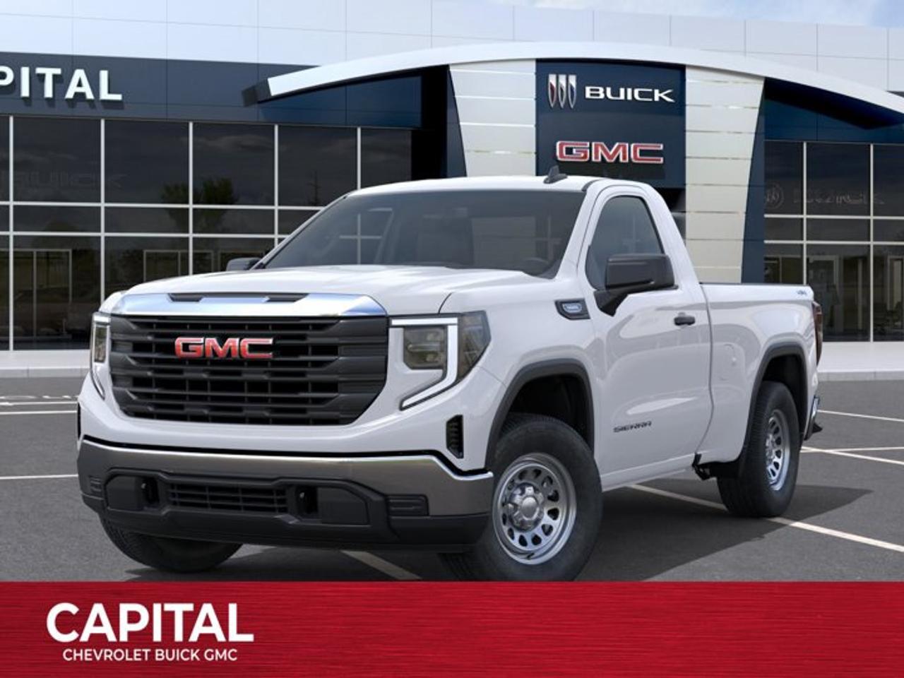 This GMC Sierra 1500 delivers a Turbocharged Gas I4 2.7L/166 engine powering this Automatic transmission. ENGINE, 2.7L TURBOMAX (310 hp [231 kW] @ 5600 rpm, 430 lb-ft of torque [583 Nm] @ 3000 rpm) Includes (KW5) 220-amp alternator.) (STD), Wireless, Apple CarPlay / Wireless Android Auto, Windows, power front, drivers express up/down.*This GMC Sierra 1500 Comes Equipped with These Options *Window, power front, passenger express down, Wi-Fi Hotspot capable (Terms and limitations apply. See onstar.ca or dealer for details.), Wheels, 17 x 8 (43.2 cm x 20.3 cm) painted steel, Silver, Wheel, 17 x 8 (43.2 cm x 20.3 cm) full-size, steel spare, USB Ports, 2, Charge/Data ports located on instrument panel, Transfer case, single speed, electronic Autotrac with push button control (4WD models only), Tires, 255/70R17 all-season, blackwall, Tire, spare 255/70R17 all-season, blackwall (Included with (QBN) 255/70R17 all-season, blackwall tires.), Tire Pressure Monitoring System, auto learn includes Tire Fill Alert (does not apply to spare tire), Tire carrier lock keyed cylinder lock that utilizes same key as ignition and door (Deleted with (ZW9) pickup bed delete.).* Stop By Today *Come in for a quick visit at Capital Chevrolet Buick GMC Inc., 13103 Lake Fraser Drive SE, Calgary, AB T2J 3H5 to claim your GMC Sierra 1500!