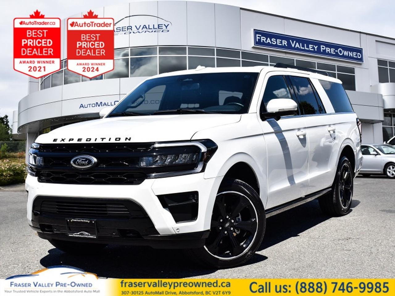 2023 FORD EXPEDITION MAX LIMITED STEALTH EDITION - MOONROOF - CAPTAIN SEATS - 22 BLACK WHEELS - NAV - LOADED
 
3.5L EcoBoost V6, 4x4, Limited Max, Stealth Edition Package, Moonroof, 2nd Row Captains Chairs, 3rd Row Power Fold, Navigation, Heated/Ventilated Front Seats, Adaptive Cruise, Pro Trailer Backup Assist, 22 Black Wheels
 
Fraser Valley Pre-Owned is proud to present this 2023 Ford Expedition Max Limited in Star White Metallic Tri-Coat with the Stealth Edition Package - a one-owner, accident-free, low-kilometre Expedition that simply has it all. The factory black accents, blacked-out headlamp housings, and 22 black painted wheels give this Expedition a presence that stands apart from anything else in the segment. Inside, you get the extended Max wheelbase for true three-row comfort, heated and ventilated leather captains chairs, a power moonroof, and Fords full Co-Pilot360 safety suite. Carfax Canada confirms this vehicle is accident free with consistent BC registration and normal branding throughout. This is a genuinely loaded, low-km Expedition Max ready for the next family that needs the space and the capability.
 
Highlights
 
2023 Ford Expedition Max Limited - Stealth Edition
Star White Metallic Tri-Coat exterior
Black Onyx leather-trimmed seats
31,614 km
3.5L EcoBoost V6 - 380HP
10-Speed automatic transmission
4x4
22 black painted aluminum wheels
Black headlamp accents
Active LED headlamps
Power deploy running boards
Moonroof with power sunshade
2nd row captains chairs
3rd row 60/40 power-fold seating
Heated and ventilated front seats
Heated leather-wrapped steering wheel
Power liftgate
Navigation - voice activated touchscreen
Apple CarPlay
Android Auto
SYNC 4 wireless connectivity
FordPass Connect 4G hotspot
Proximity keyless entry with push button start
Remote engine start
Adaptive cruise control
Pro Trailer Backup Assist
Heavy-duty trailer tow package
Trailer sway control
Blind spot monitoring with cross-traffic alert
Pre-collision assist with automatic emergency braking
Lane keeping assist and lane departure warning
Forward collision alert
Front and rear parking sensors
360-degree camera
Tri-zone automatic climate control
Wireless charging
Power adjustable pedals
 
Restoration Notes
 
Carfax Canada confirms this vehicle is accident free with consistent BC registration and normal branding throughout - no collisions, no structural concerns. Service history shows maintenance performed at Key West Ford in New Westminster. This Expedition Max presents and drives exactly as you would expect from a low-km, accident-free unit. Serviced and inspected to Fraser Valley Automall standards before hitting the lot.
 
Trades welcome.
 
Finance and warranty options available for all types of credit situations.
 
Dealership:
 
A loaded, low-km, accident-free Expedition Max with the Stealth Edition Package does not come around often - and when it does, it does not last long. Fraser Valley Pre-Owned is the only dedicated pre-owned store inside the Fraser Valley Automall, backed by multiple AutoTrader Lowest Priced Dealer awards and the 2025 and 2026 Canadian Consumer Choice Award for Pre-Owned Auto Dealership of the Year in Abbotsford. Come see this one in person - the photos genuinely do not do it justice.
 
307-30125 Auto Mall Drive, Abbotsford, BC V2T 6Y9
Fraser Valley Automall
www.fraservalleypreowned.ca
 
All finance/lender options available - cash purchases welcome
 
To apply right now for financing use this link: https://www.fraservalleypreowned.ca/abbotsford-car-loan-application-british-columbia
 

| Our Quality Guarantee: We maintain the highest standard of quality that is required for a Pre-Owned Dealership to operate in an Auto Mall. We provide an independent 360-degree inspection report through licensed 3rd Party mechanic shops. Thus, our customers can rest assured each vehicle will be a reliable, and responsible purchase.  |  Purchase Disclaimer: Your selected vehicle may have a differing finance and cash prices. When viewing our vehicles on third party  marketplaces, please click over to our website to verify the correct price for the vehicle. The Sale Price on third party websites will always reflect the Finance Price of our vehicles. If you are making a Cash Purchase, please refer to our website for the Cash Price of the vehicle.  | All prices are subject to and do not include, a $995 Finance Fee, a $995 Document Fee, and a $499 GPS Lot Pack. VSA Security Fee of $10 is applicable as we are a Certified VSA Dealer (#40190).  These fees as well as taxes, are included in all listed listed payment quotes. Please speak with Dealer for full details and exact numbers.  o~o