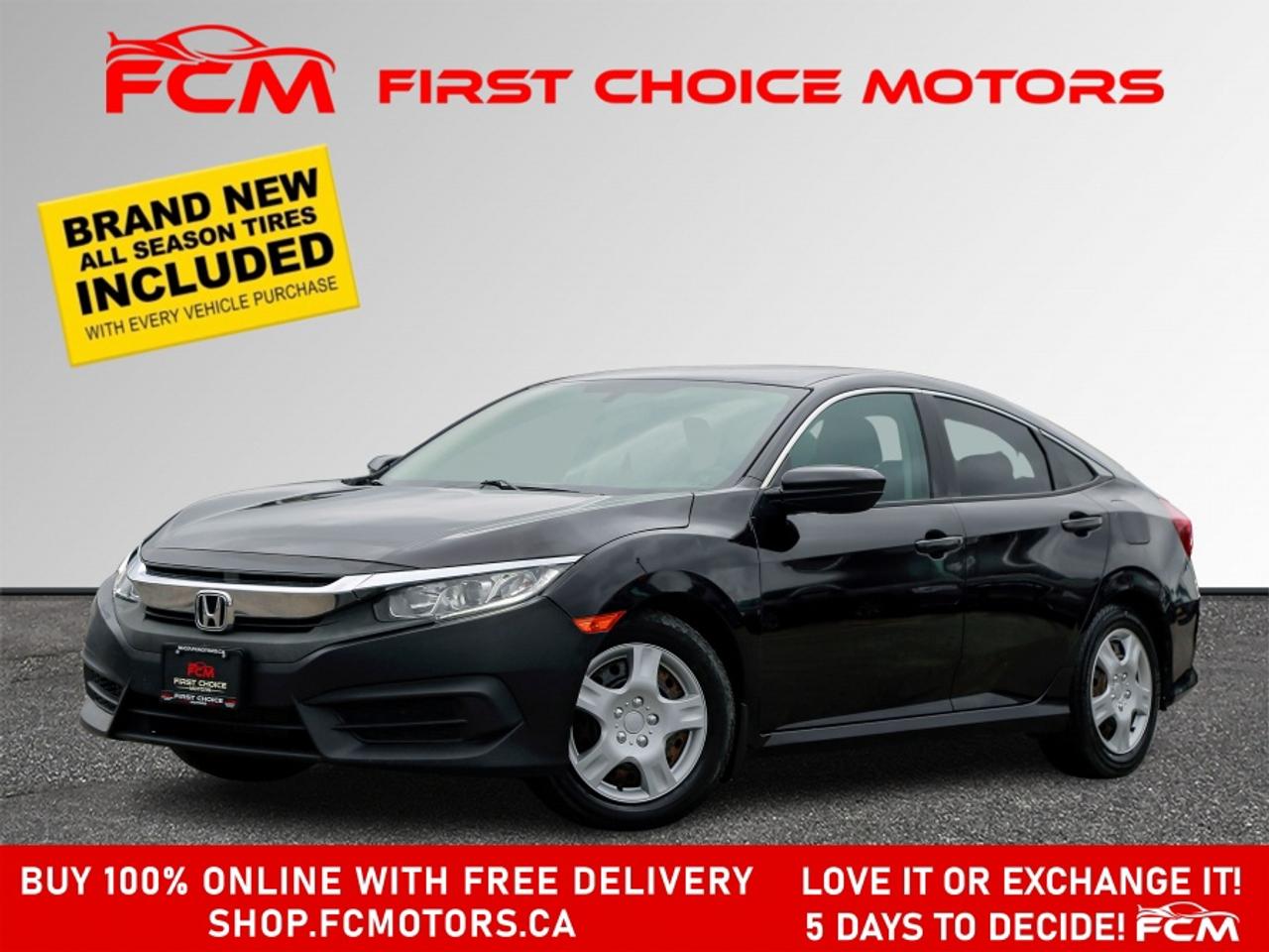 ** ** SPECIAL LIMITED TIME OFFER ** ** PURCHASE ANY VEHICLE THIS WEEK AND RECEIVE 4 BRAND-NEW ALL-SEASON TIRES AT NO ADDITIONAL COST!!! DON   T MISS THIS EXCLUSIVE CHANCE TO UPGRADE YOUR RIDE AND STAY PREPARED FOR ANY WEATHER!!! <br><br>EXCITING NEWS FROM FIRST CHOICE MOTORS! Our brand-new online showroom is now open to the public, bringing the ultimate car shopping experience right to your fingertips! Enjoy a 100% online car shopping experience, with over 500 certified vehicles in stock, comprehensive protection plans, and thousands of new auto parts & accessories available! Plus, for a limited time, were offering FREE deliveries across Ontario on all vehicle purchases! Dont miss out   visit Shop.fcmotors.ca to find and upgrade your perfect vehicle today!<br><br>Welcome to First Choice Motors, the largest car dealership in Toronto of pre-owned cars, SUVs, and vans priced between $5000-$15,000. With an impressive inventory of over 300 vehicles in stock, we are dedicated to providing our customers with a vast selection of affordable and reliable options. <br><br>Were thrilled to offer a used 2016 Honda Civic LX, black color with 170,000km (STK#10038) This vehicle was $12990 NOW ON SALE FOR $11990. It is equipped with the following features:<br>- Automatic Transmission<br>- Heated seats<br>- Bluetooth<br>- Apple CarPlay<br>- Reverse camera<br>- Alloy wheels<br>- Power windows<br>- Power locks<br>- Power mirrors<br>- Air Conditioning<br><br>At First Choice Motors, we believe in providing quality vehicles that our customers can depend on. All our vehicles come with a 36-day guarantee on all safety related items. We also offer additional warranty options up to 5 years for our customers who want extra peace of mind.<br><br>Furthermore, all our vehicles are sold fully certified with brand new brakes rotors and pads, a fresh oil change, and brand new set of all-season tires installed & balanced. You can be confident that this car is in excellent condition and ready to hit the road.<br><br>At First Choice Motors, we believe that everyone deserves a chance to own a reliable and affordable vehicle. Thats why we offer financing options with low interest rates starting at 7.9% O.A.C. Were proud to approve all customers, including those with bad credit, no credit, students, and even 9 socials. Our finance team is dedicated to finding the best financing option for you and making the car buying process as smooth and stress-free as possible.<br><br>Our dealership is open 7 days a week to provide you with the best customer service possible. We carry the largest selection of used vehicles for sale under $9990 in all of Ontario. We stock over 300 cars, mostly Hyundai, Chevrolet, Mazda, Honda, Volkswagen, Toyota, Ford, Dodge, Kia, Mitsubishi, Acura, Lexus, and more. With our ongoing sale, you can find your dream car at a price you can afford. Come visit us today and experience why we are the best choice for your next used car purchase!<br><br>All prices include $22.00 OMVIC Fee.  Excludes, license plates, ownership registration and ONTARIO HST (13%)<br>*No Credit Card payments can be accepted for Vehicle Purchases*